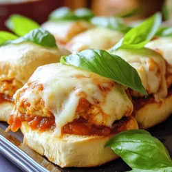 For these savory Chicken Parmesan sliders, you will need: - 1 lb ground chicken - 1/2 cup breadcrumbs - 1 cup marinara sauce These three ingredients form the heart of the dish. The ground chicken gives the sliders their protein. Breadcrumbs help bind everything together and add texture. Marinara sauce adds rich, tangy flavor. Next, we add cheese and some seasoning to boost the taste: - 1/4 cup grated Parmesan cheese - 1 cup shredded mozzarella cheese - 1 teaspoon garlic powder - 1 teaspoon onion powder - 1 teaspoon Italian seasoning - Salt and pepper to taste Parmesan cheese gives a nice salty bite, while mozzarella melts beautifully on top. Garlic, onion, and Italian seasoning add depth and warmth to the dish. Finally, we need a few more items: - 6 slider buns - Fresh basil leaves for garnish (optional) Slider buns are perfect for holding all the tasty goodness. Fresh basil adds a pop of color and a hint of freshness. For the full recipe, check the details. This dish is easy to make and packed with flavor! First, preheat the oven to 375°F (190°C). This helps the sliders bake evenly. Next, gather all your ingredients. You need ground chicken, breadcrumbs, Parmesan cheese, garlic powder, onion powder, Italian seasoning, salt, and pepper. Also, have slider buns, marinara sauce, and mozzarella cheese ready. It’s best to have everything close by as you cook. In a large bowl, mix the ground chicken with breadcrumbs. Add in the grated Parmesan cheese, garlic powder, onion powder, and Italian seasoning. Don’t forget to season with salt and pepper! Use your hands or a spoon to mix until everything is well combined. This is key for tasty patties. Now, shape the mixture into small patties. Aim for patties the size of your slider buns. In a large skillet, heat some oil over medium heat. Cook the patties for about 5 minutes on each side. They should be golden brown and fully cooked through. This gives them a nice crust and great flavor. Now it’s time to assemble your sliders. Place the slider buns on a baking sheet. On each bottom bun, add one cooked chicken patty. Spoon a generous amount of marinara sauce over the patties. Top with shredded mozzarella cheese. This will create that gooey, cheesy goodness everyone loves. Place the baking sheet in the oven and bake for 10-12 minutes. You want the cheese to melt and bubble. Once they look delicious, take them out. If you like, add fresh basil leaves on top for a nice touch. Enjoy your Chicken Parmesan Sliders! For more details, check the Full Recipe. To make great chicken Parmesan sliders, shape your patties evenly. Uniform patties cook better and stay juicy. Aim for each patty to match the size of your slider buns. This helps with even cooking and presentation. Keep your heat at medium to avoid burning the outside while the inside cooks. Pairing marinara sauce with your sliders is key. Use a rich, flavorful marinara for the best taste. I love using homemade sauce for extra freshness, but store-bought works too. Heat the sauce before serving to keep it warm. Drizzle some extra sauce over the sliders for a delicious finish. Think about what to serve with your sliders. A fresh salad pairs well, adding crunch and color. You can also serve sweet potato fries for a tasty side. If you want to add a garnish, fresh basil leaves add a burst of flavor. They also make your sliders look beautiful. For a fun twist, serve the sliders with a side of garlic knots. These tips will make your meal even more enjoyable. Enjoy your cooking! {{image_2}} You can swap ground chicken for ground turkey. Turkey has a lighter taste. It works well in this recipe. If you want a vegetarian option, use chickpeas or lentils. They give a nice texture. You may also try store-bought veggie patties. Just make sure they fit your slider buns. To spice things up, add red pepper flakes or smoked paprika. These spices bring heat and depth. You can also try different cheeses. Swap mozzarella for provolone or fontina. Each cheese adds a unique flavor. Mixing cheeses can create a richer taste. Make your sliders a full meal with sides. Pair them with a fresh salad or sweet potato fries. You can also serve with garlic bread for extra flavor. For a fun twist, add pickles or coleslaw on the side. This adds crunch and tang to your meal. Check the Full Recipe for more ideas on sides. To store leftover sliders, let them cool first. Place the sliders in an airtight container. You can keep them in the fridge for up to three days. If you want to eat them later, do not add marinara sauce until you are ready to heat them. This keeps the buns from getting soggy. For freezing, wrap each slider tightly in plastic wrap. Then, put them in a freezer-safe bag. Make sure to remove as much air as possible. You can freeze these sliders for up to three months. To reheat, thaw them overnight in the fridge. Then bake at 350°F (175°C) for about 15-20 minutes. This warms them and keeps the buns soft. Chicken Parmesan Sliders can last up to three days in the fridge. If frozen, they can last for about three months. After that, the sliders may lose flavor and texture. For the best taste, enjoy them within this time frame. For the full recipe, refer back to the earlier section. What can I substitute for ground chicken in this recipe? You can use ground turkey in place of ground chicken. It has a similar taste and texture. If you want a vegetarian option, try using lentils or chickpeas. Just mash them well and mix with the other ingredients. This keeps the sliders tasty and fun. How do I know when the chicken patties are fully cooked? To check if the chicken patties are done, use a meat thermometer. Insert it into the center of a patty. The safe temperature is 165°F (75°C). If you don't have a thermometer, cut a patty in half. The meat should be white, not pink. Can I use gluten-free breadcrumbs for this recipe? Yes, you can use gluten-free breadcrumbs. They work well and keep the sliders intact. Many brands offer gluten-free options that taste great. Plus, they help you enjoy this dish without gluten. For the full recipe, check out the earlier sections. These Chicken Parmesan Sliders are a fun dish to make and share. We explored the key ingredients like ground chicken, marinara sauce, and cheese. You learned how to mix and cook the patties, assemble the sliders, and bake them perfectly. I shared tips on how to store leftovers and variations to keep things fresh. Now you can enjoy these tasty sliders at your next meal. Try them with your favorite sides or customize them for your taste. Enjoy cooking!