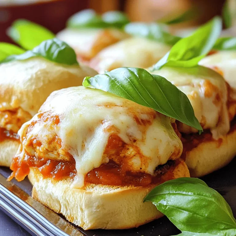 For these savory Chicken Parmesan sliders, you will need: - 1 lb ground chicken - 1/2 cup breadcrumbs - 1 cup marinara sauce These three ingredients form the heart of the dish. The ground chicken gives the sliders their protein. Breadcrumbs help bind everything together and add texture. Marinara sauce adds rich, tangy flavor. Next, we add cheese and some seasoning to boost the taste: - 1/4 cup grated Parmesan cheese - 1 cup shredded mozzarella cheese - 1 teaspoon garlic powder - 1 teaspoon onion powder - 1 teaspoon Italian seasoning - Salt and pepper to taste Parmesan cheese gives a nice salty bite, while mozzarella melts beautifully on top. Garlic, onion, and Italian seasoning add depth and warmth to the dish. Finally, we need a few more items: - 6 slider buns - Fresh basil leaves for garnish (optional) Slider buns are perfect for holding all the tasty goodness. Fresh basil adds a pop of color and a hint of freshness. For the full recipe, check the details. This dish is easy to make and packed with flavor! First, preheat the oven to 375°F (190°C). This helps the sliders bake evenly. Next, gather all your ingredients. You need ground chicken, breadcrumbs, Parmesan cheese, garlic powder, onion powder, Italian seasoning, salt, and pepper. Also, have slider buns, marinara sauce, and mozzarella cheese ready. It’s best to have everything close by as you cook. In a large bowl, mix the ground chicken with breadcrumbs. Add in the grated Parmesan cheese, garlic powder, onion powder, and Italian seasoning. Don’t forget to season with salt and pepper! Use your hands or a spoon to mix until everything is well combined. This is key for tasty patties. Now, shape the mixture into small patties. Aim for patties the size of your slider buns. In a large skillet, heat some oil over medium heat. Cook the patties for about 5 minutes on each side. They should be golden brown and fully cooked through. This gives them a nice crust and great flavor. Now it’s time to assemble your sliders. Place the slider buns on a baking sheet. On each bottom bun, add one cooked chicken patty. Spoon a generous amount of marinara sauce over the patties. Top with shredded mozzarella cheese. This will create that gooey, cheesy goodness everyone loves. Place the baking sheet in the oven and bake for 10-12 minutes. You want the cheese to melt and bubble. Once they look delicious, take them out. If you like, add fresh basil leaves on top for a nice touch. Enjoy your Chicken Parmesan Sliders! For more details, check the Full Recipe. To make great chicken Parmesan sliders, shape your patties evenly. Uniform patties cook better and stay juicy. Aim for each patty to match the size of your slider buns. This helps with even cooking and presentation. Keep your heat at medium to avoid burning the outside while the inside cooks. Pairing marinara sauce with your sliders is key. Use a rich, flavorful marinara for the best taste. I love using homemade sauce for extra freshness, but store-bought works too. Heat the sauce before serving to keep it warm. Drizzle some extra sauce over the sliders for a delicious finish. Think about what to serve with your sliders. A fresh salad pairs well, adding crunch and color. You can also serve sweet potato fries for a tasty side. If you want to add a garnish, fresh basil leaves add a burst of flavor. They also make your sliders look beautiful. For a fun twist, serve the sliders with a side of garlic knots. These tips will make your meal even more enjoyable. Enjoy your cooking! {{image_2}} You can swap ground chicken for ground turkey. Turkey has a lighter taste. It works well in this recipe. If you want a vegetarian option, use chickpeas or lentils. They give a nice texture. You may also try store-bought veggie patties. Just make sure they fit your slider buns. To spice things up, add red pepper flakes or smoked paprika. These spices bring heat and depth. You can also try different cheeses. Swap mozzarella for provolone or fontina. Each cheese adds a unique flavor. Mixing cheeses can create a richer taste. Make your sliders a full meal with sides. Pair them with a fresh salad or sweet potato fries. You can also serve with garlic bread for extra flavor. For a fun twist, add pickles or coleslaw on the side. This adds crunch and tang to your meal. Check the Full Recipe for more ideas on sides. To store leftover sliders, let them cool first. Place the sliders in an airtight container. You can keep them in the fridge for up to three days. If you want to eat them later, do not add marinara sauce until you are ready to heat them. This keeps the buns from getting soggy. For freezing, wrap each slider tightly in plastic wrap. Then, put them in a freezer-safe bag. Make sure to remove as much air as possible. You can freeze these sliders for up to three months. To reheat, thaw them overnight in the fridge. Then bake at 350°F (175°C) for about 15-20 minutes. This warms them and keeps the buns soft. Chicken Parmesan Sliders can last up to three days in the fridge. If frozen, they can last for about three months. After that, the sliders may lose flavor and texture. For the best taste, enjoy them within this time frame. For the full recipe, refer back to the earlier section. What can I substitute for ground chicken in this recipe? You can use ground turkey in place of ground chicken. It has a similar taste and texture. If you want a vegetarian option, try using lentils or chickpeas. Just mash them well and mix with the other ingredients. This keeps the sliders tasty and fun. How do I know when the chicken patties are fully cooked? To check if the chicken patties are done, use a meat thermometer. Insert it into the center of a patty. The safe temperature is 165°F (75°C). If you don't have a thermometer, cut a patty in half. The meat should be white, not pink. Can I use gluten-free breadcrumbs for this recipe? Yes, you can use gluten-free breadcrumbs. They work well and keep the sliders intact. Many brands offer gluten-free options that taste great. Plus, they help you enjoy this dish without gluten. For the full recipe, check out the earlier sections. These Chicken Parmesan Sliders are a fun dish to make and share. We explored the key ingredients like ground chicken, marinara sauce, and cheese. You learned how to mix and cook the patties, assemble the sliders, and bake them perfectly. I shared tips on how to store leftovers and variations to keep things fresh. Now you can enjoy these tasty sliders at your next meal. Try them with your favorite sides or customize them for your taste. Enjoy cooking!