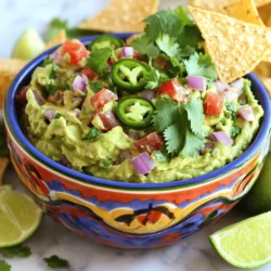 - 3 ripe avocados - 1 small red onion, finely chopped - 1 medium tomato, diced - 1-2 jalapeños, seeded and minced - 2 cloves garlic, minced - Juice of 2 limes - 1/4 cup fresh cilantro, chopped - Salt and pepper to taste - Optional: 1/4 teaspoon cumin To make great guacamole, you need the right ingredients. I recommend using ripe avocados. They should feel soft when you press them gently. If they are hard, they are not ready yet. - Checking color and firmness: Look for dark green or black skin. Press gently; it should yield slightly. - How to tell if an avocado is ripe: If the stem comes off easily and is green underneath, it’s ripe. - Storing avocados for optimal ripeness: If you have hard avocados, leave them on the counter. Once they ripen, store them in the fridge to keep them fresh longer. These tips help you pick the best avocados for your easy guacamole recipe. Enjoy making this creamy delight! Don't forget to check the Full Recipe for all the details. To start, cut the avocados in half. Use a knife to carefully slice around the pit. Once you reach the pit, twist to separate the halves. Remove the pit with a spoon or knife. Then, scoop the green flesh into a medium mixing bowl. Make sure to get all the good stuff! Now it's time to mash! You can use a fork or a potato masher. If you want it creamy, mash until smooth. For a chunkier guacamole, leave some bits. This gives a nice texture. Keep mashing until you reach your desired creaminess. Next, let's add flavor! Toss in the chopped red onion, diced tomato, minced jalapeños, and minced garlic. These ingredients bring freshness and crunch. Squeeze the juice of two limes over the mix. Lime adds a bright taste and keeps the guacamole green. Finally, sprinkle with chopped cilantro, salt, and pepper. If you like, add cumin for an extra kick. Gently mix everything together. Be careful not to over-mash; we want a great texture! Taste your guacamole and adjust if needed. More lime? A little extra salt? It’s up to you! Enjoy your delicious guacamole with tortilla chips or on tacos. For the full recipe, check the recipe link. To get creamy guacamole, don't over-mash the avocados. Start with a fork or potato masher. Mash gently until you see small lumps. This helps keep the texture nice. For chunkiness, mix in diced tomatoes and onions last. This way, you keep their shape and add a nice bite to your guacamole. Want a kick? Add jalapeños! Seed and mince one or two, depending on your spice level. If you like it mild, just use one. For a warm, earthy taste, try adding 1/4 teaspoon of cumin. This gives your guacamole a unique twist. Mix these extras in after you combine the main ingredients. Serve your guacamole in a bright bowl. It looks more inviting. Add a few whole cilantro leaves on top. This adds color and freshness. Place lime wedges on the side for a nice touch. This way, guests can squeeze more lime over their serving. Enjoy your guacamole with crispy tortilla chips or use it as a tasty topping for tacos. For the full recipe, check out the Creamy Avocado Fiesta Guacamole. {{image_2}} You can easily change the taste of guacamole. Adding fruit like pineapple or mango gives it a sweet twist. Just chop the fruit and mix it in. It adds a fresh flavor that many love. For those who like spicy food, add more chilies. You can adjust the heat by using more or fewer jalapeños. This way, you make guacamole that suits your taste. Guacamole is naturally vegan and gluten-free. This makes it a great option for many diets. If you are watching your sodium, you can cut back on salt. Use fresh lime juice for flavor instead. If you want, you can also use salt substitutes. This way, you can enjoy guacamole without worrying. Guacamole pairs well with many dishes. It goes perfectly with tortilla chips for a snack. Try it as a topping on tacos for added creaminess. You can also add it to salads for a fresh taste. It brightens up any meal. For the best experience, serve guacamole in a colorful bowl. Garnish with whole cilantro leaves and lime wedges. This makes your dish look even more inviting. Check out the Full Recipe for more details! To keep your guacamole fresh, store it in an airtight container. Press plastic wrap directly onto the surface before sealing. This method limits air exposure, helping to slow browning. Place the container in the fridge right after making it. Fresh guacamole tastes best within two days. If you plan to keep it longer, consider freezing it. Freezing guacamole is easy. First, prepare your guacamole according to the Full Recipe. Then, spoon it into a freezer-safe container, leaving space at the top for expansion. Seal the container tightly. Label it with the date. When you want to use it, thaw the guacamole in the fridge overnight. Stir well before serving to restore its creamy texture. Check your guacamole for signs of spoilage. If it turns brown, it may still be safe, but the taste changes. If you see mold or smell anything off, it’s best to toss it. Always trust your senses. If it doesn’t look or smell fresh, don’t eat it. Enjoy your guacamole at its best! To keep guacamole bright and green, limit air exposure. Here are some tips: - Add lime juice right after making it. The acid helps slow browning. - Cover the guacamole with plastic wrap. Press the wrap directly onto the surface. - Store it in an airtight container. This helps keep air out. - If you have extra pits, place them in the guacamole. They can help too. Yes, you can prepare guacamole in advance. Here are some suggestions: - Make it a few hours before serving. This gives it time to chill. - To keep it fresh, use lime juice and cover it tightly. - If you need to make it a day ahead, follow the same tips to prevent browning. Guacamole pairs well with many snacks and meals. Here are some ideas: - Tortilla chips are a classic choice. They add crunch to the creamy guacamole. - Use it as a topping for tacos or burritos for extra flavor. - Serve it alongside fresh veggies like carrots and bell peppers. - Spread it on sandwiches or wraps for a tasty twist. - Add it to salads for a creamy dressing. For the full recipe, check out my Creamy Avocado Fiesta Guacamole. You now have all the tools to make delicious guacamole. You learned about the key ingredients, how to pick ripe avocados, and steps to prepare and combine them. Remember to mix carefully for the right texture. Explore different flavors and adjust to your taste. With the right storage tips, your guacamole can stay fresh. Enjoy this tasty dip with your favorite snacks or meals. Get ready to impress friends and family with your homemade guacamole!