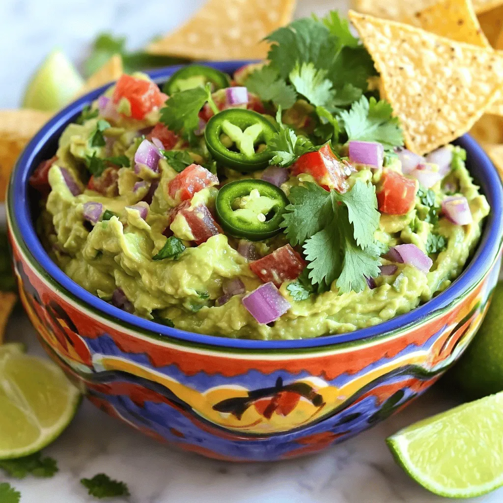 - 3 ripe avocados - 1 small red onion, finely chopped - 1 medium tomato, diced - 1-2 jalapeños, seeded and minced - 2 cloves garlic, minced - Juice of 2 limes - 1/4 cup fresh cilantro, chopped - Salt and pepper to taste - Optional: 1/4 teaspoon cumin To make great guacamole, you need the right ingredients. I recommend using ripe avocados. They should feel soft when you press them gently. If they are hard, they are not ready yet. - Checking color and firmness: Look for dark green or black skin. Press gently; it should yield slightly. - How to tell if an avocado is ripe: If the stem comes off easily and is green underneath, it’s ripe. - Storing avocados for optimal ripeness: If you have hard avocados, leave them on the counter. Once they ripen, store them in the fridge to keep them fresh longer. These tips help you pick the best avocados for your easy guacamole recipe. Enjoy making this creamy delight! Don't forget to check the Full Recipe for all the details. To start, cut the avocados in half. Use a knife to carefully slice around the pit. Once you reach the pit, twist to separate the halves. Remove the pit with a spoon or knife. Then, scoop the green flesh into a medium mixing bowl. Make sure to get all the good stuff! Now it's time to mash! You can use a fork or a potato masher. If you want it creamy, mash until smooth. For a chunkier guacamole, leave some bits. This gives a nice texture. Keep mashing until you reach your desired creaminess. Next, let's add flavor! Toss in the chopped red onion, diced tomato, minced jalapeños, and minced garlic. These ingredients bring freshness and crunch. Squeeze the juice of two limes over the mix. Lime adds a bright taste and keeps the guacamole green. Finally, sprinkle with chopped cilantro, salt, and pepper. If you like, add cumin for an extra kick. Gently mix everything together. Be careful not to over-mash; we want a great texture! Taste your guacamole and adjust if needed. More lime? A little extra salt? It’s up to you! Enjoy your delicious guacamole with tortilla chips or on tacos. For the full recipe, check the recipe link. To get creamy guacamole, don't over-mash the avocados. Start with a fork or potato masher. Mash gently until you see small lumps. This helps keep the texture nice. For chunkiness, mix in diced tomatoes and onions last. This way, you keep their shape and add a nice bite to your guacamole. Want a kick? Add jalapeños! Seed and mince one or two, depending on your spice level. If you like it mild, just use one. For a warm, earthy taste, try adding 1/4 teaspoon of cumin. This gives your guacamole a unique twist. Mix these extras in after you combine the main ingredients. Serve your guacamole in a bright bowl. It looks more inviting. Add a few whole cilantro leaves on top. This adds color and freshness. Place lime wedges on the side for a nice touch. This way, guests can squeeze more lime over their serving. Enjoy your guacamole with crispy tortilla chips or use it as a tasty topping for tacos. For the full recipe, check out the Creamy Avocado Fiesta Guacamole. {{image_2}} You can easily change the taste of guacamole. Adding fruit like pineapple or mango gives it a sweet twist. Just chop the fruit and mix it in. It adds a fresh flavor that many love. For those who like spicy food, add more chilies. You can adjust the heat by using more or fewer jalapeños. This way, you make guacamole that suits your taste. Guacamole is naturally vegan and gluten-free. This makes it a great option for many diets. If you are watching your sodium, you can cut back on salt. Use fresh lime juice for flavor instead. If you want, you can also use salt substitutes. This way, you can enjoy guacamole without worrying. Guacamole pairs well with many dishes. It goes perfectly with tortilla chips for a snack. Try it as a topping on tacos for added creaminess. You can also add it to salads for a fresh taste. It brightens up any meal. For the best experience, serve guacamole in a colorful bowl. Garnish with whole cilantro leaves and lime wedges. This makes your dish look even more inviting. Check out the Full Recipe for more details! To keep your guacamole fresh, store it in an airtight container. Press plastic wrap directly onto the surface before sealing. This method limits air exposure, helping to slow browning. Place the container in the fridge right after making it. Fresh guacamole tastes best within two days. If you plan to keep it longer, consider freezing it. Freezing guacamole is easy. First, prepare your guacamole according to the Full Recipe. Then, spoon it into a freezer-safe container, leaving space at the top for expansion. Seal the container tightly. Label it with the date. When you want to use it, thaw the guacamole in the fridge overnight. Stir well before serving to restore its creamy texture. Check your guacamole for signs of spoilage. If it turns brown, it may still be safe, but the taste changes. If you see mold or smell anything off, it’s best to toss it. Always trust your senses. If it doesn’t look or smell fresh, don’t eat it. Enjoy your guacamole at its best! To keep guacamole bright and green, limit air exposure. Here are some tips: - Add lime juice right after making it. The acid helps slow browning. - Cover the guacamole with plastic wrap. Press the wrap directly onto the surface. - Store it in an airtight container. This helps keep air out. - If you have extra pits, place them in the guacamole. They can help too. Yes, you can prepare guacamole in advance. Here are some suggestions: - Make it a few hours before serving. This gives it time to chill. - To keep it fresh, use lime juice and cover it tightly. - If you need to make it a day ahead, follow the same tips to prevent browning. Guacamole pairs well with many snacks and meals. Here are some ideas: - Tortilla chips are a classic choice. They add crunch to the creamy guacamole. - Use it as a topping for tacos or burritos for extra flavor. - Serve it alongside fresh veggies like carrots and bell peppers. - Spread it on sandwiches or wraps for a tasty twist. - Add it to salads for a creamy dressing. For the full recipe, check out my Creamy Avocado Fiesta Guacamole. You now have all the tools to make delicious guacamole. You learned about the key ingredients, how to pick ripe avocados, and steps to prepare and combine them. Remember to mix carefully for the right texture. Explore different flavors and adjust to your taste. With the right storage tips, your guacamole can stay fresh. Enjoy this tasty dip with your favorite snacks or meals. Get ready to impress friends and family with your homemade guacamole!