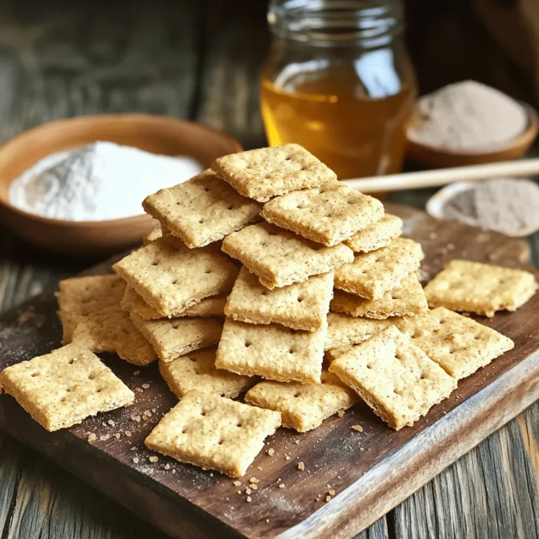 - 1 ½ cups whole wheat flour - ½ cup all-purpose flour - ½ cup brown sugar, packed - 1 teaspoon baking powder - ½ teaspoon baking soda - ¼ teaspoon salt - ½ teaspoon cinnamon - ½ cup unsalted butter, softened - ¼ cup honey - 1 teaspoon vanilla extract - 3-4 tablespoons milk (as needed) Gathering the right ingredients is the first step to making perfect homemade graham crackers. Whole wheat flour gives them their signature taste and texture. All-purpose flour adds a lightness that balances well. Brown sugar adds sweetness and moisture. Baking powder and baking soda help the crackers rise slightly. Salt enhances all the flavors, while cinnamon adds warmth. Softened butter makes the dough rich and tender. Honey brings a natural sweetness and helps bind the dough. Lastly, vanilla extract adds depth to the flavor. - Mixing bowls - Rolling pin - Baking sheet - Parchment paper - Fork Having the right tools makes the process easy. You will need mixing bowls to combine your ingredients. A rolling pin helps flatten the dough to the right thickness. A baking sheet lined with parchment paper prevents sticking. Finally, a fork is essential for pricking the crackers before baking. With these ingredients and tools, you are all set to create your own homemade graham crackers. For the full recipe, check out the detailed instructions in the next section! - Step 1: Combine dry ingredients First, grab a large mixing bowl. In it, whisk together 1 ½ cups of whole wheat flour, ½ cup of all-purpose flour, ½ cup of packed brown sugar, 1 teaspoon of baking powder, ½ teaspoon of baking soda, ¼ teaspoon of salt, and ½ teaspoon of cinnamon. Mix these until they blend well. - Step 2: Cream the butter and wet ingredients In another bowl, cream ½ cup of softened unsalted butter. Add ¼ cup of honey and 1 teaspoon of vanilla extract. Mix these until the mixture is smooth and fluffy. This step is key for flavor. - Step 3: Forming the dough Gradually add the dry ingredients to the butter mixture. Mix until it becomes crumbly. Then add 3-4 tablespoons of milk, one tablespoon at a time. Keep mixing until the dough comes together but isn’t sticky. Divide the dough into two portions and wrap each in plastic. Refrigerate for at least 30 minutes. This helps the dough firm up. - Step 4: Rolling out the dough Once chilled, take one portion of dough from the fridge. On a floured surface, roll it out to about 1/8 inch thick. Make sure it’s even for best results. - Step 5: Cutting into shapes Use a knife or cookie cutter to cut the rolled dough into your desired shapes, like squares or rectangles. This is where you can get creative! - Step 6: Preparing for baking Place the cut crackers onto a baking sheet lined with parchment paper. Use a fork to prick them lightly. This step keeps them from puffing up while baking. - Step 7: Preheat the oven Preheat your oven to 350°F (175°C). This ensures even baking and helps develop a nice golden color. - Step 8: Bake and cool down Bake the crackers for 12-15 minutes. Look for edges that are golden and crackers that feel firm. Once done, let them cool on a wire rack. This step is crucial for getting that perfect crunch. - Using the right type of flour: Whole wheat flour gives your graham crackers a nutty taste. This flour also adds a nice chewiness. All-purpose flour balances it well, making the texture just right. The mix of both creates a perfect bite. - The importance of chilling the dough: Chilling the dough is key. This step makes it easier to roll out. It also helps the crackers hold their shape while baking. Aim for at least 30 minutes in the fridge. This small wait will pay off with great texture! - Adding spices: Want to spice things up? Try adding a pinch of nutmeg or ginger. These spices can add warmth and depth to your crackers. Just a sprinkle can transform the flavor! - Incorporating chocolate or nuts: For a decadent twist, fold in some chocolate chips or chopped nuts. Chocolate adds sweetness and richness, while nuts add crunch. These additions make your graham crackers even more special. - Not overworking the dough: Be careful when mixing. Overworking the dough can make your crackers tough. Mix just until combined for a light and crunchy result. - Correct oven temperature: Always preheat your oven to 350°F. An accurate temperature ensures even baking. If it’s too hot, your crackers may burn. If too cool, they won’t crisp up well. Keep an eye on them while they bake. {{image_2}} You can make healthy graham crackers too! For a gluten-free version, use almond flour or a gluten-free flour blend. This keeps the taste while catering to those with gluten issues. For sugar-free options, try using stevia or monk fruit sweetener. These alternatives keep your crackers sweet without the added sugar. Want to switch things up? Try chocolate graham crackers! Just mix in cocoa powder with the dry ingredients. You can also add chocolate chips for a double chocolate treat. Another fun flavor is cinnamon raisin. Add raisins and a bit more cinnamon to the dough for a flavorful twist. Graham crackers shine with s'mores. Just add roasted marshmallows and chocolate between two pieces. You can also use these crackers as a base for desserts. They make a great crust for cheesecakes or pie. Just crush them up and mix them with melted butter for a simple crust. For the full recipe, check out the original instructions above. To store your homemade graham crackers, use airtight containers. This keeps them fresh and crunchy. Make sure the crackers cool completely before sealing them. You can also freeze them for longer storage. Wrap them tightly in plastic wrap, then place them in a freezer bag. This helps prevent freezer burn. At room temperature, your homemade graham crackers last about a week. Keep them in a cool, dry place. If you freeze them, they can last for up to three months. Just remember to label your bags with the date. If your crackers become stale, you can bring back their crunch. Preheat your oven to 350°F (175°C). Place the stale crackers on a baking sheet. Bake them for about 5 minutes. Check them often to avoid burning. Let them cool before enjoying again. They should taste fresh and crisp! To make homemade graham crackers, follow these steps: 1. Combine dry ingredients: In a large bowl, mix whole wheat flour, all-purpose flour, brown sugar, baking powder, baking soda, salt, and cinnamon. 2. Cream the butter: In another bowl, beat softened butter, honey, and vanilla until smooth. 3. Mix together: Gradually add the dry mix to the butter mix until crumbly. 4. Form the dough: Add milk one tablespoon at a time until the dough is just right. 5. Chill the dough: Split it in two, wrap in plastic, and chill for 30 minutes. 6. Roll out the dough: On a floured surface, roll each part to 1/8 inch thick. 7. Cut shapes: Use a knife or cookie cutter to cut into squares or rectangles. 8. Bake: Place on a baking sheet, prick with a fork, and bake at 350°F for 12-15 minutes until golden. 9. Cool: Let them cool on a wire rack. For the full recipe, check the details provided above. Homemade graham crackers are great for many uses. They make a perfect snack on their own. You can also use them for: - S'mores: Pair them with chocolate and marshmallows over a campfire. - Dessert crusts: Crush them for cheesecake or pie crusts. - Toppings: Crumble over yogurt or ice cream for a nice crunch. - Sweet treats: Spread nut butter or cream cheese on top for a tasty bite. Yes, you can freeze homemade graham crackers. Here are some tips: - Cool completely: Allow them to cool before freezing. - Use airtight containers: Store them in a freezer-safe bag or container to keep them fresh. - Label and date: Write the date on the bag for easy tracking. - Freeze for up to three months: They stay good in the freezer for a while. Graham crackers have an interesting past. They were created in the early 19th century by Sylvester Graham, a dietary reformer. He believed in healthy eating and created these crackers as a wholesome snack. Made from whole wheat flour, they were part of a healthy diet. Today, they are enjoyed worldwide, often in desserts and snacks. In this post, we explored the journey of making homemade graham crackers. We covered ingredients, tools, and step-by-step instructions. We also discussed tips for perfect texture and flavor variations. Lastly, we outlined storage methods and answered common questions. Creating graham crackers at home is fun and rewarding. You can customize them to your taste. Enjoy experimenting with flavors and share your tasty treats! Happy baking!
