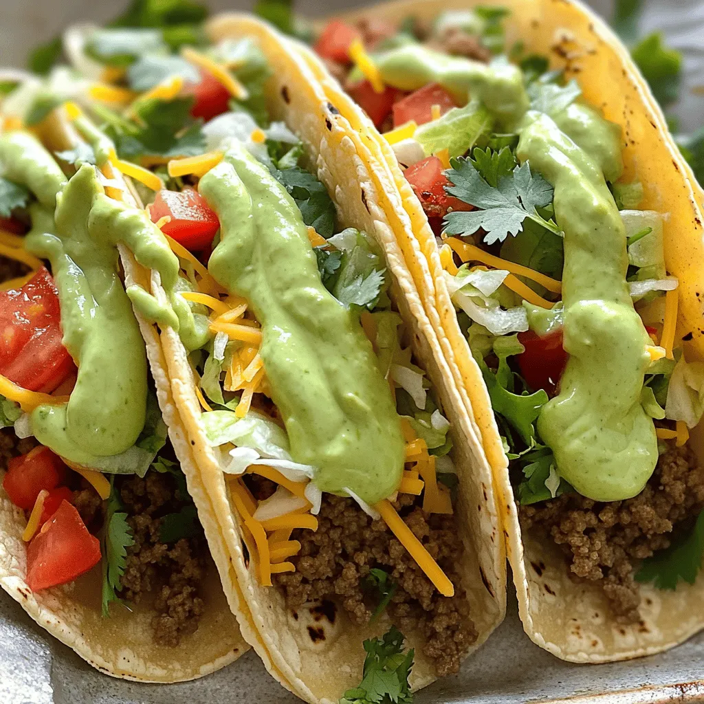 - 1 lb ground beef - 1 tablespoon olive oil - 1 small onion, finely chopped - 2 cloves garlic, minced - 1 tablespoon chili powder - 1 teaspoon cumin - 1 teaspoon smoked paprika - Salt and pepper, to taste - 8 taco shells (corn or flour) - 1 cup shredded lettuce - 1 cup diced tomatoes - 1/2 cup shredded cheese (cheddar or Mexican blend) - 1/4 cup fresh cilantro, chopped Beef tacos start with ground beef. I like to use 80/20 beef for the best flavor. The fat gives moisture and richness. You also need onion and garlic for aroma and taste. Chili powder, cumin, and smoked paprika bring warmth. The taco shells can be corn or flour. I often choose corn for a crunch. You can top your tacos with fresh lettuce, tomatoes, and cheese. Cilantro adds a fresh note. - 1 ripe avocado - 1/2 cup sour cream or Greek yogurt - 1 tablespoon lime juice - Salt and pepper, to taste The star of the show is the avocado for the crema. A ripe avocado gives a creamy texture. I suggest using sour cream for tang. You can swap in Greek yogurt for a lighter option. Lime juice adds brightness, while salt and pepper enhance the flavor. For the full recipe, you can explore the details and enjoy making this delicious dish! Start by heating one tablespoon of olive oil in a large skillet over medium heat. Add one small, finely chopped onion and two minced garlic cloves. Sauté these for about three to four minutes until they turn soft and see-through. Next, add one pound of ground beef to the skillet. Cook this until it browns, breaking it up as you stir. Once the beef is cooked, drain any extra fat from the skillet. Now, it's time to make the beef tasty! Mix in one tablespoon of chili powder, one teaspoon of cumin, and one teaspoon of smoked paprika. These spices add great flavor to your beef. Cook this mixture for an extra two to three minutes to let the spices blend well with the meat. Don't forget to add salt and pepper to taste. In a blender or bowl, combine one ripe avocado, half a cup of sour cream or Greek yogurt, and one tablespoon of lime juice. Add a pinch of salt and pepper. Blend or mash these until you get a smooth and creamy texture. Taste it and adjust the seasoning as needed. This avocado crema will be the perfect cool topping for your tacos. Warm your taco shells in the oven or microwave, following the package instructions. Once warm, fill each taco shell with a generous amount of the seasoned beef mixture. Top your tacos with shredded lettuce, diced tomatoes, and shredded cheese. Finally, add a dollop of your avocado crema and sprinkle fresh cilantro on top for a pop of color. For the full recipe, check out the details above! Choosing the right ground beef is key. Aim for 80/20 ground beef. This mix has enough fat for flavor but isn't too greasy. You want juicy, tasty tacos. Avoid lean ground beef; it lacks flavor and moisture. For delicious seasoning, start with fresh spices. Use chili powder, cumin, and smoked paprika. Mix these into the meat as it cooks. This method helps the flavors blend well. Don't forget to taste as you go. Adjust salt and pepper to your liking. To make your avocado crema extra flavorful, use ripe avocados. They should be soft to the touch. Add lime juice for a zesty kick. You can also mix in garlic powder or chopped cilantro. These ingredients enhance the flavor. For variations, try adding hot sauce or diced jalapeños. You can blend in fresh herbs like basil or mint. Each twist adds a unique taste to the crema, making it a fun addition to your tacos. The best sides to accompany beef tacos are rice and beans. They add good texture and balance the meal. You can also serve tortilla chips and salsa for a crunchy contrast. For creative ways to serve tacos at gatherings, try taco bars. Set up a table with all your toppings. Let guests build their own tacos. It's a fun and interactive way to enjoy this meal. You can find the full recipe for these delicious tacos in the earlier sections of this article. {{image_2}} You can easily switch out ground beef for chicken or turkey. These meats cook quickly and taste great. Simply season them as you would the beef. For a vegetarian option, try using black beans or lentils. Both options are hearty and packed with flavor. Just mash the beans or cook the lentils and spice them up. You’ll enjoy a tasty taco without meat. Tacos come in many styles. You can choose soft or hard-shell tacos. Soft shells are great for holding all your toppings. Hard shells add a nice crunch. If you're feeling adventurous, try making street tacos. These are smaller and often just have meat, onions, and cilantro. They are simple but full of flavor. Toppings can change your taco game. Think about adding pickled onions for a tangy kick. Jalapeños can add heat if you like spice. Different cheeses can also elevate your tacos. Cheddar is classic, but try queso fresco for a fresh taste. You can mix and match toppings to make each taco unique. For the full recipe, check out the Beef Tacos with Avocado Crema. To store leftover tacos, you need to keep the beef and shells separate. This way, your taco shells stay crisp. Place any leftover cooked beef in an airtight container. It keeps well in the fridge for up to three days. For taco shells, store them in a cool, dry place. If they get soft, you can crisp them in the oven for a few minutes before serving. You can freeze avocado crema if you have extra. Pour it into an airtight container or a freezer bag. Make sure to remove as much air as possible. This helps prevent freezer burn. When you’re ready to use it, thaw it in the fridge overnight. It may change texture a bit, but it will still taste great. Use frozen crema within three months for the best flavor. When reheating beef tacos, do it gently. You can use the microwave, but cover them with a damp paper towel. This keeps them from drying out. Heat in short bursts, checking often. Alternatively, warm them in the oven at a low temperature. This method keeps the beef juicy and the shells crisp. You can use Greek yogurt instead of sour cream. It gives a similar taste and creaminess. If you want a dairy-free option, use coconut milk or silken tofu. Both blend well and keep the texture smooth. These alternatives work great in avocado crema. Yes, you can prep tacos ahead of time. Cook the beef and store it in the fridge. You can also make the avocado crema a day in advance. This saves time on taco night. Keep the taco shells separate to avoid sogginess. Assemble the tacos just before serving for the best taste. Serve beef tacos with classic sides like rice and beans. You can also add a fresh salad or corn on the cob. For modern options, try grilled veggies or a fruit salsa. These sides complement the beef tacos well and add flavor to your meal. Beef tacos are simple and fun to make. You need key ingredients like ground beef, onion, and taco shells. Add a creamy avocado sauce for extra flavor. We went through easy steps for cooking beef, blending crema, and assembling tacos. Remember to explore different proteins and toppings. Tacos can fit any taste. Store leftovers well for quick meals. With these tips, your taco nights will impress. Enjoy every bite!