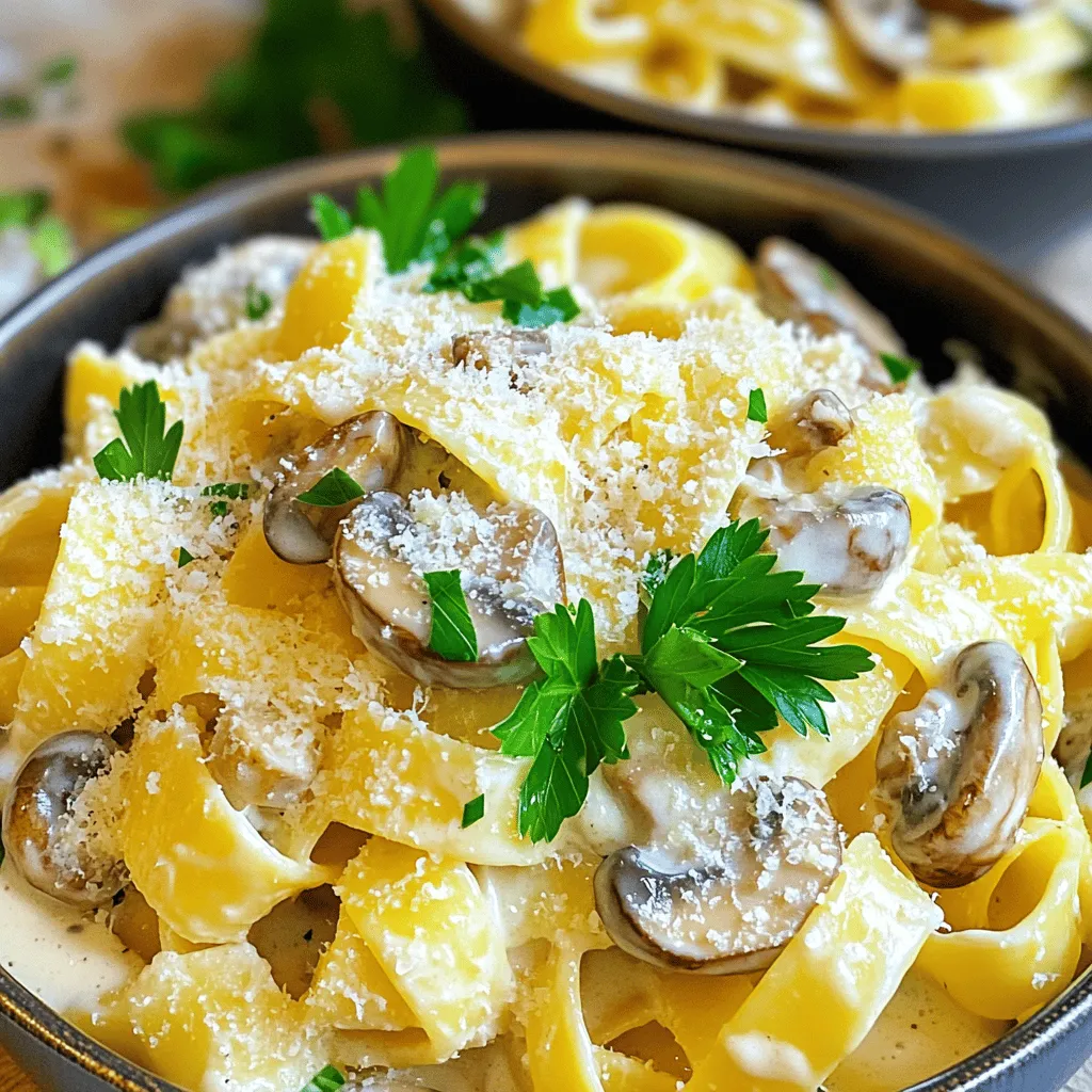 - 8 oz fettuccine or pasta of choice - 2 tablespoons olive oil - 3 cups mushrooms, sliced (button or cremini) - 4 cloves garlic, minced - 1 teaspoon dried thyme - 1 cup heavy cream - ½ cup grated Parmesan cheese - Salt and pepper to taste - Fresh parsley, chopped (for garnish) The main ingredients for this dish make it rich and creamy. The pasta serves as a base, while mushrooms bring earthy flavors. Garlic adds a punch, and thyme gives a nice herbal note. Heavy cream creates that silky texture we all love. Parmesan cheese adds depth and umami. Fresh parsley brightens the dish, making it look even better. If you want to switch things up, try different pasta shapes like penne or rigatoni. For a vegan option, use cashew cream or coconut milk instead of heavy cream. Nutritional yeast can replace Parmesan cheese, giving you that cheesy flavor without dairy. These swaps keep the dish tasty while fitting your diet. Measuring ingredients accurately is key to great meals. Too much or too little can change flavors and textures. Always use a kitchen scale for the best results. Prep ingredients ahead of time to save time while cooking. Chop your mushrooms and garlic before you begin. This helps everything cook evenly and speeds up your cooking process. To cook the pasta, start with a large pot. Fill it with water and add salt. Bring the water to a rolling boil. Add 8 oz of your chosen pasta, like fettuccine. Cook according to the package instructions until it is al dente. This means the pasta should be firm but not hard. Remember to reserve about ½ cup of pasta water before draining. This starchy water helps thicken the sauce later. For the best mushrooms, use a large skillet. Heat 2 tablespoons of olive oil over medium-high heat. Add the sliced mushrooms. Sauté them for about 5-7 minutes until they turn golden brown. This browning adds flavor. If the mushrooms release too much moisture, increase the heat. This helps them brown instead of steam. Keep an eye on them for the best texture. Once the mushrooms are ready, add 4 cloves of minced garlic and 1 teaspoon of dried thyme. Cook this mix for 1-2 minutes until it smells great. Then, lower the heat and add 1 cup of heavy cream. Stir it well and let it simmer for 2-3 minutes. This allows the sauce to thicken a bit. Next, add ½ cup of grated Parmesan cheese. Stir until it melts into the sauce. If your sauce seems too thick, gradually add some reserved pasta water until it's just right. Finally, toss in the cooked pasta, coating it fully in the creamy sauce. Season with salt and pepper to taste. Enjoy the creamy garlic mushroom pasta! For the full recipe, check the recipe section. To boost the taste of your creamy garlic mushroom pasta, use fresh herbs like parsley or thyme. Fresh herbs add a bright flavor that dried herbs can't match. If you use dried herbs, just remember they are stronger, so use less. A pinch will do! For added depth, sprinkle in some red pepper flakes or a squeeze of lemon juice. They bring a nice kick and balance the creaminess. You can also try adding a dash of nutmeg for warmth and richness. This pasta pairs well with a simple salad or crusty bread. A side of garlic bread enhances the garlic flavor too! When serving, use deep bowls for a cozy look. Drizzle a bit of extra cream on top and add fresh parsley for color. A little more grated Parmesan on top makes it feel fancy! If your sauce is too thick, add some of the reserved pasta water a little at a time. This will help loosen it up. If the sauce is too thin, let it simmer a bit longer to thicken. If your dish lacks flavor, add more salt and pepper. A sprinkle of cheese can also amp up the taste. Don’t be shy to adjust seasonings until it tastes just right! {{image_2}} You can easily change the dish by adding protein. Chicken or shrimp work great in this creamy garlic mushroom pasta. Just cook the protein before adding the mushrooms. This keeps it juicy and tasty. For a vegetarian option, think about adding spinach or sun-dried tomatoes. These ingredients give your pasta a fresh twist. Spinach adds color and nutrients, while sun-dried tomatoes bring a tangy flavor. Both options make the dish even more delicious. If you need gluten-free options, use gluten-free pasta. Many brands offer great choices that taste just as good. You won’t lose the creamy texture with these alternatives. To make it lighter, swap heavy cream for half-and-half. This keeps the sauce creamy but cuts some calories. You still get a rich flavor without feeling too heavy. For an Italian twist, add some Italian herbs like basil or oregano. These enhance the dish's flavor and bring a taste of Italy to your table. You can also try Asian noodle adaptations. Use rice noodles instead of traditional pasta. This change gives your dish a unique flair. Top it with sesame seeds for added crunch. Feel free to explore these variations to make the dish your own! For the full recipe, check out the detailed steps and tips. To keep your creamy garlic mushroom pasta fresh, store leftovers in the fridge. Place it in an airtight container. This helps keep the flavors strong and the pasta moist. You can use glass or plastic containers, but glass is best for avoiding stains and odors. When reheating, keep the sauce creamy and smooth. Use the stovetop for the best results. Place the pasta in a pan over low heat. Add a splash of water or cream to help loosen the sauce. Stir often until it warms through. If using a microwave, heat in short bursts. Stir in between to avoid hot spots. You can freeze creamy pasta dishes, but it needs care. Divide your pasta into portions and place them in freezer-safe bags. Remove as much air as possible. When ready to eat, thaw in the fridge overnight. Reheat on the stovetop with a little added cream or water for best results. This keeps the sauce from separating. Creamy Garlic Mushroom Pasta can last about 3 to 5 days in the fridge. It is best to store it in an airtight container. Before eating, check for any signs of spoilage, like off-smells or changes in texture. If you see these signs, it’s best to toss it. To keep it fresh, cool the pasta to room temperature before sealing it up. Yes, you can make this recipe ahead of time! Cook the pasta and sauce separately, then mix just before serving. This helps keep the pasta from getting soggy. Store the pasta and sauce in separate containers in the fridge. When you are ready to eat, just heat the sauce on the stove and toss it with the pasta. You can add a splash of reserved pasta water to help it come together. Definitely! Creamy Garlic Mushroom Pasta is great for meal planning. You can prepare it in bulk and divide it into portions. Pack it in containers for easy grab-and-go meals. Pair it with a side salad or steamed veggies for a complete meal. This dish reheats well, making it a perfect choice for lunch or dinner throughout the week. For the full recipe, check out the details above. In this post, we explored how to make a delicious creamy garlic mushroom pasta from scratch. I shared key ingredients, cooking tips, and helpful storage advice. Remember, accurate measurements and techniques make a big difference. Don't hesitate to swap in your favorite ingredients to make it your own. With these tips, you can create a dish that's not only tasty but also easy to prepare. Whether for a quick meal or a special occasion, you'll impress everyone at the table. Enjoy every bite of your creation!