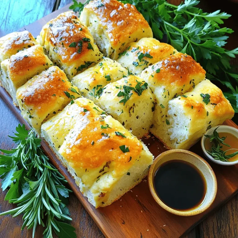 - 3 cups all-purpose flour - 2 ¼ teaspoons instant yeast - 1 teaspoon sugar - 1 teaspoon salt - 1 cup warm water - 4 tablespoons unsalted butter - 4 cloves garlic - Fresh herbs: parsley, rosemary, thyme - ½ teaspoon black pepper - Additional seasoning options for customization Gathering the right ingredients is key. For the main part, you need three cups of all-purpose flour. This flour gives the bread its lovely texture. You also need 2 ¼ teaspoons of instant yeast. This yeast helps the dough rise. Remember, one packet is about this amount. Add one teaspoon of sugar to feed the yeast. A teaspoon of salt is important for taste. Lastly, use one cup of warm water to activate the yeast. Warm water should be about 110°F. Now, let’s talk about flavor. You will want four tablespoons of unsalted butter. This makes the bread rich and tasty. Four cloves of garlic bring a strong and savory flavor. Fresh herbs, like parsley, rosemary, and thyme, add freshness. You can mix and match these herbs based on your taste. For seasoning, half a teaspoon of black pepper adds a nice kick. You can also get creative with other spices. Think about adding red pepper flakes or even some cheese for extra flavor. With these ingredients, you are set to make delicious Garlic Herb Pull Apart Bread. For the complete recipe, check the Full Recipe link. First, gather your ingredients. In a large mixing bowl, mix 1 cup of warm water, 1 teaspoon of sugar, and 2 ¼ teaspoons of instant yeast. Let it sit for about 5 minutes. You want it to get frothy. This means the yeast is ready to work! Next, add 3 cups of all-purpose flour, 1 teaspoon of salt, and 4 tablespoons of melted butter to the yeast mix. Stir until a dough begins to form. It will look a bit shaggy but that’s okay. Now, it’s time to knead! Transfer the dough to a floured surface. Knead it for about 5 to 7 minutes. You want the dough to be smooth and elastic. If it sticks to your hands, just sprinkle a bit more flour. After kneading, place the dough in a greased bowl. Cover it with a kitchen towel. Let it rise in a warm area for about 1 hour or until it doubles in size. This step is key for soft bread! Once the dough has risen, punch it down gently. Turn it out onto a floured surface. Divide the dough into 24 small balls. Each ball should be about the size of a golf ball. In a small bowl, mix 4 cloves of minced garlic, 2 tablespoons of chopped parsley, 1 tablespoon of chopped rosemary, 1 tablespoon of chopped thyme, and ½ teaspoon of black pepper. Add the remaining 2 tablespoons of melted butter to this mix. Now, dip each dough ball in the garlic herb mixture. Make sure each ball gets well-coated. Stack them in a greased bundt or loaf pan, layering them as you go. Cover the pan again with a towel and let it rise for another 30 minutes while you preheat the oven to 375°F (190°C). You’re almost there! Once the dough has risen, bake for 25 to 30 minutes until golden brown. Enjoy the warm, savory aroma filling your kitchen! - Achieving the perfect rise For a great rise, use warm water. The water should be about 110°F. It activates the yeast well. Make sure to let the dough rise in a warm, draft-free spot. Covering the bowl with a towel helps keep it warm. - Ensuring an even bake Preheat your oven to 375°F. This step is key for even baking. Use a dark pan for a lovely, golden color. If the top browns too fast, cover it loosely with foil. This keeps the bread soft while it finishes baking. - Best ways to present Garlic Herb Pull Apart Bread Serve the bread on a wooden board. This gives it a rustic look. You can place a small bowl of olive oil and balsamic vinegar next to it. This way, guests can dunk their pieces right in. - Suggested dips and accompaniments Try serving it with a garlic aioli or a creamy herb dip. These pair nicely with the bread's flavors. You can also add a light salad for a fresh contrast. - Dough that doesn't rise If your dough does not rise, the yeast might be old. Always check the expiration date. Also, make sure the water temperature is correct. Too hot can kill the yeast. - Overbaking tips To avoid overbaking, keep an eye on the bread. It should be golden brown. If you poke it, it should feel firm but springy. An instant-read thermometer can help too. The center should reach about 190°F. For more details on how to make this delicious Garlic Herb Pull Apart Bread, check out the Full Recipe! {{image_2}} You can make this bread even tastier with a few simple changes. Adding cheese can create a rich flavor. Mozzarella or cheddar works well. You can also try mixing in different herbs. Basil, oregano, or thyme can add new tastes. Another fun option is to add sun-dried tomatoes. They bring a sweet and tangy flavor. Just chop them up and mix them in with your garlic herb blend. You can really get creative here and use what you love! If you need gluten-free bread, you can use a gluten-free flour mix. Look for a blend that works for baking. It will help you get the right texture. Make sure to add a bit of extra yeast for a good rise. For a vegan option, swap out the butter for coconut oil or a plant-based butter. This keeps the bread moist and adds flavor. You can also use almond milk instead of regular milk if you want a richer taste. This pull apart bread is so versatile! You can use it to make sandwiches. Just pull apart the pieces and fill them with your favorite meats or veggies. It also makes a great side for any meal. Serve it with soups or salads. Dip it in olive oil or balsamic vinegar for a tasty twist. This bread is not just a treat; it can be part of your meal! For the full recipe, visit the [Full Recipe]. To keep your garlic herb pull apart bread fresh, store it properly. Wrap the leftover bread in plastic wrap or foil. This helps keep moisture in and prevents it from getting stale. You can also place it in an airtight container. If you want to keep it longer, put it in the fridge. Just remember that cold air can dry it out. So, wrap it well to keep its soft texture. When you're ready to enjoy your bread again, reheating is key. For the best texture, use the oven. Preheat it to 350°F (175°C). Place the bread on a baking sheet and cover it with foil. Heat for about 10-15 minutes. This keeps it warm and crusty. You can use the microwave, too, but be careful. It can make the bread chewy if you heat it too long. Heat it in short bursts of 15 seconds until warm. At room temperature, your garlic herb pull apart bread lasts about 2 to 3 days. Keep it in a cool, dry place away from direct sunlight. If you want to store it longer, consider freezing. Wrap it tightly in plastic wrap and then in foil. It can last up to 3 months in the freezer. When you’re ready to eat it, just thaw it overnight in the fridge. Then, reheat it as mentioned above for great taste. For the full recipe, check out the main section. Yes, you can prepare the dough in advance. After you mix and knead the dough, let it rise as usual. Then, you can shape it into balls and layer them in the pan. Cover the pan tightly with plastic wrap. You can keep it in the fridge overnight. The next day, let it rise for about 30 minutes before baking. This saves time and makes for a quick bake. Yes, you can freeze the dough. After you shape the dough into balls, place them in a single layer on a baking sheet. Freeze the balls until hard, then transfer them to a freezer bag. When you want to bake, take out the desired amount and let them thaw in the fridge overnight. Once thawed, allow them to rise for 30 minutes before baking. This method keeps the bread fresh and tasty. This bread pairs well with many dishes. Here are some great options: - Soups like tomato or minestrone - Salads, especially Caesar or mixed greens - Pasta, especially with garlic or cream sauces - A small bowl of olive oil and balsamic vinegar for dipping - Grilled meats or roasted veggies Check the bread at the end of the baking time. It should be golden brown on top. You can touch it lightly; it should feel firm and spring back. If it sounds hollow when tapped, it is ready. If it is still soft, bake for a few more minutes. These tests help ensure your bread is perfectly baked. Making Garlic Herb Pull Apart Bread is easy and fun. You start with simple ingredients like flour and yeast, then mix in flavor with garlic and herbs. After preparing the dough, it's all about proper kneading and rising. I shared tips for baking it just right and ideas for serving. Don't forget the variations to suit your taste! Store leftovers appropriately to enjoy later. With this guide, you can master this delicious bread and impress anyone you serve it to. Enjoy the process and get creative in your kitchen!