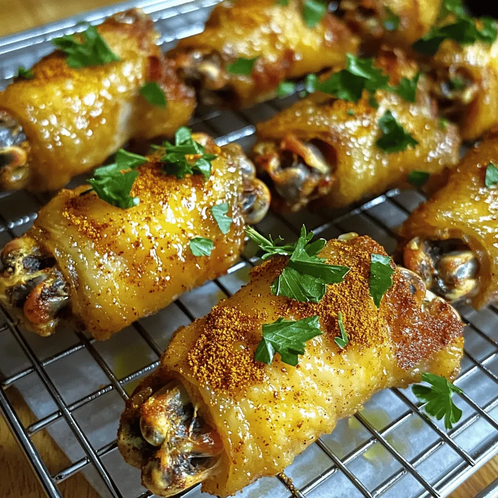 To make crispy baked chicken wings, you need a few key ingredients. Here’s what you’ll need: - 2 lbs chicken wings, separated into flats and drumettes - 2 tablespoons baking powder - 1 teaspoon salt - 1 teaspoon garlic powder - 1 teaspoon onion powder - 1 teaspoon smoked paprika - ½ teaspoon black pepper - ½ teaspoon cayenne pepper (adjust to taste) - 3 tablespoons olive oil - Fresh chopped parsley for garnish These ingredients bring out all the flavors in the wings. The baking powder is key for that crunchy skin. You can add some optional ingredients too. They can enhance your wings even more: - 1 tablespoon honey (for a touch of sweetness) - 1 tablespoon soy sauce (for a savory kick) - Fresh herbs like thyme or rosemary (for an aromatic touch) These extras can give your wings a unique twist. Feel free to experiment! You’ll need a few tools to make this recipe easier: - Baking sheet lined with aluminum foil - Wire rack to elevate the wings - Large mixing bowl for combining ingredients - Paper towels for drying wings These tools help ensure the wings cook evenly and get nice and crispy. Having them ready makes the process smooth. For the full recipe, check out the detailed instructions above. First, preheat your oven to 425°F (220°C). This high heat helps make the wings crispy. Next, line a baking sheet with aluminum foil for easy cleanup. Place a wire rack on top. The rack lets the fat drip off and keeps the wings crispy. In a large bowl, combine the baking powder, salt, garlic powder, onion powder, smoked paprika, black pepper, and cayenne pepper. Stir well to mix all the spices evenly. This spice rub gives the wings their tasty flavor. Pat the chicken wings dry with paper towels. This step is key for crispiness. After they are dry, toss the wings in the spice mixture. Make sure each wing is coated well. Then, drizzle the olive oil over the wings and toss again. This helps the spices stick and adds flavor. Arrange the wings in a single layer on the wire rack. Make sure they are not touching. Bake the wings in the preheated oven for 40-45 minutes. Flip them halfway through to ensure even cooking. They should turn golden brown and crispy. Once baked, let them rest for a few minutes. Finally, garnish with fresh chopped parsley before serving. For the full recipe, check the earlier section. To get that perfect crispy skin, start by drying the wings well. Use paper towels to remove moisture. This step is key! Next, coat the wings with baking powder and spices. Baking powder raises the pH of the skin, helping it crisp up nicely. Place the wings on a wire rack over a lined baking sheet. This allows air to circulate and fat to drip away. Bake them at 425°F for about 40-45 minutes. Flip them halfway to ensure even cooking. One common mistake is skipping the drying step. Wet wings will not crisp up well. Another mistake is overcrowding the baking sheet. If the wings touch, they will steam instead of crisp. Make sure they are in a single layer. Also, don't skip the baking powder. It’s essential for that crunch you want. Finally, avoid opening the oven too often. Each time you do, heat escapes, which can ruin your crispiness. Feel free to play with the spices! If you love heat, add more cayenne or some chili powder. For a smoky flavor, try adding chipotle powder. You can also swap the smoked paprika for regular paprika for a milder taste. Herbs like thyme or rosemary can add a fresh twist. Experiment with lemon zest for a zingy touch. The beauty of chicken wings is in their versatility, so have fun mixing your favorite flavors! For the full recipe, check the details above. {{image_2}} If you love heat, try adding more cayenne or crushed red pepper to your spice mix. You can also toss the wings in hot sauce after baking. This adds a kick that heat lovers crave. For an even spicier treat, use a spicy chili powder. Each bite will make your taste buds dance. Buffalo sauce is a classic for chicken wings. After baking, toss your wings in a mix of melted butter and hot sauce. BBQ sauce offers a sweet twist. Brush it on your wings during the last few minutes of baking. This gives them a sticky, flavorful glaze. Both options make the wings extra tasty. Air frying is a great way to enjoy crispy wings with less oil. It cooks them faster and makes them crispy without the need for deep frying. If you prefer baking, stick with the oven method. Both methods yield delicious results, so choose what works for you. For the best texture, follow the Full Recipe for guidance. You can store leftover chicken wings in an airtight container. Place them in the fridge for up to four days. Make sure they cool down before you seal them up. This keeps them fresh and tasty. If you want to keep them longer, consider freezing. When reheating chicken wings, use the oven for best results. Preheat your oven to 350°F (175°C). Place the wings on a baking sheet. Bake for about 10-15 minutes. This method helps keep the crispiness. You can also use a microwave, but they may not stay crispy. If you do use the microwave, cover them with a paper towel to avoid splatters. To freeze chicken wings, wrap them well in plastic wrap or foil. Place them in a freezer-safe bag. They can last for up to three months in the freezer. When you’re ready to eat them, thaw in the fridge overnight. This keeps them safe and flavorful. Reheat them in the oven for the best taste. For more details, check the Full Recipe for crispy baked chicken wings! To get the crispiest chicken wings, bake them for 40 to 45 minutes at 425°F (220°C). Flip them halfway through the cook time for even crispiness. The high heat allows the skin to brown and become crunchy. Yes, you can use frozen chicken wings. However, make sure to thaw them first. You can do this by placing them in the fridge overnight or using cold water for a quicker thaw. Pat them dry well before seasoning to ensure they crisp up nicely. A simple spice mix works best. You can use: - 2 tablespoons baking powder - 1 teaspoon salt - 1 teaspoon garlic powder - 1 teaspoon onion powder - 1 teaspoon smoked paprika - ½ teaspoon black pepper - ½ teaspoon cayenne pepper (adjust to taste) Mix these ingredients well and toss the wings until they are fully coated. To reduce grease, use a wire rack while baking. This helps the fat drip away from the wings. Also, pat them dry before seasoning. This step removes excess moisture and leads to a crispier finish. Many sauces complement baked chicken wings. Here are a few favorites: - Ranch dressing - Blue cheese dressing - BBQ sauce - Honey mustard - Buffalo sauce Feel free to experiment with different sauces to find your perfect match. For the full recipe, check the detailed steps provided above. You learned the key steps for making crispy baked chicken wings. We covered the right ingredients, tools, and tips to get that perfect crunch. Don't forget to try different flavor options, like spicy or sauced wings, to keep things fun. Store any leftovers properly for tasty snacks later. Remember, practice makes perfect. Each time you bake, you’ll find your own best methods. Enjoy your wings, and share them with friends for the ultimate treat!