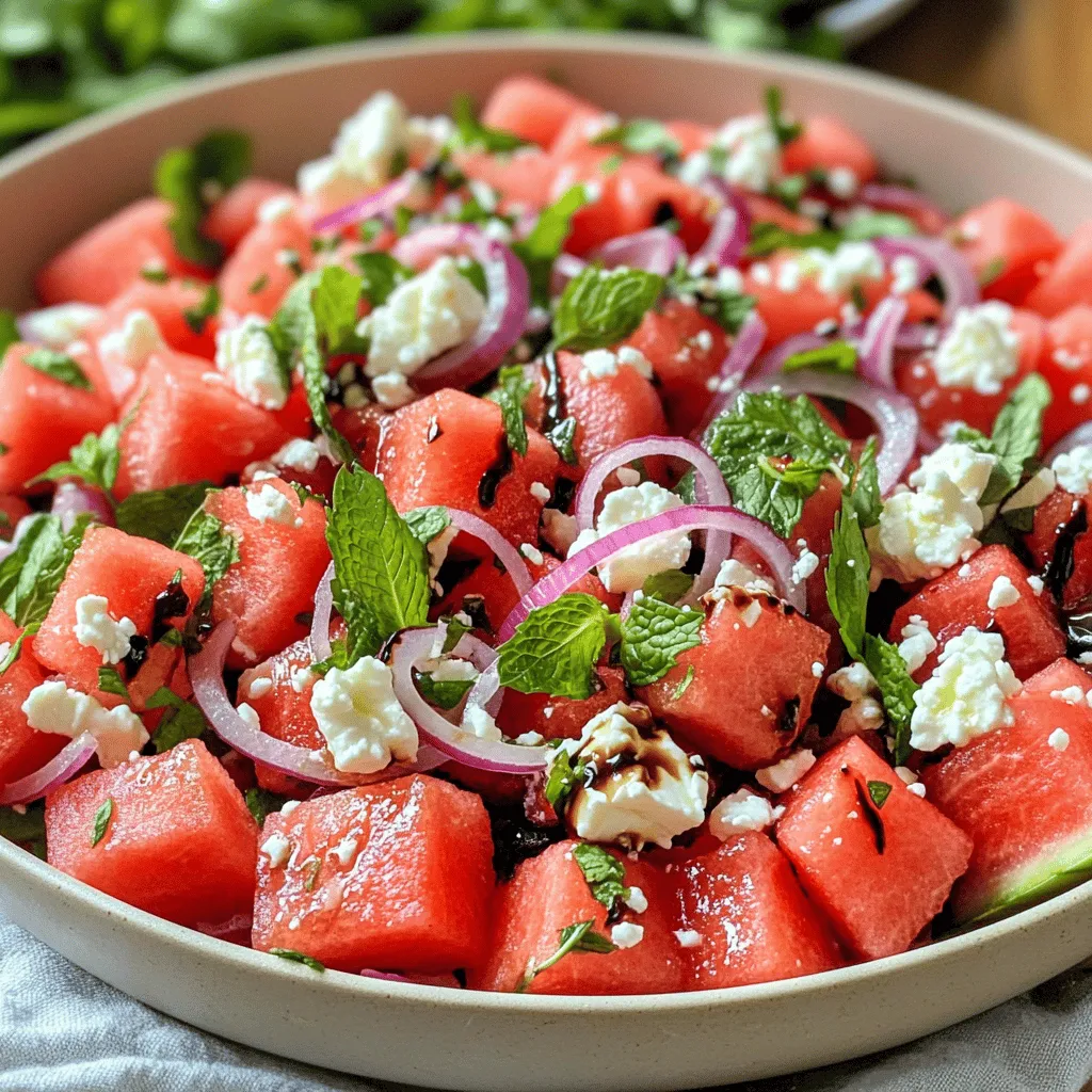 - Fresh watermelon - Feta cheese - Red onion - Fresh mint leaves - Olive oil - Balsamic glaze - Seasoning (salt and pepper) For a great Fresh Watermelon Salad, you need simple, fresh ingredients. Start with fresh watermelon. It should be sweet and juicy. Next, grab some feta cheese. This cheese adds a nice salty flavor. Thinly slice a red onion. It gives a nice crunch. You will also need fresh mint leaves. They add a burst of freshness. For the dressing, prepare olive oil and balsamic glaze. These create a rich, tangy taste. Don’t forget to season with salt and pepper. This will enhance all the flavors in the salad. You can find the full recipe in the earlier sections, but keep these ingredients in mind. They come together to make a delightful and refreshing dish. First, you need to cube the watermelon. Cut it into small, bite-sized pieces. Aim for about 1-inch cubes. This size helps the salad mix well. Use a sharp knife to make clean cuts. For the best flavor, choose a ripe watermelon. Look for one that is heavy for its size. The skin should have a smooth surface and a yellow spot. This spot shows where it rested on the ground. Now, let’s layer the salad components. Start with the cubed watermelon in a large bowl. Evenly sprinkle the crumbled feta cheese on top. Next, add the thinly sliced red onion. This adds a nice crunch. Finally, gently toss in the chopped mint leaves. They give a fresh taste to the salad. Mix these ingredients carefully. You want to keep the watermelon cubes intact for a pretty presentation. To make the dressing, grab a small bowl. Combine the olive oil and balsamic glaze. These two create a rich flavor. Whisk them together until they blend well. Taste the dressing and adjust seasoning with salt and pepper. You want just enough to enhance the salad. Drizzle this dressing over the salad mixture. Toss gently to coat all the ingredients. Let the salad sit for about 10 minutes. This time helps the flavors mix together. You can find the full recipe for this delightful dish above. Enjoy your fresh watermelon salad! Choosing ripe watermelon: To pick the best watermelon, look for one that feels heavy for its size. The skin should be smooth and dull, not shiny. Check for a yellow spot where it sat on the ground. This spot means it ripened well in the sun. Making ahead of time: You can prepare the salad a few hours before serving. Just mix the watermelon, feta, and onion. Keep the mint and dressing separate until you are ready to serve. This keeps the salad fresh and crunchy. Creative ways to present the salad: Serve the salad in a large, shallow bowl to show off the colors. You can also layer it in a clear jar for a fun look. Add extra mint leaves and a sprinkle of feta on top for a pretty touch. Pairing with main dishes: This salad goes well with grilled chicken or fish. It also complements spicy dishes, as the sweet watermelon cools the heat. Try it with a simple sandwich for a light meal. Keeping the salad fresh: Store any leftovers in an airtight container in the fridge. Make sure the mint and dressing are kept separate. This way, they stay fresh and don’t make the salad soggy. How long it lasts in the fridge: The salad lasts for about two days in the fridge. After that, the watermelon may become mushy. For the best taste, enjoy it within the first day. You can find the full recipe in the previous sections. {{image_2}} I love mixing flavors in my watermelon salad. One great combo is watermelon and feta. The salty feta pairs perfectly with the sweet, juicy watermelon. This balance makes each bite exciting. Another fun choice is a watermelon mint salad with lime dressing. The mint adds a fresh taste. The lime dressing gives it a zesty kick. These flavors work well together, making your salad refreshing. If you're vegan, you can swap out the feta cheese. Try using avocado or tofu for creaminess. These options keep the salad tasty while sticking to a plant-based diet. For those who need gluten-free meals, this salad is already safe! Just stick to fresh ingredients, and you’re good to go. Always check labels on any dressings or add-ins. You can change up the ingredients based on the season. In summer, keep it light with cucumber or basil. In fall, add roasted pumpkin seeds for crunch. These seasonal twists keep the salad exciting all year round. For holiday meals, you can enhance the salad with pomegranate seeds or pecans. These ingredients add color and flavor, making your dish festive and fun. For the full recipe, check out the Refreshing Watermelon Feta Delight. Enjoy creating your own versions of this salad! Watermelon is a great fruit for hydration. It is made up of 92% water. This makes it perfect for hot days. It also has vitamins A and C. These vitamins help keep your skin and eyes healthy. Plus, watermelon is low in calories. One cup has only about 46 calories. This makes it a tasty snack for those watching what they eat. In a serving of watermelon salad, you get a mix of nutrients. Here’s a quick look: - Calories: About 160 calories per serving - Protein: 6 grams from feta cheese - Carbs: 12 grams mostly from watermelon - Fat: 10 grams from olive oil The feta adds protein and calcium. The mint gives extra flavor and is full of antioxidants. The olive oil offers healthy fats, which are good for your heart. To make this salad a full meal, pair it with protein. Grilled chicken or chickpeas work great. You can also add grains like quinoa or farro for more fiber. Adding these items makes a balanced meal. You can include this salad in your weekly meal plan. It is fresh and light, perfect for lunch or dinner! Enjoy the Full Recipe to make your own delightful salad. To pick a great watermelon, look for a few key signs. First, check for a uniform shape. Round or oval shapes are ideal. Next, look for a creamy yellow spot on one side. This spot shows where the watermelon rested on the ground. It should be a light color, not white. Finally, give it a tap. A ripe watermelon will sound hollow and feel heavy for its size. Using these tips, you’ll find the sweetest watermelon for your salad. Yes, you can make your watermelon salad a day ahead. To do this, prepare the salad but leave out the dressing until you serve it. This keeps the watermelon fresh and crunchy. Store the salad in the fridge in an airtight container. When ready to serve, drizzle the dressing over the top. Toss the salad gently to mix. This method keeps your salad tasty and appealing. Watermelon salad pairs well with many dishes. Try serving it alongside grilled chicken or fish for a light meal. It also goes great with a spicy dish, as the sweetness of the watermelon cools the heat. For a vegetarian option, serve it with a quinoa salad or a veggie platter. You can even enjoy it as a side with tacos or burgers. Each of these options enhances the fresh flavors of your salad. For the full recipe, check out the above section. This blog post covered all you need for a delicious watermelon salad. We talked about fresh ingredients, step-by-step instructions, and tips for success. I shared ideas for variations and how to store the salad. Watermelon salad is tasty, healthy, and perfect for any meal. With a mix of flavors and textures, you can impress anyone. Enjoy making your own watermelon salad and explore the many ways to adapt it!