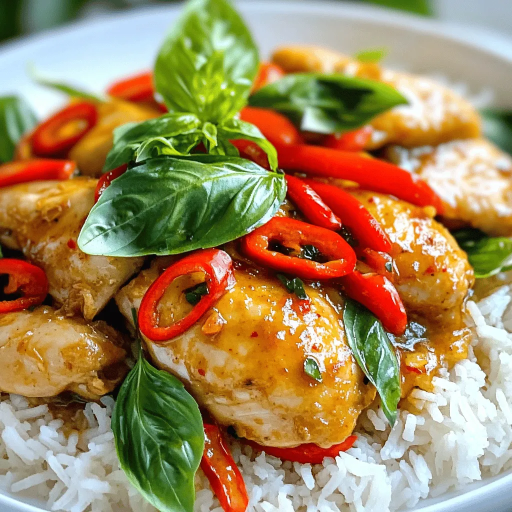 The main ingredients for Spicy Thai Basil Chicken are simple yet full of flavor. You will need: - 1 lb (450g) boneless, skinless chicken thighs, sliced - 2 tablespoons vegetable oil - 4 cloves garlic, minced - 2 cups fresh Thai basil leaves - 2-3 red Thai chilies, sliced (adjust to taste) - 1 red bell pepper, sliced - 2 tablespoons soy sauce - 1 tablespoon oyster sauce - 1 tablespoon fish sauce - 1 teaspoon sugar - 1/2 cup chicken broth or water - Cooked jasmine rice for serving These ingredients combine to create a delightful dish that brings the heat and freshness of Thai cuisine right to your home. You can add a few optional ingredients to enhance the dish: - Sliced green onions for garnish - Chopped peanuts for crunch - Lime wedges for a zesty kick These additions can elevate your dish and give it a personal touch. Feel free to make substitutions based on what you have at home: - Chicken breast can replace chicken thighs for a leaner option. - If you can't find Thai basil, sweet basil works in a pinch. - Use tamari sauce instead of soy sauce for a gluten-free option. - For a vegetarian twist, swap chicken for tofu or mushrooms. These variations keep the recipe flexible and fun, allowing you to adjust it to your taste. For detailed instructions, check the Full Recipe. First, gather all your ingredients. You will need: - 1 lb (450g) boneless, skinless chicken thighs, sliced - 2 tablespoons vegetable oil - 4 cloves garlic, minced - 2 cups fresh Thai basil leaves - 2-3 red Thai chilies, sliced (adjust to taste) - 1 red bell pepper, sliced - 2 tablespoons soy sauce - 1 tablespoon oyster sauce - 1 tablespoon fish sauce - 1 teaspoon sugar - 1/2 cup chicken broth or water - Cooked jasmine rice for serving Next, slice the chicken thighs into thin strips. Mince the garlic and slice the chilies and bell pepper. This makes cooking easier. Wash the Thai basil leaves and set them aside. Now, heat the vegetable oil in a large skillet or wok over medium-high heat. Add the minced garlic and sliced red Thai chilies. Stir quickly to avoid burning. Sauté until fragrant, about 30 seconds. Increase the heat to high and add the sliced chicken thighs. Stir-fry until the chicken is browned and cooked through, about 5-7 minutes. The chicken should be juicy and tender. Add the sliced red bell pepper to the skillet. Stir for another 2-3 minutes until the pepper is slightly tender. This adds a nice crunch to your dish. In a small bowl, mix the soy sauce, oyster sauce, fish sauce, sugar, and chicken broth. Pour this over the chicken mixture, stirring to combine. Let the sauce simmer for a couple of minutes until it thickens slightly and coats the chicken. Finally, remove the skillet from the heat. Fold in the fresh Thai basil leaves. They will wilt in the residual heat, adding a fresh flavor to your dish. Serve your Spicy Thai Basil Chicken hot over cooked jasmine rice. This dish looks best with a sprinkle of extra basil leaves on top. You can also add lime wedges for a zesty kick. Enjoy your meal! For the complete recipe, check out [Full Recipe]. To boost the flavor of your spicy Thai basil chicken, use fresh ingredients. Fresh garlic and Thai basil make a big difference. Add a splash of lime juice for a zesty kick. If you want more heat, use more Thai chilies. You can also try adding a pinch of ground black pepper for depth. One common mistake is overcooking the chicken. Cook it just until it's browned and no longer pink. Another mistake is not using enough oil. The oil helps to get that nice, crispy texture. Don't skip the step of adding the basil last. It wilts nicely and keeps its fresh taste. Serve this dish over fluffy jasmine rice. The rice helps to soak up the sauce. You can add a side of steamed vegetables for extra color and nutrition. A cold cucumber salad pairs well to balance the heat. For a fun touch, try serving it with lime wedges. This adds a pop of freshness with every bite. For the full recipe, check out the complete guide above. {{image_2}} You can easily make this dish vegetarian or vegan. Instead of chicken, use tofu or tempeh. Both absorb flavor well. Just cut them into small cubes. Sauté them until golden brown. Replace fish sauce with soy sauce or a vegan fish sauce. This keeps the taste rich and savory. Use mushrooms for extra umami flavor. They add a nice texture too. If you want less heat, use fewer Thai chilies. You can also remove the seeds. For more spice, add extra chilies or use chili paste. Keep tasting as you cook. This lets you find the right balance. If it gets too hot, add a splash of coconut milk. This cools it down and adds creaminess. You can swap out chicken for other proteins. Shrimp works great in this dish. Just cook them until they turn pink. You can also use beef or pork. Slice them thin for faster cooking. Each protein gives a different flavor, so try them all. They all pair well with the spicy sauce and fragrant basil. For a lighter option, use lean turkey or chicken breast. Adjust cooking time based on the protein you choose. For the full recipe, check out the details above. To keep your Spicy Thai Basil Chicken fresh, store it in an airtight container. Place it in the fridge within two hours after cooking. It can stay good for up to three days. When ready to eat, check for any off smells or discoloration before serving. If you want to save some for later, freezing is a great option. Allow the chicken to cool completely. Then, place it in a freezer-safe container or bag. Make sure to remove as much air as possible. It can last for up to three months in the freezer. Label the container with the date for easy tracking. When you’re ready to enjoy your meal, thaw it in the fridge overnight if frozen. To reheat, use a skillet over medium heat. Add a splash of water or broth to keep it moist. Stir occasionally until it’s heated through. You can also use a microwave, but heat in short bursts to avoid overcooking. Enjoy your flavorful meal! Don't forget to check the Full Recipe for more details. The best way to make Spicy Thai Basil Chicken is to start with fresh ingredients. Use boneless, skinless chicken thighs for tender meat. Heat vegetable oil in your skillet and quickly sauté minced garlic and sliced Thai chilies. This step builds flavor. Add the chicken and stir-fry until it is fully cooked. The key is to keep the heat high for a nice sear. Then, mix in sliced bell pepper for crunch. Finally, add soy sauce, oyster sauce, and fish sauce. Let it simmer until thick. Fold in fresh basil last, so it wilts just right. Serve over hot jasmine rice. You can find the Full Recipe above for more details. Yes, you can use other meats. Chicken is traditional, but you can try pork or beef. Shrimp also works well. Just cut your meat into small pieces for quick cooking. Adjust the cooking time based on the meat you choose. For example, shrimp cooks faster than chicken. This way, you still enjoy the great flavors of this dish. To store leftovers, let the food cool first. Place it in an airtight container. You can keep it in the fridge for up to three days. If you want to save it longer, freeze it. Just make sure to use a freezer-safe container. When you are ready to eat, thaw it in the fridge overnight. Reheat it in a skillet or microwave until hot. This keeps the flavors fresh. In this blog post, we explored how to make Spicy Thai Basil Chicken. We discussed the essential and optional ingredients you can use. Then, I shared the steps for preparation and cooking, along with plating tips. You can enhance flavors with tricks we covered and avoid common mistakes. Don't forget the vegetarian options and spice level adjustments too. Finally, proper storage and reheating techniques keep your dish fresh. Remember, cooking is about having fun and experimenting!