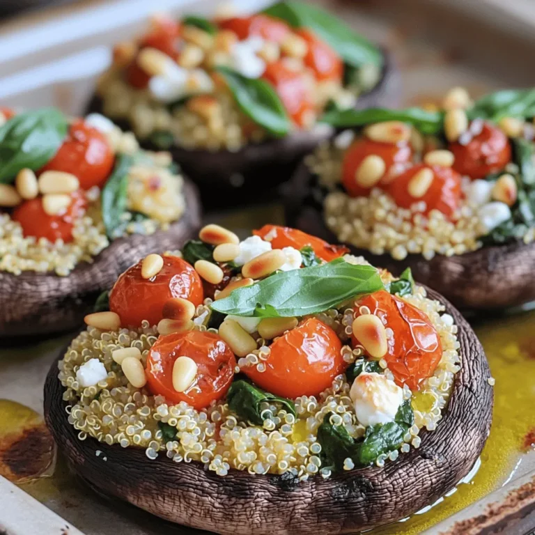 For my savory stuffed portobello mushrooms, I focus on fresh and simple ingredients. This dish is hearty and packed with flavor. You can find the full recipe above. Here’s what you need to make these tasty mushrooms: - 4 large portobello mushrooms - 1 cup cooked quinoa - 1/2 cup cherry tomatoes, halved - 1/2 cup baby spinach, chopped - 1/4 cup feta cheese, crumbled - 1/4 cup pine nuts, toasted - 2 tablespoons olive oil - 1 teaspoon garlic powder - Salt and pepper to taste These ingredients come together to create a filling that bursts with flavor. Each one plays a key role. The mushrooms provide a rich base, while quinoa adds protein and texture. You can also add these for extra flair: - Fresh basil or parsley for garnish - A squeeze of lemon juice for brightness - Artichoke hearts for a tangy twist - Bell peppers for added crunch Using optional ingredients can customize your dish. Feel free to experiment and find what you love most! First, gather your ingredients. You need large portobello mushrooms, cooked quinoa, cherry tomatoes, baby spinach, feta cheese, pine nuts, olive oil, garlic powder, salt, and pepper. You will also want fresh basil or parsley for garnish. Next, preheat your oven to 375°F (190°C). While it heats, clean the mushrooms. Remove the stems and scoop out the gills with a spoon. This creates a nice space for the stuffing. Place them open side up on a baking sheet lined with parchment paper. Now, let’s prepare the stuffing. In a bowl, mix the cooked quinoa, halved cherry tomatoes, chopped spinach, crumbled feta cheese, and toasted pine nuts. Add olive oil, garlic powder, salt, and pepper. Mix until everything is well combined. Once your mixture is ready, divide it among the mushrooms. Pack the filling lightly into each one. Bake the mushrooms in the preheated oven for 20-25 minutes. They should be tender and the filling should turn golden. After baking, take them out of the oven and let them cool for a few minutes. This helps with handling them later. Garnish your stuffed mushrooms with fresh basil or parsley for a pop of color. You can serve them as a main dish or a side. Pair them with a refreshing salad or some crusty bread. They also make a great appetizer for a gathering. Enjoy your delicious stuffed portobello mushrooms! For the complete recipe, check out the Full Recipe section. To make stuffed portobello mushrooms great, start with fresh mushrooms. Look for large caps that are firm and dry. Clean them gently. Use a damp cloth to wipe off the dirt. Avoid soaking them in water, as this can make them soggy. When you stuff them, pack the filling well. This keeps the mixture from falling out during baking. Bake until the mushrooms are tender and the filling is golden. This usually takes about 20-25 minutes. One common mistake is using too much moisture in the filling. If the filling is too wet, it will make the mushrooms soggy. Always squeeze out extra liquid from ingredients like spinach or tomatoes. Another mistake is not preheating the oven. This can lead to uneven cooking. Also, don’t skip on seasoning. Salt and pepper enhance all the flavors. Taste your mixture before stuffing the mushrooms. Stuffed mushrooms pair well with many dishes. Serve them with a light salad for a fresh side. A garlic bread or crusty baguette complements them nicely too. For a drink, try a crisp white wine or sparkling water. If you want something heartier, serve them alongside grilled chicken or fish. You can find the full recipe for these tasty stuffed portobello mushrooms above. {{image_2}} You can easily make stuffed portobello mushrooms vegetarian. Use the recipe with only plant-based ingredients. For a heartier filling, try adding cooked lentils or black beans. These give protein and texture. You can also swap feta cheese for mozzarella or goat cheese. Both add a nice creamy taste. To make this dish vegan, just leave out the cheese. Use mashed avocado or cashew cream instead. These options keep the filling rich and creamy. You can also add nutritional yeast for a cheesy flavor without dairy. It’s a great way to add extra nutrients too. Want more flavor? Add spices like cumin or smoked paprika to the quinoa mix. Fresh herbs like thyme or oregano can brighten the dish. You could also drizzle balsamic glaze on top before serving. This adds a sweet and tangy touch. For crunch, try adding breadcrumbs on top before baking. They will create a crispy layer that tastes amazing. For the full recipe, check out the ingredients and steps above! After enjoying your stuffed portobello mushrooms, store any leftovers in an airtight container. Place them in the fridge. They can last up to three days this way. Make sure they cool down first. This helps keep them fresh and tasty. To reheat stuffed portobello mushrooms, use your oven. Preheat it to 350°F (175°C). Place the mushrooms on a baking sheet. Heat them for about 10 to 15 minutes. This keeps them warm without drying them out. You can also use a microwave if you're in a hurry. Just cover them with a damp paper towel to keep moisture in. You can freeze stuffed portobello mushrooms if you want to save some for later. First, let them cool completely. Wrap each mushroom tightly in plastic wrap. Then, place them in a freezer bag. They can last up to two months in the freezer. When you're ready to enjoy them, thaw in the fridge overnight before reheating. This method will keep their flavor intact. The best mushrooms for stuffing are portobello and cremini. Portobello mushrooms are large and sturdy. They hold the filling well. Cremini mushrooms are smaller but pack great flavor. You can also use button mushrooms, but they are less robust. Choose mushrooms that are firm and fresh. Always check for any dark spots or soft areas. Yes, you can make stuffed mushrooms ahead of time. Prepare the filling and stuff the mushrooms. Then, cover them and place them in the fridge. You can do this a few hours or even a day ahead. Just bake them when you are ready to enjoy. This saves time, especially for parties or busy nights. Stuffed mushrooms last about 3 to 4 days in the fridge. Store them in an airtight container. Make sure they are cooled before sealing. If you think you won't eat them in time, consider freezing them. They can last up to three months in the freezer. Just thaw and reheat when you are ready to eat. Enjoy them as a snack or appetizer! You now have a full guide to making stuffed mushrooms. We covered what ingredients you need, both essential and optional. I gave you step-by-step instructions to help you cook them perfectly. You learned some tips and tricks to avoid common mistakes and enhance flavors. Variations like vegetarian and vegan options offer more ideas. Finally, I shared how to store leftovers, reheat them, and freeze them for later. I hope you feel ready to create a tasty dish!