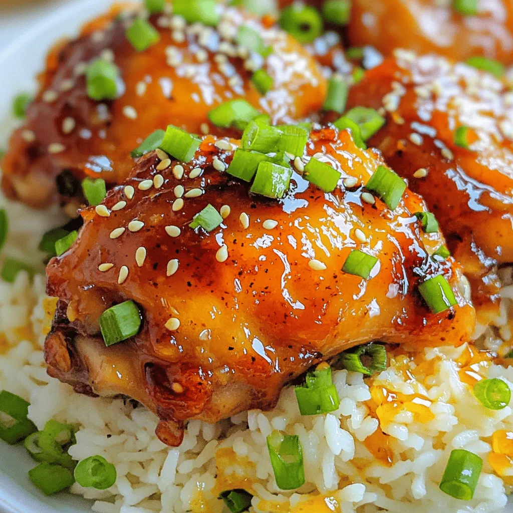 To make Spicy Honey Garlic Chicken, gather these essential ingredients: - 1.5 lbs chicken thighs, boneless and skinless - 1/4 cup honey - 1/4 cup soy sauce - 4 cloves garlic, minced - 1 tablespoon fresh ginger, grated - 1 teaspoon red pepper flakes (adjust to taste) - 2 tablespoons sesame oil - 2 green onions, chopped (for garnish) - Sesame seeds (for garnish) - Salt and pepper to taste These items create a sweet and spicy flavor that makes this dish so special. The chicken thighs work best as they stay juicy and tender. Honey adds a nice sweetness, while soy sauce gives depth. Garlic and ginger both bring flavor and warmth. Red pepper flakes add a kick, but you can adjust them based on your taste. Sesame oil gives a nutty aroma that rounds out the dish. Green onions and sesame seeds are great for garnishing, adding color and crunch. For the full recipe, check the instructions above. Enjoy cooking! Mixing the marinade Start with a mixing bowl. Combine 1/4 cup honey and 1/4 cup soy sauce. Then, add 4 minced garlic cloves and 1 tablespoon of grated ginger. Finally, mix in 1 teaspoon of red pepper flakes. Whisk until everything blends well. This mix adds sweet and spicy flavors to your chicken. Seasoning the chicken Take 1.5 lbs of boneless, skinless chicken thighs. Season both sides with salt and pepper. Make sure the chicken is evenly coated. This step enhances the taste and helps the marinade stick better. Searing the chicken Heat 2 tablespoons of sesame oil in a large skillet over medium-high heat. Once the oil is hot, add the seasoned chicken thighs. Sear them for 5-7 minutes on each side. You want them golden brown and cooked through. This step gives your chicken a nice crust. Adding the honey garlic sauce Reduce the heat to medium-low. Pour your honey garlic sauce over the chicken in the skillet. Make sure to coat all the chicken well. Let it simmer for about 5 minutes. Turn the chicken to glaze it evenly. The sauce will thicken and caramelize, making it sticky and flavorful. Garnishing and plating tips Once the chicken is ready, remove it from the heat. Slice the chicken and drizzle any remaining sauce on top. For a nice finish, garnish with chopped green onions and sesame seeds. This adds color and crunch to your dish. Recommended serving suggestions Serve the Spicy Honey Garlic Chicken over steamed rice or stir-fried vegetables. This creates a colorful plate that looks great. Drizzle extra sauce on top for more flavor. The combination will surely impress your family or guests. For the full recipe, check the details above. To cook chicken evenly, use a flat skillet. This helps with heat distribution. Make sure the skillet is hot before adding the chicken. You want a nice sear for flavor. For browning, do not overcrowd the pan. Cook in batches if needed. Adjust spice levels by adding less red pepper flakes. Start small and taste as you go. You can always add more spice later. Marinating chicken adds a lot of flavor. Let it sit in the sauce for at least 30 minutes. If you have time, marinate it overnight for deeper taste. For garnishing, try fresh herbs like cilantro or parsley. They add color and freshness. You can also add lime wedges for a zesty kick. Use a heavy-bottom skillet for even cooking. A non-stick skillet also works well. Keep a good set of measuring cups handy for accuracy. Silicone spatulas help you scrape the sauce easily. Lastly, have a meat thermometer to check doneness. Chicken should reach 165°F for safety. If you want the full recipe, check [Full Recipe]. {{image_2}} You can switch out the chicken thighs for chicken breast if you want a leaner option. Chicken breast cooks faster, so watch it closely. Tofu is a great choice too. It soaks up the sauce well, making it tasty. If you prefer pork, try using pork tenderloin. It has a nice texture and flavor. Shrimp is another fun option. Just be sure to cook it until it turns pink. You can change the sweetness by adding more or less honey. If you like it spicier, toss in more red pepper flakes. You could also add a splash of lime juice for a fresh twist. For a smoky flavor, try adding some smoked paprika. Mixing in chopped cilantro can also brighten the dish and add an herbal touch. To make this meal even better, pair it with some steamed rice or fried rice. Both are easy and quick to prepare. You could also serve it with stir-fried vegetables for a healthy side. If you're short on time, a simple salad with a light dressing works well too. Try making a cucumber salad for a refreshing crunch. For quick recipes, check out my full recipe for a complete meal plan that suits your taste! To keep your Spicy Honey Garlic Chicken fresh, store leftovers in an airtight container. This method prevents moisture loss and keeps flavors locked in. You can safely keep it in the fridge for up to three days. Make sure it cools down before sealing the container. If you want to save the chicken for later, freezing is a great option. You can freeze both the sauce and the chicken. Place them in freezer-safe bags or containers. Remove as much air as possible to prevent freezer burn. When you’re ready to use it, thaw the chicken overnight in the fridge. For reheating, warm it in a skillet over medium heat until hot. Leftover chicken is versatile and fun to use. You can chop it and toss it into salads or wraps. Another quick idea is to make a stir-fry with your favorite vegetables. You can also create a tasty sandwich with the chicken and some fresh greens. For next-day meals, try making a quick fried rice by adding the chicken to cooked rice, along with some soy sauce and veggies. Enjoy your delicious creations! The spice level can change based on your taste. You can add more red pepper flakes for heat. If you want less spice, use fewer flakes or skip them altogether. This makes the dish fit for everyone’s palate. Yes, you can prepare this dish in advance. Cook the chicken and sauce, then store them in the fridge. They will stay fresh for up to three days. To reheat, just warm it in a skillet over low heat. This makes meal prep simple and quick. You can swap honey with maple syrup for a different flavor. Use tamari instead of soy sauce for a gluten-free option. If you want to avoid chicken, try tofu or tempeh. Both work well with the sauce. The chicken is safe to eat when it reaches 165°F. Use a meat thermometer to check the thickest part. If you don’t have a thermometer, cut the chicken to see if the inside is no longer pink. This helps ensure you serve perfectly cooked chicken every time. This blog post guided you through making Spicy Honey Garlic Chicken. We discussed key ingredients, preparation, cooking steps, and clever tips for success. You learned about storage to keep leftovers fresh and tasty. Remember, adjusting spice levels can make this dish your own. Try out different proteins or sides for variety. With these skills, you can create a delicious meal that impresses everyone. Enjoy your cooking, and let your creativity shine!