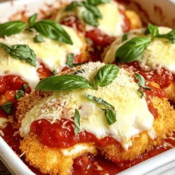 To make Easy Chicken Parmesan, gather these items: - 4 boneless, skinless chicken breasts - 1 cup breadcrumbs (preferably Italian seasoned) - 1 cup marinara sauce - 1 ½ cups shredded mozzarella cheese - ½ cup grated Parmesan cheese - 2 large eggs - 1 teaspoon dried oregano - 1 teaspoon garlic powder - Salt and pepper to taste - Fresh basil leaves for garnish (optional) - Olive oil for frying If you need to swap some ingredients, here are my tips: - For breadcrumbs, use crushed crackers or panko for a crunchier texture. - If you do not have marinara sauce, try using tomato sauce with herbs. - For a dairy-free option, use vegan cheese instead of mozzarella and Parmesan. - You can use egg replacers if you want a vegan meal. To make the best Easy Chicken Parmesan, focus on quality: - Choose chicken breasts that are fresh and plump. - Look for breadcrumbs that are not stale and have good flavor. - Select mozzarella cheese that melts well, like whole milk mozzarella. - Fresh herbs give great taste, so use fresh basil if possible. - Use extra virgin olive oil for frying, as it adds flavor and richness. These tips will help you create a dish that stands out. You can find the Full Recipe here to guide you through the cooking process. To make easy chicken parmesan, start by preheating your oven to 375°F (190°C). Next, take two shallow dishes. In one dish, whisk two large eggs until smooth. In the second dish, mix breadcrumbs, dried oregano, garlic powder, salt, and pepper. Make sure everything is well blended. Take a chicken breast and dip it into the eggs. Allow any excess egg to drip off. Then coat the chicken in the breadcrumb mix. Press down lightly so the crumbs stick well. Repeat this for all chicken breasts. Heat olive oil in a large skillet over medium heat. When the oil is hot, add the breaded chicken. Cook each side for about 4-5 minutes, until golden brown. Once browned, place the chicken in a baking dish. Spoon marinara sauce over each piece. Sprinkle mozzarella and Parmesan cheese on top. Bake in the oven for 20-25 minutes. The chicken should be fully cooked, and the cheese should be bubbly. After baking, let the dish cool for a few minutes. You can garnish with fresh basil if you like. - When whisking the eggs, make sure they are well beaten. This helps the breadcrumbs stick better. - For the breadcrumb mix, using Italian seasoned crumbs adds great flavor. - Make sure the oil is hot enough before adding the chicken. This ensures a crispy texture. - When baking, check the chicken with a meat thermometer. It should reach 165°F (74°C). - Preheat oven: 375°F (190°C). - Browning chicken: 4-5 minutes per side. - Bake chicken: 20-25 minutes. - Final cooking temperature: 165°F (74°C). Follow these steps, and you will have a tasty chicken parmesan ready to enjoy! For the full recipe, check out the details above. To get the perfect cheese melt, use fresh mozzarella. Shred it yourself for the best texture. Spread the cheese evenly on the chicken. Bake it until it bubbles and turns golden. This creates a beautiful and tasty finish. Avoid these errors to ensure success: - Not seasoning the breadcrumbs: Seasoned breadcrumbs add flavor. Don't skip this step. - Overcrowding the pan: Cook the chicken in batches. This helps it brown nicely. - Skipping the resting time: Let the chicken rest after baking. This keeps it juicy. Serve your chicken with a side of pasta or a fresh salad. Garlic bread pairs well, too. For drinks, try a light white wine or sparkling water. Fresh basil leaves on top brighten the dish and add flavor. For more details, check out the full recipe. {{image_2}} You can enjoy Chicken Parmesan in different ways. Baked Chicken Parmesan is lighter. It uses less oil and is still tasty. You bake the chicken after coating it. This method gives it a nice crunch. Fried Chicken Parmesan is richer and crispier. You pan-fry the chicken first. This creates a golden crust. Both styles are delicious, so choose your favorite! If you have dietary needs, you can still make Chicken Parmesan. For a gluten-free version, swap regular breadcrumbs for gluten-free ones. You can use crushed rice cereal or almond flour. If you want a lower-carb option, try using zucchini slices instead of chicken. This twist is great for a fresh taste! Add your own flair to Chicken Parmesan! You can use different cheeses. Try provolone or gouda for a unique flavor. You can also add veggies like spinach or artichokes to the sauce. Mixing in fresh herbs can brighten the dish too. Experiment with spices like crushed red pepper for some heat. The key is to have fun and make it yours! To keep your chicken Parmesan fresh, place it in an airtight container. Make sure it cools down first. Layer parchment paper between pieces to avoid sticking. Store it in the fridge for up to three days. To reheat, use an oven for the best taste. Preheat the oven to 350°F (175°C). Place the chicken in a baking dish. Cover it with foil to keep it moist. Heat for about 15-20 minutes or until warmed through. You can also use a microwave, but the oven gives better results. If you want to save some for later, freezing works well. Let the chicken cool completely before freezing. Wrap each piece in plastic wrap, then place it in a freezer bag. Label the bag with the date. It can last up to three months in the freezer. To enjoy, thaw it in the fridge overnight before reheating. You can tell when Chicken Parmesan is done by checking the chicken's internal temperature. It should reach 165°F (75°C). You can use a meat thermometer for this. If you don’t have one, cut into the thickest part of the chicken. The meat should be white and juices should run clear, not pink. This ensures it is safe to eat and tender. Yes, you can prepare Easy Chicken Parmesan ahead of time. You can bread the chicken and keep it in the fridge for a few hours or overnight. Just bake it when you're ready. If you want, you can also cook it fully and store it in the fridge. Reheat it in the oven for the best taste and texture. Pair Chicken Parmesan with simple sides. Here are some good choices: - Spaghetti or any pasta - Garlic bread - Steamed vegetables like broccoli - A fresh salad with vinaigrette These sides balance the rich flavors of Chicken Parmesan and make a complete meal. You can find the full recipe for Easy Chicken Parmesan in the link provided. It has all the details you need to make this dish easily. If you’re new to cooking, check out beginner-friendly resources. Look for video tutorials and step-by-step guides online to help you along. Easy Chicken Parmesan is a simple dish with tasty layers of flavor. We explored the key ingredients, cooking steps, and helpful tips. Remember to choose fresh items for the best taste. Follow my step-by-step guide for perfect results. With variations and ways to store leftovers, you can enjoy this meal any time. Avoid common mistakes for a dish that shines. Keep these ideas in mind, and you’ll make a Chicken Parmesan your family loves. Enjoy your cooking journey!