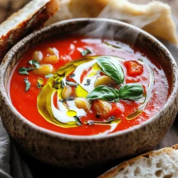 To make a tasty roasted tomato basil soup, gather these simple ingredients: - 6 cups ripe tomatoes, halved - 1 large onion, quartered - 4 cloves garlic, unpeeled - 3 tablespoons olive oil - Salt and pepper to taste - 1 cup fresh basil leaves, packed - 3 cups vegetable broth - 1 tablespoon balsamic vinegar - 1 teaspoon sugar (optional for sweetness) - 1/2 cup heavy cream (or coconut cream for dairy-free) If you need to convert measurements, here are a few handy tips: - 1 tablespoon = 3 teaspoons - 1 cup = 8 ounces - 1/2 cup = 4 ounces - 1 tablespoon = 15 milliliters - 1 cup = 240 milliliters You can swap some ingredients if you have dietary needs or preferences: - Use canned tomatoes if fresh ones are not available. - For onion, shallots can add a nice taste. - Instead of garlic, try garlic powder. - Any oil can replace olive oil, but it may change flavor. - If fresh basil is not around, dried basil works too, but use less. - Vegetable broth can be swapped with chicken broth. - You can leave out sugar if you prefer less sweetness. - For cream, use any non-dairy milk if you want a lighter soup. This section gives you the building blocks for a lovely soup. You can mix and match as needed. Check out the Full Recipe for detailed steps to create this delightful dish! First, gather your ingredients. You need ripe tomatoes, onion, garlic, olive oil, salt, and pepper. Also grab fresh basil, vegetable broth, balsamic vinegar, and sugar if you want it sweeter. Prepare your baking sheet by laying down the tomatoes and onion. Cut them in half and quarters, respectively. Place the garlic cloves around them. Drizzle olive oil over everything. Sprinkle with salt and pepper, then toss to coat. This simple step brings out the flavors. Next, preheat your oven to 400°F (200°C). Roast the vegetables for about 30 to 35 minutes. You want the tomatoes to blister and caramelize. This roasting process adds depth to your soup. Once done, take the baking sheet out. Let it cool for a moment. This helps with blending later. Now it's time to blend. Squeeze the roasted garlic from its skins into your blender. Add the roasted tomatoes, onion, and fresh basil. Pour in the vegetable broth and balsamic vinegar. If you want a touch of sweetness, add sugar. Blend until the mixture is smooth. Pour this into a pot and bring to a simmer over medium heat. Let it cook for about 10 minutes. This melds all the flavors together. Finally, stir in the cream. Adjust with more salt and pepper if needed. Heat through but don’t let it boil. Now you have a rich, flavorful soup ready to serve! To boost the taste of your roasted tomato basil soup, try these tips: - Use ripe, juicy tomatoes. They add sweetness and depth. - Roast your garlic with the tomatoes. It turns soft and sweet. - Add fresh basil at the end. It keeps its bright flavor. - A splash of balsamic vinegar brightens the soup. It adds a nice tang. - For a creamy touch, stir in heavy cream or coconut cream. Here are some mistakes to steer clear of: - Don’t skip the roasting step. It brings out the best flavors. - Avoid using unripe tomatoes. They can taste sour and bland. - Don’t over-blend the soup. A bit of texture is nice. - Forgetting to taste and adjust seasoning can lead to bland soup. - Be careful with the cream. Adding it too soon can change the texture. Roasting tomatoes is key for flavor. Follow these best practices: - Preheat your oven to 400°F. This ensures even cooking. - Cut tomatoes in half to help them cook well. - Spread them out on the baking tray, so they roast, not steam. - Use olive oil generously. It adds richness and aids caramelization. - Roast until they are blistered and golden. This takes about 30-35 minutes. For the full recipe, check out the details above. {{image_2}} You can choose between creamy or dairy-free versions of this soup. For a rich, creamy taste, add heavy cream. This makes the soup smooth and indulgent. If you prefer a dairy-free option, use coconut cream. Coconut cream gives a slight sweetness that pairs well with tomatoes. Both options are delicious, so pick what fits your needs! You can boost the soup's nutrition by adding vegetables and proteins. Try adding carrots or bell peppers before roasting. These veggies add color and flavor. For protein, consider adding cooked lentils or chickpeas. They make the soup heartier and more filling. Just blend them in with the other ingredients for a tasty twist. You can enhance the flavor with spices and herbs. Consider adding a pinch of red pepper flakes for heat. Fresh herbs like thyme or oregano can elevate the taste as well. You can also experiment with smoked paprika for a deeper flavor. These small changes can create a new soup experience every time! For the full recipe, check out the Full Recipe section. Enjoy discovering these fun variations! To keep your roasted tomato basil soup fresh, let it cool first. Then, pour the soup into an airtight container. Seal it tightly and place it in the fridge. Leftovers will stay fresh for up to five days. If you want to enjoy it later, freezing is a great option. You can freeze this soup for a quick meal later. Use freezer-safe containers or heavy-duty freezer bags. Leave some space at the top, as the soup will expand when frozen. It will last in the freezer for about three months. Be sure to label the containers with the date. To reheat, take the soup out of the fridge or freezer. If frozen, let it thaw overnight in the fridge. Heat the soup in a pot over medium heat, stirring often. If it seems too thick, add a splash of vegetable broth or water. Heat until it is warm throughout. You can also microwave it in a bowl, stirring halfway for even heating. Enjoy your soup hot! I suggest using ripe plum tomatoes for this soup. They have a nice balance of sweetness and acidity. Roma tomatoes work well too. Look for tomatoes that feel heavy and smell sweet. Fresh tomatoes give the best flavor, but canned tomatoes can work in a pinch. Choose whole peeled tomatoes if you go the canned route. Yes, you can make this soup ahead of time. Simply prepare it and let it cool. Store it in an airtight container in the fridge for up to four days. You can also freeze it for up to three months. Just remember to let it cool completely before freezing. Reheat it gently on the stove before serving. To thicken your soup, add more heavy cream or a bit of cornstarch mixed with water. Pureeing more of the soup can also help thicken it. If it’s too thick, just add more vegetable broth. Stir well and heat it up again. Adjust to your desired consistency. For a smoother texture, blend it longer. You can easily customize it to your liking. For the complete recipe, check the Full Recipe provided. This blog post covered all you need for a great roasted tomato basil soup. We looked at key ingredients, cooking steps, and tips to enhance flavors. You can try various options, from creamy to dairy-free. Proper storage can keep your leftovers fresh. If you follow these steps, you'll enjoy a delicious soup every time. Remember, cooking is about experimenting. Don't be afraid to try new flavors or techniques. Your next batch of soup could be your best!