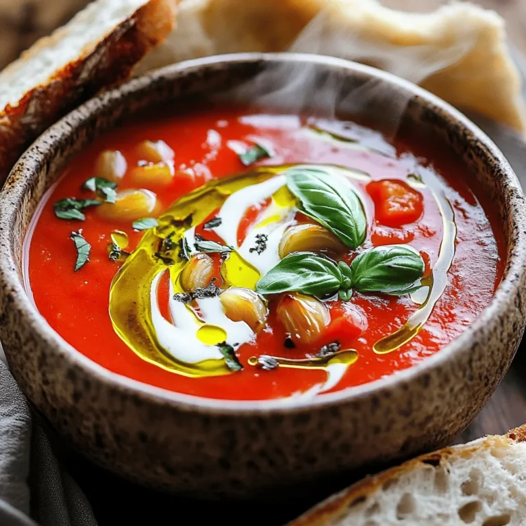 To make a tasty roasted tomato basil soup, gather these simple ingredients: - 6 cups ripe tomatoes, halved - 1 large onion, quartered - 4 cloves garlic, unpeeled - 3 tablespoons olive oil - Salt and pepper to taste - 1 cup fresh basil leaves, packed - 3 cups vegetable broth - 1 tablespoon balsamic vinegar - 1 teaspoon sugar (optional for sweetness) - 1/2 cup heavy cream (or coconut cream for dairy-free) If you need to convert measurements, here are a few handy tips: - 1 tablespoon = 3 teaspoons - 1 cup = 8 ounces - 1/2 cup = 4 ounces - 1 tablespoon = 15 milliliters - 1 cup = 240 milliliters You can swap some ingredients if you have dietary needs or preferences: - Use canned tomatoes if fresh ones are not available. - For onion, shallots can add a nice taste. - Instead of garlic, try garlic powder. - Any oil can replace olive oil, but it may change flavor. - If fresh basil is not around, dried basil works too, but use less. - Vegetable broth can be swapped with chicken broth. - You can leave out sugar if you prefer less sweetness. - For cream, use any non-dairy milk if you want a lighter soup. This section gives you the building blocks for a lovely soup. You can mix and match as needed. Check out the Full Recipe for detailed steps to create this delightful dish! First, gather your ingredients. You need ripe tomatoes, onion, garlic, olive oil, salt, and pepper. Also grab fresh basil, vegetable broth, balsamic vinegar, and sugar if you want it sweeter. Prepare your baking sheet by laying down the tomatoes and onion. Cut them in half and quarters, respectively. Place the garlic cloves around them. Drizzle olive oil over everything. Sprinkle with salt and pepper, then toss to coat. This simple step brings out the flavors. Next, preheat your oven to 400°F (200°C). Roast the vegetables for about 30 to 35 minutes. You want the tomatoes to blister and caramelize. This roasting process adds depth to your soup. Once done, take the baking sheet out. Let it cool for a moment. This helps with blending later. Now it's time to blend. Squeeze the roasted garlic from its skins into your blender. Add the roasted tomatoes, onion, and fresh basil. Pour in the vegetable broth and balsamic vinegar. If you want a touch of sweetness, add sugar. Blend until the mixture is smooth. Pour this into a pot and bring to a simmer over medium heat. Let it cook for about 10 minutes. This melds all the flavors together. Finally, stir in the cream. Adjust with more salt and pepper if needed. Heat through but don’t let it boil. Now you have a rich, flavorful soup ready to serve! To boost the taste of your roasted tomato basil soup, try these tips: - Use ripe, juicy tomatoes. They add sweetness and depth. - Roast your garlic with the tomatoes. It turns soft and sweet. - Add fresh basil at the end. It keeps its bright flavor. - A splash of balsamic vinegar brightens the soup. It adds a nice tang. - For a creamy touch, stir in heavy cream or coconut cream. Here are some mistakes to steer clear of: - Don’t skip the roasting step. It brings out the best flavors. - Avoid using unripe tomatoes. They can taste sour and bland. - Don’t over-blend the soup. A bit of texture is nice. - Forgetting to taste and adjust seasoning can lead to bland soup. - Be careful with the cream. Adding it too soon can change the texture. Roasting tomatoes is key for flavor. Follow these best practices: - Preheat your oven to 400°F. This ensures even cooking. - Cut tomatoes in half to help them cook well. - Spread them out on the baking tray, so they roast, not steam. - Use olive oil generously. It adds richness and aids caramelization. - Roast until they are blistered and golden. This takes about 30-35 minutes. For the full recipe, check out the details above. {{image_2}} You can choose between creamy or dairy-free versions of this soup. For a rich, creamy taste, add heavy cream. This makes the soup smooth and indulgent. If you prefer a dairy-free option, use coconut cream. Coconut cream gives a slight sweetness that pairs well with tomatoes. Both options are delicious, so pick what fits your needs! You can boost the soup's nutrition by adding vegetables and proteins. Try adding carrots or bell peppers before roasting. These veggies add color and flavor. For protein, consider adding cooked lentils or chickpeas. They make the soup heartier and more filling. Just blend them in with the other ingredients for a tasty twist. You can enhance the flavor with spices and herbs. Consider adding a pinch of red pepper flakes for heat. Fresh herbs like thyme or oregano can elevate the taste as well. You can also experiment with smoked paprika for a deeper flavor. These small changes can create a new soup experience every time! For the full recipe, check out the Full Recipe section. Enjoy discovering these fun variations! To keep your roasted tomato basil soup fresh, let it cool first. Then, pour the soup into an airtight container. Seal it tightly and place it in the fridge. Leftovers will stay fresh for up to five days. If you want to enjoy it later, freezing is a great option. You can freeze this soup for a quick meal later. Use freezer-safe containers or heavy-duty freezer bags. Leave some space at the top, as the soup will expand when frozen. It will last in the freezer for about three months. Be sure to label the containers with the date. To reheat, take the soup out of the fridge or freezer. If frozen, let it thaw overnight in the fridge. Heat the soup in a pot over medium heat, stirring often. If it seems too thick, add a splash of vegetable broth or water. Heat until it is warm throughout. You can also microwave it in a bowl, stirring halfway for even heating. Enjoy your soup hot! I suggest using ripe plum tomatoes for this soup. They have a nice balance of sweetness and acidity. Roma tomatoes work well too. Look for tomatoes that feel heavy and smell sweet. Fresh tomatoes give the best flavor, but canned tomatoes can work in a pinch. Choose whole peeled tomatoes if you go the canned route. Yes, you can make this soup ahead of time. Simply prepare it and let it cool. Store it in an airtight container in the fridge for up to four days. You can also freeze it for up to three months. Just remember to let it cool completely before freezing. Reheat it gently on the stove before serving. To thicken your soup, add more heavy cream or a bit of cornstarch mixed with water. Pureeing more of the soup can also help thicken it. If it’s too thick, just add more vegetable broth. Stir well and heat it up again. Adjust to your desired consistency. For a smoother texture, blend it longer. You can easily customize it to your liking. For the complete recipe, check the Full Recipe provided. This blog post covered all you need for a great roasted tomato basil soup. We looked at key ingredients, cooking steps, and tips to enhance flavors. You can try various options, from creamy to dairy-free. Proper storage can keep your leftovers fresh. If you follow these steps, you'll enjoy a delicious soup every time. Remember, cooking is about experimenting. Don't be afraid to try new flavors or techniques. Your next batch of soup could be your best!