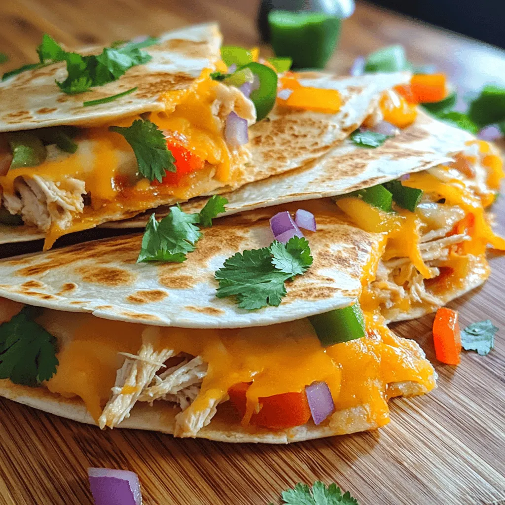 To make classic chicken quesadillas, gather the following ingredients: - 2 cups cooked chicken, shredded - 1 cup shredded cheddar cheese - 1 cup shredded Monterey Jack cheese - 1/2 cup bell peppers, diced (any color) - 1/2 cup red onion, finely chopped - 2 tablespoons fresh cilantro, chopped - 1 teaspoon taco seasoning - 4 large flour tortillas - 2 tablespoons olive oil - Salt and pepper to taste You can add these ingredients for more taste: - 1/2 cup corn, canned or fresh - 1/4 cup black beans, rinsed - Sliced jalapeños for heat - Avocado or guacamole for creaminess - A squeeze of fresh lime juice For this recipe, you will need: - A large skillet or frying pan - A spatula for flipping - A mixing bowl for combining the filling - A cutting board and knife for prep - A cheese grater if you buy block cheese Gathering these ingredients and tools makes cooking easier. With everything ready, you can focus on creating delicious quesadillas. For the full details on how to cook these tasty treats, check the Full Recipe. To make delicious classic chicken quesadillas, start by gathering your ingredients. You will need: - 2 cups cooked chicken, shredded - 1 cup shredded cheddar cheese - 1 cup shredded Monterey Jack cheese - 1/2 cup bell peppers, diced (any color) - 1/2 cup red onion, finely chopped - 2 tablespoons fresh cilantro, chopped - 1 teaspoon taco seasoning - 4 large flour tortillas - 2 tablespoons olive oil - Salt and pepper to taste In a mixing bowl, combine the shredded chicken, diced bell peppers, chopped red onion, cilantro, taco seasoning, and a pinch of salt and pepper. Mix until all ingredients are well mixed and coated with the seasoning. This mix gives great flavor to the chicken. Now it’s time to cook! Heat 1 tablespoon of olive oil in a skillet over medium heat. Place one flour tortilla in the skillet. Sprinkle 1/4 cup of cheddar cheese and 1/4 cup of Monterey Jack cheese on half of the tortilla. Next, add a generous portion of the chicken mixture on top of the cheese. Fold the tortilla in half. Press gently with a spatula to hold the filling inside. Cook for about 3-4 minutes on one side or until it turns golden brown. Carefully flip the quesadilla and cook the other side for another 3-4 minutes. You want the cheese to melt and the tortilla to be crispy. Once cooked, remove the quesadilla from the skillet. Let it cool on a cutting board for a minute. Slice it into wedges for easy serving. Repeat this process with the remaining tortillas, using the rest of the olive oil and filling ingredients. Serve warm with salsa, sour cream, or guacamole on the side. Enjoy your tasty classic chicken quesadillas! For complete details, refer to the Full Recipe. To make a crispy quesadilla, use the right heat. A medium heat works best. Too high, and your tortilla may burn before the cheese melts. Use enough oil to coat the pan. This helps the tortilla get that golden color. Flip carefully to keep the filling intact. Let it cook fully on both sides. The cheese should be gooey and the tortilla crispy. One common mistake is overfilling your quesadilla. This can lead to spills and soggy tortillas. Always leave a little space at the edges. Another mistake is not letting your pan heat up. Always preheat your skillet. Lastly, don’t rush the cooking time. Give it a few extra minutes if needed. This will ensure your quesadilla is perfect. Serve your quesadillas with fresh salsa, sour cream, or guacamole. These dips add flavor and moisture. If you like spice, try adding jalapeños or hot sauce. Fresh herbs like cilantro elevate the taste. You can also add a side salad for a fresh crunch. For a fun twist, try serving with a fruit salsa for sweetness. Enjoy your meal with friends or family for a great time! {{image_2}} You can make tasty vegetarian quesadillas by swapping out chicken. Use black beans or cooked lentils. Add mushrooms, spinach, or zucchini for extra flavor and nutrition. Try using a mix of cheeses like mozzarella and feta for a creamy texture. Fresh herbs like basil or parsley can add a fresh twist. If you need to avoid cheese or meat, use vegan cheese or tofu. Nutritional yeast can add a cheesy flavor without dairy. For meat, consider grilled vegetables or tempeh. These options keep the quesadilla hearty and satisfying while catering to different diets. To spice up your chicken quesadilla, add jalapeños or a dash of hot sauce to the filling. Mix diced green chilies into the chicken for more heat. You can also sprinkle chili powder or cayenne pepper in the taco seasoning. This will give your quesadilla a nice kick. For this spicy version, you might want to serve it with cooling sides like sour cream or avocado. If you want to explore more details, check the Full Recipe to create your perfect quesadilla! Store leftover quesadillas in an airtight container. This keeps them fresh for 3 days. If you can, let them cool first. This prevents sogginess. You can also wrap each quesadilla in foil or plastic wrap. This method helps keep the taste and texture. To reheat quesadillas, use a skillet or oven. Avoid the microwave if you can. A skillet warms them up nicely. Heat it on medium-low. Cook each side for 2 to 3 minutes. This makes them crispy again. If using the oven, preheat to 350°F. Bake for 10-15 minutes until hot. You can freeze quesadillas for easy meals later. Wrap them tightly in plastic wrap first. Then, place them in a freezer bag. You can store them for up to 3 months. When ready to eat, thaw them overnight in the fridge. Reheat as described above for best results. I find that cooked, shredded chicken works best for quesadillas. You can use rotisserie chicken for ease. It adds a great flavor and saves time. You can also use grilled or pan-seared chicken. Just ensure it is cooked and tender for easy shredding. Yes, you can! Baking quesadillas is a great option. Preheat your oven to 400°F (200°C). Place the filled tortillas on a baking sheet. Bake for about 10-15 minutes until crispy. Keep an eye on them to avoid burning. This method is great for making several at once. To prep in advance, fill your tortillas and place them in a single layer. Wrap them in plastic wrap and store them in the fridge. You can also freeze them for longer storage. When ready to eat, just cook them directly from the freezer. It makes meal time easy and quick. For the full recipe, check the above section. We covered the essential ingredients and tools for tasty quesadillas. You learned step-by-step methods to prepare and serve them perfectly. I shared tips to make them crispy, avoid common mistakes, and suggested ways to enjoy variations. Plus, we discussed how to store, reheat, and freeze leftovers effectively. Making quesadillas can be fun and rewarding. With practice, you’ll create your favorite meals easily. Enjoy making and sharing them with others!