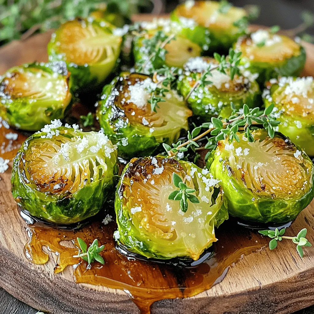 - 1.5 pounds Brussels sprouts, trimmed and halved - 1/4 cup balsamic vinegar - 2 tablespoons honey - 3 tablespoons olive oil - 1 teaspoon garlic powder - Salt and pepper to taste - 1/4 cup parmesan cheese, grated (optional) - Fresh thyme for garnish Brussels sprouts are packed with vitamins. They are low in calories and high in fiber. Eating them can boost digestion and help you feel full. Balsamic vinegar adds a tangy touch. It may help regulate blood sugar and improve heart health. Honey adds natural sweetness and can soothe a sore throat. Together, these ingredients make a tasty and healthy dish. Enjoy the flavor and the health perks! For the complete preparation, check the Full Recipe. Start by trimming the ends of each Brussels sprout. Remove any yellow or damaged leaves. Next, cut the sprouts in half from top to bottom. This helps them cook evenly and allows for more caramelization. In a large bowl, mix the halved Brussels sprouts with olive oil, balsamic vinegar, honey, garlic powder, salt, and pepper. Toss everything together until the sprouts are well coated. This step is key for getting that tasty glaze. Preheat your oven to 425°F (220°C). This high heat helps the Brussels sprouts get crispy and caramelized. Spread the coated sprouts evenly on a baking sheet in a single layer. Roast them in the oven for 20 to 25 minutes. Toss the sprouts halfway through. This ensures even cooking and prevents burning. You want them crispy on the outside and tender inside. If you want a cheesy finish, add grated parmesan cheese during the last 5 minutes of roasting. This adds a rich flavor and a nice melt. Once the sprouts are done, take them out of the oven. Scatter fresh thyme over them for a lovely touch. The thyme adds a great aroma and a burst of flavor. Enjoy your balsamic roasted Brussels sprouts! For the best Brussels sprouts, start with room temperature ingredients. This helps them cook evenly. Cold Brussels sprouts can steam instead of roast, leading to a softer texture. To get that perfect crispy bite, make sure to spread them in a single layer on your baking sheet. Overcrowding will cause them to steam, so give them space. Toss them halfway through roasting for even crispiness. If you want to change up the flavors, you can swap honey with maple syrup. Maple syrup adds a different sweetness that works well. For balsamic vinegar, try apple cider vinegar for a milder taste. If you need dairy-free or vegan options, skip the parmesan cheese. You can use nutritional yeast for a cheesy flavor without the dairy. To add extra flavor, try using spices like smoked paprika or cumin. These spices will give your Brussels sprouts a nice kick. Fresh herbs like rosemary or sage can also add depth. For toppings, consider adding nuts like walnuts or pecans for crunch. A sprinkle of pomegranate seeds adds a sweet burst and a pop of color. Each of these options can take your dish from good to great! {{image_2}} You can change your Balsamic Roasted Brussels Sprouts with seasonal veggies. Try adding chopped carrots or sweet potatoes. These add color and sweetness to your dish. You can also mix in some diced apples for a fresh crunch. For a twist, swap honey with maple syrup. This adds a rich and sweet flavor. It pairs well with the balsamic vinegar. You can experiment with other natural sweeteners too, like agave or coconut sugar. You have options when cooking Brussels sprouts. Air frying is a quick method. It gives a crispy texture without much oil. Set your air fryer to 375°F (190°C) and cook for about 15 minutes. Shake the basket halfway for even cooking. Grilling Brussels sprouts is another fun way. Just toss them on a hot grill after tossing in oil and seasonings. Grill for about 10-15 minutes, turning often. This method gives a smoky flavor that is hard to resist. When serving, think about what goes well with Brussels sprouts. They pair nicely with roasted chicken or grilled steak. The sweetness of the balsamic glaze complements savory meats perfectly. You can also serve them as appetizers. Use small skewers for easy bites. A sprinkle of feta or goat cheese on top adds a creamy touch. This makes them a great starter for any meal. For the full recipe, check the earlier section. Enjoy your flavorful delight! To store leftover Brussels sprouts, first let them cool. Place them in a sealed container. Store them in the fridge. They will stay fresh for about three days. For the best flavor, eat them within this time. If you want to freeze Brussels sprouts, blanch them first. Boil them for three minutes, then cool in ice water. Drain well and pack them in freezer bags. Remove as much air as possible. They can last up to three months in the freezer. To reheat frozen Brussels sprouts, thaw them overnight in the fridge. This helps keep their texture. You can also microwave them on low for quick defrosting. The best way to reheat Brussels sprouts is in the oven. Preheat your oven to 350°F (175°C). Spread the sprouts on a baking sheet and heat for about 10 minutes. This method keeps them crispy. To prevent sogginess, avoid using the microwave. If you must use it, heat them on a plate with a paper towel. This helps absorb extra moisture. Yes, you can prep Brussels sprouts ahead of time. Trim and halve them a day before. Store them in a sealed bag in the fridge. This keeps them fresh and ready to cook. You can also mix the balsamic glaze in advance. Just toss it with the sprouts before roasting. If your Brussels sprouts are not crispy, it might be due to moisture. Make sure they are dry before cooking. Space them out on the baking sheet so they don’t steam. Toss them halfway through roasting for even crispiness. If you crowd them, they will not crisp up. Yes, you can use frozen Brussels sprouts. However, they may not taste as fresh. Frozen sprouts often contain ice, which can lead to a mushy texture. If you use them, roast them a bit longer. This helps them get crispy. To learn how to make balsamic roasted Brussels sprouts with honey glaze, check out the [Full Recipe]. In this post, we explored how to make delicious balsamic roasted Brussels sprouts. We covered ingredients, roasting techniques, and tips for perfect results. Remember, fresh sprouts and careful roasting create crispy bites full of flavor. Don’t hesitate to try variations or substitutions based on your taste. You now have a tasty side dish that can impress anyone. Enjoy making and serving this dish—it’s a great choice for any meal.