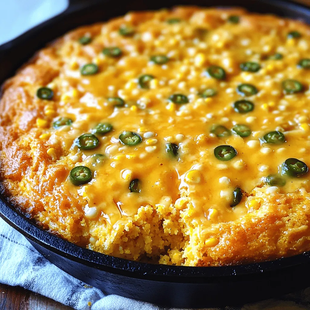 - 1 cup cornmeal - 1 cup all-purpose flour - 1 tablespoon baking powder - 1/2 teaspoon salt - 1/4 teaspoon cayenne pepper - 1 cup buttermilk (or milk with 1 tablespoon vinegar) - 2 large eggs - 1/4 cup honey - 1/4 cup melted butter - 1 cup shredded sharp cheddar cheese - 1/2 cup pickled jalapeños, chopped - 1/3 cup corn kernels When I make Cheesy Jalapeño Cornbread, I love how simple the ingredients are. Each one plays a role in creating that perfect blend of flavor and texture. The cornmeal gives it a warm, hearty base, while the all-purpose flour offers a soft, tender crumb. The baking powder helps the bread rise, making it fluffy. I always add a pinch of salt to enhance the taste. A little cayenne pepper adds a gentle kick that pairs well with the cheese and jalapeños. For moisture, I use buttermilk. If you don't have it, just mix regular milk with vinegar, and it works great. Eggs bind everything together. Honey adds sweetness, and melted butter gives richness. Now, let’s talk cheese! Sharp cheddar gives that bold flavor. You can adjust the amount to your liking. The pickled jalapeños bring heat and tang, and corn kernels add a sweet crunch. - Calories: 200 per serving - Protein: 5 grams - Carbohydrates: 30 grams - Fat: 8 grams This cornbread is not just tasty; it packs fiber and protein. It’s filling and satisfying, making it a great side or snack. - Mixing bowls - Whisk - Baking dish or cast-iron skillet These tools make it easy to prepare your cornbread. The mixing bowls help combine ingredients, while a whisk ensures a smooth batter. A baking dish or a cast-iron skillet works well for baking, giving a nice crust. For the full recipe, check [Full Recipe]. 1. Preheat your oven to 400°F (200°C). Grease a 9-inch baking dish or cast-iron skillet with butter. This helps the cornbread not stick. 2. In a large bowl, mix together the cornmeal, all-purpose flour, baking powder, salt, and cayenne pepper. Whisk until all the dry bits blend well. 3. In another bowl, whisk the buttermilk, eggs, honey, and melted butter. Make sure there are no lumps for a smooth batter. 1. Pour the wet mixture into the dry mix. Stir gently until just combined. Be careful not to overmix, or your cornbread may become tough. 2. Fold in the shredded cheddar cheese, chopped jalapeños, and corn. This adds flavor and texture to the cornbread. 3. Pour the batter into your baking dish, spreading it evenly. Bake for 20-25 minutes until the top is golden. A toothpick should come out clean when inserted in the center. 1. Let the cornbread cool in the pan for about 10 minutes. This makes it easier to slice. 2. For the best serving experience, slice into squares. Serve warm, and consider adding melted cheese or a drizzle of honey on top for extra flavor. Enjoy this delightful Cheesy Jalapeño Cornbread! For the complete recipe, check out the Full Recipe section. To make the best Cheesy Jalapeño Cornbread, avoid overmixing the batter. When you mix too much, the cornbread can turn out tough. Stir just until everything is combined; this keeps it light and fluffy. The texture is key! Adjust the spice level based on your taste. If you love heat, add more jalapeños. For a milder flavor, use fewer. Remember, pickled jalapeños are less spicy than fresh. You can also remove the seeds for less heat. Cornbread pairs well with soups and salads. Try serving it alongside chili or a fresh garden salad. The warmth of the cornbread complements these dishes perfectly. For toppings, consider adding extra cheese. A sprinkle of melted cheese on top makes it even tastier. A drizzle of honey adds a sweet touch that balances the spice. You can also try butter for a classic finish. One common mistake is overbaking. Keep an eye on the time. The cornbread should bake for about 20-25 minutes. Check it with a toothpick. If it comes out clean, it’s done. Overbaking can make it dry. Using the right ingredients matters too. Fresh corn adds sweetness and texture. If you use frozen corn, make sure it’s thawed and drained. This keeps the batter from becoming too wet. For the best flavor, always use fresh ingredients when possible. For the complete recipe, check the [Full Recipe]. {{image_2}} You can mix up your Cheesy Jalapeño Cornbread by using different cheeses. Sharp cheddar gives a great flavor, but try pepper jack for more heat. Creamy mozzarella can add a nice stretch. If you need a dairy-free option, use vegan cheese. It melts well and still tastes good! Adjusting the spice is easy! You can add more jalapeños for heat, or use less if you like it mild. If you want extra kick, add more cayenne pepper. You could also try spices like smoked paprika or ground cumin for a different taste. Get creative with add-ins! Cooked bacon bits add a savory crunch. Fresh herbs like cilantro or green onions can brighten the flavor. For a sweet twist, mix in blueberries or corn kernels. These fun choices make your cornbread unique and tasty! You can find the full recipe to get started. Once your Cheesy Jalapeño Cornbread cools, store it properly. Let it cool at room temperature for about 10 minutes. This step helps avoid soggy cornbread. After cooling, cut it into squares for easy storage. Place the squares in an airtight container. If you don’t have one, use a zip-top bag. Make sure to press out as much air as you can. This keeps the cornbread fresh longer. When it’s time to enjoy your leftovers, reheating is key. The oven works best for even heating. Preheat your oven to 350°F (175°C). Place the cornbread on a baking sheet. Cover it with foil to keep it moist. Heat for about 10-15 minutes. If you need it fast, the microwave is an option too. Place a piece of cornbread on a microwave-safe plate. Cover it with a damp paper towel. Heat in short bursts of 15-20 seconds until warm. This method also helps keep it moist. Want to save some for later? Freezing is a great choice. First, let the cornbread cool completely. Wrap each piece tightly in plastic wrap. Then place the wrapped pieces in a freezer bag. Remove as much air as you can before sealing. This helps prevent freezer burn. To thaw, move the cornbread from the freezer to the fridge overnight. If you’re in a hurry, you can also thaw it in the microwave. Just use low power to avoid cooking it. Enjoy your delicious cornbread anytime! You can find the full recipe to make it fresh whenever you like. To make your cornbread spicier, add more jalapeños. You can use fresh or pickled ones. Chop them finely and mix them into the batter. If you want even more heat, add a pinch of cayenne pepper. You can also try swapping in hotter peppers like serrano or habanero. Just remember to taste as you go! Yes, you can use regular milk. Buttermilk makes the cornbread moist and tangy. If you don’t have buttermilk, mix one cup of milk with one tablespoon of vinegar or lemon juice. Let it sit for five minutes to sour before using it in the recipe. This helps mimic the flavor and texture of buttermilk. Cheesy Jalapeño Cornbread works well with many dishes. It pairs nicely with chili, soups, or stews. Try it alongside grilled meats or a fresh salad. For a fun twist, serve with barbecue. You can also enjoy it as a snack with butter or honey on top. Homemade cornbread lasts about three days at room temperature. Store it in an airtight container to keep it fresh. If you want it to last longer, place it in the fridge, where it can stay good for about a week. Always check for any signs of spoilage before eating. You learned how to make Cheesy Jalapeño Cornbread from scratch. We covered ingredients, steps, and tips to perfect your dish. This cornbread pairs well with many meals and offers a fun, spicy twist. Remember, adjusting spice levels and adding cheese can change the flavor. Store leftovers properly to enjoy later. With these guidelines, your cornbread will be a hit at every meal. I hope you feel ready to bake and share its tasty goodness!