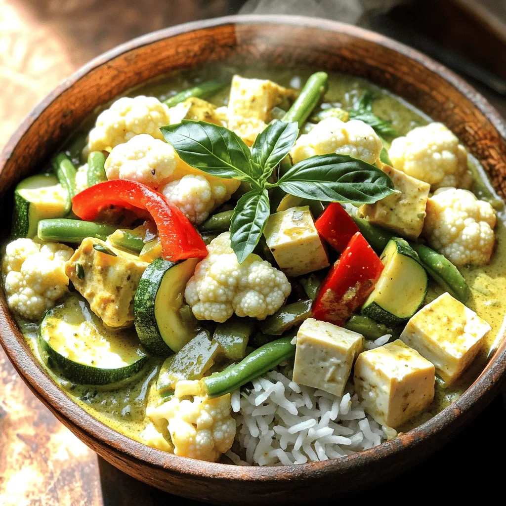 To create a great vegan Thai green curry, you need key ingredients that bring flavor and texture. Here’s what you will need: - 1 tablespoon coconut oil - 1 onion, thinly sliced - 3 cloves garlic, minced - 1 tablespoon fresh ginger, grated - 2-3 tablespoons Thai green curry paste - 1 can (400ml) coconut milk - 2 cups vegetable broth - 1 medium zucchini, chopped - 1 red bell pepper, sliced - 1 cup green beans, trimmed - 1 cup cauliflower florets - 1 cup firm tofu, cubed - 2 tablespoons soy sauce - 1 tablespoon lime juice - Fresh basil leaves for garnish - Cooked jasmine rice or quinoa for serving Each ingredient adds a unique touch. The coconut oil gives a nice base. The onion, garlic, and ginger create a fragrant mix. Thai green curry paste is the star, giving that distinct flavor. Coconut milk adds creaminess, while the broth provides depth. Fresh veggies bring color and crunch, while tofu offers protein. To make your curry shine, you can adjust spices and flavors. Here are some tips: - Thai Green Curry Paste: This paste is packed with herbs and spices. You can find it in stores or make your own. Use more for a spicier kick. - Lime Juice: A splash of lime juice brightens the dish. It adds a zesty flavor that balances the richness of coconut milk. - Soy Sauce: This gives saltiness and umami. If you need it gluten-free, use tamari instead. These enhancers make your curry richer and more vibrant. You can even add a pinch of sugar or chili flakes for extra flavor. Sometimes, you may not have all the ingredients. Here are some easy swaps: - Coconut Oil: Use olive or avocado oil if you don’t have coconut oil. - Firm Tofu: You can replace tofu with tempeh or seitan for a different protein source. - Vegetables: Feel free to swap veggies based on what you have. Broccoli, carrots, or peas work great too. These substitutions keep your curry delicious while allowing flexibility. You can make it your own while still keeping the essence of a vegan Thai green curry. Start by gathering all your ingredients. This makes cooking smooth and fun. - 1 tablespoon coconut oil - 1 onion, thinly sliced - 3 cloves garlic, minced - 1 tablespoon fresh ginger, grated - 2-3 tablespoons Thai green curry paste (adjust to taste) - 1 can (400ml) coconut milk - 2 cups vegetable broth - 1 medium zucchini, chopped - 1 red bell pepper, sliced - 1 cup green beans, trimmed - 1 cup cauliflower florets - 1 cup firm tofu, cubed - 2 tablespoons soy sauce (or tamari for gluten-free) - 1 tablespoon lime juice - Fresh basil leaves for garnish - Cooked jasmine rice or quinoa for serving Next, slice the onion and chop the veggies. Mince the garlic and grate the ginger. Heat the coconut oil in a large pot over medium heat. Add the sliced onion and sauté for about 5 minutes. You want them soft and clear. Then, add the minced garlic and grated ginger. Sauté for another minute until you smell the great aroma. Now, stir in the Thai green curry paste. Cook for 2-3 minutes. This blends the flavors well. Pour in the coconut milk and vegetable broth. Stir to mix everything nicely. Add the chopped zucchini, sliced bell pepper, green beans, and cauliflower. Bring the mixture to a gentle simmer. Cook for about 10-15 minutes. The veggies should be tender but bright. Gently fold in the cubed tofu. Let it heat through for another 5 minutes. Stir in the soy sauce and lime juice. Taste and adjust the seasoning if needed. Remove the pot from heat. Let the curry rest for a few minutes. This helps the flavors get even better. Taste your curry. If it needs more heat, add extra curry paste. For more brightness, squeeze in more lime juice. Serve the curry hot over jasmine rice or quinoa. Garnish with fresh basil leaves. Enjoy your vibrant and tasty dish! For the full recipe, check out the details above. To start, choose a good pot for even heat. I like using a heavy-bottomed pot. Heat the coconut oil until it melts. Add the onion and cook until soft. This takes about five minutes. Next, add garlic and ginger. These give great flavor. Stir in the Thai green curry paste and let it cook. This step is key for rich taste. Serve your curry over jasmine rice or quinoa. Both work well to soak up flavors. You can also add fresh basil on top. This adds a nice touch. For a crunch, try some roasted peanuts. They add a great texture. A side of lime wedges brightens the dish too. It adds a zesty kick. You can easily change this recipe for your needs. For a nut-free option, skip the peanuts. If you want it gluten-free, use tamari instead of soy sauce. You can also swap tofu for chickpeas. They provide protein and work well with the spices. Feel free to play with veggies too. Carrots or eggplant can add variety to your curry. Check out the Full Recipe for more ideas. {{image_2}} You can swap vegetables in your Vegan Thai Green Curry based on what you like. Use eggplant, broccoli, or snap peas for a fresh twist. Carrots add sweetness, while spinach brings a lovely green color. Feel free to mix and match based on the seasons or your pantry stock. Tofu is great, but you can try other proteins too. Chickpeas or lentils work well if you want a hearty dish. Tempeh has a firm texture and adds a nutty taste. For a nut-free option, use seitan. Each protein gives a unique flavor and texture to your curry. Adjusting the heat level is easy. Use less curry paste for a milder taste. If you love spice, add fresh chilies or more curry paste. Remember, you can always start small and build up. Balancing heat with coconut milk keeps the dish creamy and delicious. For the full recipe, check out the detailed instructions. After you enjoy your vegan Thai green curry, store any leftovers in an airtight container. Let the curry cool first, then cover it tightly. Keep it in the fridge for up to 4 days. This way, you can savor the flavors again later. When you're ready to eat again, reheat your curry on the stove. Use a medium heat and stir often. This helps it warm evenly. You can add a splash of vegetable broth or coconut milk if it seems thick. Heat until it's hot, but don’t boil it. If you want to save some curry for later, freezing is a great option. Portion the curry into freezer-safe containers. Leave some space at the top because it will expand when frozen. It can last for about 2-3 months in the freezer. To thaw, move it to the fridge a day before you eat it. Then, reheat it on the stove as mentioned before. This keeps your meal fresh and tasty! For the full recipe, check out the details above. Yes, you can make Vegan Thai Green Curry ahead of time. Cook it fully and let it cool. Store it in an airtight container in the fridge for up to four days. The flavors will deepen as it sits. This curry also tastes great when reheated. I love serving this curry with jasmine rice or quinoa. They soak up the sauce well. You can also add fresh salad or steamed veggies on the side. For a crunchy touch, try adding roasted peanuts or cashews. Using fresh herbs is possible, but the flavor will differ. Curry paste has a strong mix of spices that fresh herbs can't fully replace. If you want to use herbs, try fresh cilantro, basil, or mint for a fresh twist. You may need to adjust other spice levels to balance the taste. You can find Thai green curry paste at most grocery stores. Look in the Asian or international foods aisle. You can also find it in specialty Asian markets. If you prefer, you can make your own using fresh herbs, spices, and a food processor. For the full recipe, check out the detailed steps! You now know the key ingredients, steps, and tips for making Vegan Thai Green Curry. Understanding these parts helps you craft a tasty meal. Remember, adjusting flavors is key. You can customize this dish to fit your diet and preferences. Store your leftovers well, and you can enjoy them later. Don't forget to experiment with different vegetables and proteins. With practice, you’ll make a perfect curry every time. Enjoy your cooking journey!
