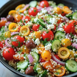 To make a delicious Mediterranean couscous salad, gather these key ingredients: - 1 cup couscous - 1 1/4 cups vegetable broth - 1/2 cup cherry tomatoes, halved - 1/2 cucumber, diced - 1/4 red onion, finely chopped - 1/2 cup Kalamata olives, pitted and sliced - 1/2 cup feta cheese, crumbled - 1/4 cup fresh parsley, chopped - 1/4 cup olive oil - 2 tablespoons lemon juice - 1 teaspoon dried oregano - Salt and pepper to taste These ingredients bring bright colors and fresh flavors to the dish. This salad is not just tasty; it’s healthy too. Here’s a quick look at the nutrition: - Couscous: A good source of carbs. It gives energy. - Vegetable broth: Low in calories. It adds depth of flavor. - Vegetables: Tomatoes, cucumber, and onion add vitamins and minerals. - Kalamata olives: They offer healthy fats. They also bring a nice briny taste. - Feta cheese: Adds protein and calcium. It gives a creamy texture. - Olive oil: A heart-healthy fat that enhances flavor. - Lemon juice: Adds brightness and vitamin C. - Oregano: A herb that supports digestion. If you need to make changes, here are some great swaps: - Couscous: Try quinoa or farro for a gluten-free option. - Vegetable broth: Use chicken broth for a richer flavor. - Feta cheese: Crumbled goat cheese works well too. - Olives: Green olives can replace Kalamata olives. - Herbs: Fresh basil or mint can add a different twist. These swaps allow you to customize the salad to fit your taste or dietary needs. For the full recipe, check out the earlier section. First, heat 1 1/4 cups of vegetable broth in a medium saucepan. Bring it to a boil. Once boiling, add 1 cup of couscous and stir quickly. Cover the pot and remove it from heat. Let it sit for about 5 minutes. The couscous will absorb the broth. After that, fluff it with a fork and let it cool for a few minutes. While the couscous cools, grab a large mixing bowl. Add 1/2 cup of halved cherry tomatoes, 1/2 diced cucumber, 1/4 finely chopped red onion, and 1/2 cup of sliced Kalamata olives. Then, add 1/2 cup of crumbled feta cheese and 1/4 cup of chopped fresh parsley. In a small bowl, whisk together 1/4 cup of olive oil, 2 tablespoons of lemon juice, 1 teaspoon of dried oregano, salt, and pepper. This is your dressing. Once the couscous cools slightly, add it to the mixing bowl with the veggies. Pour the dressing over everything. Gently toss to mix, making sure all ingredients are coated. Taste the salad and adjust seasoning if needed. Let it sit for at least 15 minutes. This helps the flavors blend. For serving, place the salad in a large bowl or on individual plates. Garnish with extra parsley and a sprinkle of feta on top. Drizzle a bit more olive oil right before serving for added shine. For the full recipe, check out the details above. When making Mediterranean couscous salad, watch out for a few common errors. First, do not overcook the couscous. It should be fluffy, not mushy. Second, skip the bland dressings. Always use fresh lemon juice and quality olive oil for a bright flavor. Lastly, avoid skipping the resting time. Letting the salad sit allows the flavors to blend. To boost the taste of your salad, consider adding fresh herbs like mint or basil. These herbs bring a nice twist. You can also try adding crushed red pepper for some heat. For a citrus kick, add more lemon juice or zest. A splash of balsamic vinegar can deepen the flavor profile too. When serving, presentation matters. Use a large bowl for family-style serving or individual plates for a fancy touch. Sprinkle extra feta and parsley on top for color. Drizzle some olive oil right before serving for a shiny finish. This makes your dish look as good as it tastes. Remember, you can find the full recipe to guide you through! {{image_2}} You can change the flavors of your Mediterranean couscous salad with seasonal ingredients. In spring, add fresh asparagus or peas for a pop of green. In summer, toss in some sweet bell peppers or zucchini. Fall and winter bring hearty options like roasted butternut squash or kale. Using fresh, seasonal produce makes your salad vibrant and tasty. To make your salad more filling, add protein. Chickpeas are a great choice. They blend well with the other flavors. Grilled chicken or shrimp also works nicely if you enjoy meat. For a different twist, consider adding diced hard-boiled eggs. These options not only add protein but also enhance the overall taste of the salad. You can easily adapt this salad to fit dietary needs. For a vegan version, simply leave out the feta cheese. Replace it with avocado or a sprinkle of nutritional yeast for a cheesy flavor. If you need a gluten-free option, substitute couscous with quinoa or rice. These swaps keep the meal delicious and satisfying while meeting your needs. For the complete recipe, check out the Full Recipe. To keep your Mediterranean Couscous Salad fresh, store it in the fridge. Place the salad in an airtight container. This helps keep it from drying out. Try to eat it within three days. The flavors will still be good, but the veggies may lose some crunch. Use glass containers with tight lids for the best results. They keep the salad fresh and let you see the colorful layers inside. If you have plastic containers, make sure they are BPA-free and seal well. This keeps your salad safe and tasty. Reheating couscous salad is simple but not always necessary. If you prefer it warm, microwave it for about 30 seconds. Stir it halfway to heat evenly. You can also serve it cold, which many people enjoy. The Full Recipe is perfect for any occasion. To boost flavor in your couscous salad, try these tips: - Use broth instead of water when cooking couscous. It adds depth. - Add herbs like mint or basil for fresh notes. - Mix in spices such as cumin or paprika for warmth. - Include citrus zest to brighten flavors. Lemon or lime work well. - Toast the couscous briefly in olive oil before adding broth. This adds a nutty taste. These small changes can make a big difference in taste. Yes, you can make this salad ahead of time. It actually tastes better after sitting. The flavors meld together nicely. I suggest preparing it a few hours in advance. Just keep it in the fridge until you're ready to serve. If you want to make it even earlier, you can store the couscous separately from the vegetables and dressing. This keeps everything fresh and crunchy. You can serve this salad with many dishes. Here are some great options: - Grilled chicken adds protein and pairs well. - Fish, like salmon or tilapia, complements the salad's flavors. - Pita bread or hummus makes for a fun side. - Roasted vegetables add warmth and texture. - A light soup, like tomato or lentil, can round out the meal. These pairings create a satisfying and balanced meal. For the full recipe, check out the details above. This blog post covered the essential parts of making Mediterranean Couscous Salad. We explored key ingredients, nutritional facts, and ways to switch things up. You learned step-by-step how to prepare and serve the dish. I shared tips to avoid common mistakes and enhance flavors. Plus, we looked at different variations and storage tips for leftovers. In conclusion, this salad is versatile and easy to customize. Enjoy making it your own!
