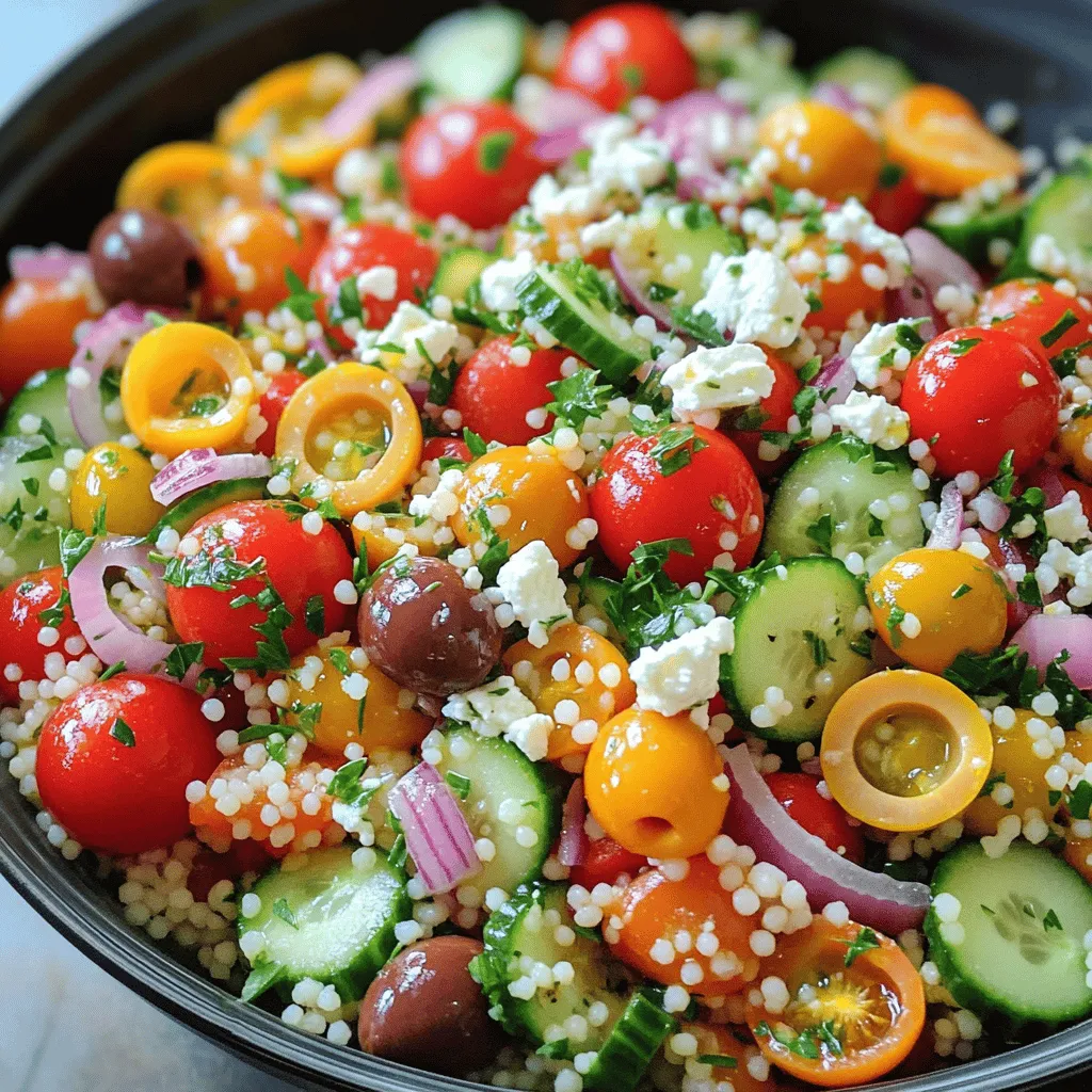 To make a delicious Mediterranean couscous salad, gather these key ingredients: - 1 cup couscous - 1 1/4 cups vegetable broth - 1/2 cup cherry tomatoes, halved - 1/2 cucumber, diced - 1/4 red onion, finely chopped - 1/2 cup Kalamata olives, pitted and sliced - 1/2 cup feta cheese, crumbled - 1/4 cup fresh parsley, chopped - 1/4 cup olive oil - 2 tablespoons lemon juice - 1 teaspoon dried oregano - Salt and pepper to taste These ingredients bring bright colors and fresh flavors to the dish. This salad is not just tasty; it’s healthy too. Here’s a quick look at the nutrition: - Couscous: A good source of carbs. It gives energy. - Vegetable broth: Low in calories. It adds depth of flavor. - Vegetables: Tomatoes, cucumber, and onion add vitamins and minerals. - Kalamata olives: They offer healthy fats. They also bring a nice briny taste. - Feta cheese: Adds protein and calcium. It gives a creamy texture. - Olive oil: A heart-healthy fat that enhances flavor. - Lemon juice: Adds brightness and vitamin C. - Oregano: A herb that supports digestion. If you need to make changes, here are some great swaps: - Couscous: Try quinoa or farro for a gluten-free option. - Vegetable broth: Use chicken broth for a richer flavor. - Feta cheese: Crumbled goat cheese works well too. - Olives: Green olives can replace Kalamata olives. - Herbs: Fresh basil or mint can add a different twist. These swaps allow you to customize the salad to fit your taste or dietary needs. For the full recipe, check out the earlier section. First, heat 1 1/4 cups of vegetable broth in a medium saucepan. Bring it to a boil. Once boiling, add 1 cup of couscous and stir quickly. Cover the pot and remove it from heat. Let it sit for about 5 minutes. The couscous will absorb the broth. After that, fluff it with a fork and let it cool for a few minutes. While the couscous cools, grab a large mixing bowl. Add 1/2 cup of halved cherry tomatoes, 1/2 diced cucumber, 1/4 finely chopped red onion, and 1/2 cup of sliced Kalamata olives. Then, add 1/2 cup of crumbled feta cheese and 1/4 cup of chopped fresh parsley. In a small bowl, whisk together 1/4 cup of olive oil, 2 tablespoons of lemon juice, 1 teaspoon of dried oregano, salt, and pepper. This is your dressing. Once the couscous cools slightly, add it to the mixing bowl with the veggies. Pour the dressing over everything. Gently toss to mix, making sure all ingredients are coated. Taste the salad and adjust seasoning if needed. Let it sit for at least 15 minutes. This helps the flavors blend. For serving, place the salad in a large bowl or on individual plates. Garnish with extra parsley and a sprinkle of feta on top. Drizzle a bit more olive oil right before serving for added shine. For the full recipe, check out the details above. When making Mediterranean couscous salad, watch out for a few common errors. First, do not overcook the couscous. It should be fluffy, not mushy. Second, skip the bland dressings. Always use fresh lemon juice and quality olive oil for a bright flavor. Lastly, avoid skipping the resting time. Letting the salad sit allows the flavors to blend. To boost the taste of your salad, consider adding fresh herbs like mint or basil. These herbs bring a nice twist. You can also try adding crushed red pepper for some heat. For a citrus kick, add more lemon juice or zest. A splash of balsamic vinegar can deepen the flavor profile too. When serving, presentation matters. Use a large bowl for family-style serving or individual plates for a fancy touch. Sprinkle extra feta and parsley on top for color. Drizzle some olive oil right before serving for a shiny finish. This makes your dish look as good as it tastes. Remember, you can find the full recipe to guide you through! {{image_2}} You can change the flavors of your Mediterranean couscous salad with seasonal ingredients. In spring, add fresh asparagus or peas for a pop of green. In summer, toss in some sweet bell peppers or zucchini. Fall and winter bring hearty options like roasted butternut squash or kale. Using fresh, seasonal produce makes your salad vibrant and tasty. To make your salad more filling, add protein. Chickpeas are a great choice. They blend well with the other flavors. Grilled chicken or shrimp also works nicely if you enjoy meat. For a different twist, consider adding diced hard-boiled eggs. These options not only add protein but also enhance the overall taste of the salad. You can easily adapt this salad to fit dietary needs. For a vegan version, simply leave out the feta cheese. Replace it with avocado or a sprinkle of nutritional yeast for a cheesy flavor. If you need a gluten-free option, substitute couscous with quinoa or rice. These swaps keep the meal delicious and satisfying while meeting your needs. For the complete recipe, check out the Full Recipe. To keep your Mediterranean Couscous Salad fresh, store it in the fridge. Place the salad in an airtight container. This helps keep it from drying out. Try to eat it within three days. The flavors will still be good, but the veggies may lose some crunch. Use glass containers with tight lids for the best results. They keep the salad fresh and let you see the colorful layers inside. If you have plastic containers, make sure they are BPA-free and seal well. This keeps your salad safe and tasty. Reheating couscous salad is simple but not always necessary. If you prefer it warm, microwave it for about 30 seconds. Stir it halfway to heat evenly. You can also serve it cold, which many people enjoy. The Full Recipe is perfect for any occasion. To boost flavor in your couscous salad, try these tips: - Use broth instead of water when cooking couscous. It adds depth. - Add herbs like mint or basil for fresh notes. - Mix in spices such as cumin or paprika for warmth. - Include citrus zest to brighten flavors. Lemon or lime work well. - Toast the couscous briefly in olive oil before adding broth. This adds a nutty taste. These small changes can make a big difference in taste. Yes, you can make this salad ahead of time. It actually tastes better after sitting. The flavors meld together nicely. I suggest preparing it a few hours in advance. Just keep it in the fridge until you're ready to serve. If you want to make it even earlier, you can store the couscous separately from the vegetables and dressing. This keeps everything fresh and crunchy. You can serve this salad with many dishes. Here are some great options: - Grilled chicken adds protein and pairs well. - Fish, like salmon or tilapia, complements the salad's flavors. - Pita bread or hummus makes for a fun side. - Roasted vegetables add warmth and texture. - A light soup, like tomato or lentil, can round out the meal. These pairings create a satisfying and balanced meal. For the full recipe, check out the details above. This blog post covered the essential parts of making Mediterranean Couscous Salad. We explored key ingredients, nutritional facts, and ways to switch things up. You learned step-by-step how to prepare and serve the dish. I shared tips to avoid common mistakes and enhance flavors. Plus, we looked at different variations and storage tips for leftovers. In conclusion, this salad is versatile and easy to customize. Enjoy making it your own!