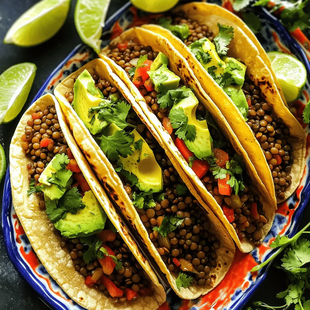 - 1 cup dry green or brown lentils, rinsed - 2 cups vegetable broth - 1 small onion, finely diced - 2 cloves garlic, minced - 1 red bell pepper, finely chopped - 1 tablespoon ground cumin - 1 tablespoon smoked paprika - 1 teaspoon chili powder - Salt and pepper to taste - 1 tablespoon olive oil - Corn or flour tortillas - Fresh cilantro, chopped (for garnish) - Sliced avocado (for serving) - Lime wedges (for serving) For these vegan lentil tacos, you will need some simple ingredients. The main star is the lentils. They give the tacos a hearty and filling base. You can use green or brown lentils, both work well. Next, grab some vegetable broth. This adds rich flavor to the lentils as they cook. Fresh vegetables bring color and taste. Dice one small onion and mince two cloves of garlic. These will create a fragrant base when sautéed. Then, chop one red bell pepper for sweetness and crunch. Spices are key for flavor. You will need ground cumin, smoked paprika, and chili powder. These spices create depth and warmth in each bite. Don't forget salt and pepper to enhance all the tastes. For serving, choose corn or flour tortillas. They wrap around the lentil mixture perfectly. Add fresh cilantro, sliced avocado, and lime wedges on top. These toppings will brighten the tacos and make them even more special. This is a full recipe for vegan lentil tacos that is easy to follow. Enjoy the cooking process and savor each bite! To start, you need to cook the lentils. First, combine 1 cup of dry lentils and 2 cups of vegetable broth in a medium pot. Bring the mixture to a gentle simmer over medium heat. Once it simmers, reduce the heat to low. Cover the pot and let it cook for about 20-25 minutes. You want the lentils to be tender but not mushy. After cooking, drain any extra liquid if needed. While the lentils cook, prepare the vegetables. Heat 1 tablespoon of olive oil in a large skillet over medium heat. Add 1 small diced onion and 2 minced garlic cloves. Sauté them for 3-4 minutes until they soften and smell great. Next, add 1 finely chopped red bell pepper to the skillet. Keep cooking for another 5 minutes until the bell pepper becomes tender. Now, it’s time to mix the lentils and spices. Stir in the cooked lentils with the sautéed veggies. Add 1 tablespoon of ground cumin, 1 tablespoon of smoked paprika, and 1 teaspoon of chili powder. Mix everything well and season with salt and pepper to taste. Let this cook together for about 5 minutes. For the tortillas, warm them in a dry skillet or microwave until they are soft and pliable. To serve, spoon the lentil mixture into each tortilla. Top with fresh chopped cilantro and slices of avocado. Don't forget to add lime wedges on the side for an extra burst of flavor. For the full recipe, be sure to check out the details provided earlier. To check for doneness, taste a few lentils. They should be tender but still firm. Avoid mushy lentils by simmering them gently. If you cook them too fast, they can fall apart. Keep an eye on the time; 20 to 25 minutes is usually enough. Want to make your lentil tacos special? You can add more veggies. Try corn, zucchini, or spinach. You can also mix in beans like black beans or pinto beans for extra protein. Adjust the spice levels by adding more chili powder or even fresh peppers. If you like heat, a dash of hot sauce can pump up the flavor. Make your tacos look amazing! Serve them on a bright platter. Add extra cilantro and lime wedges for color. You can also use colorful napkins or a wooden board. These little touches make your meal pop. It’s all about the fun while you eat! Check the Full Recipe for serving ideas. {{image_2}} You can switch up the protein in your tacos. Adding black beans or chickpeas boosts fiber and protein. Both options add a creamy texture and are filling. If you prefer, try using quinoa instead of lentils. Quinoa cooks fast and adds a nice crunch. It also has a unique nutty flavor that complements your tacos well. Experimenting with spices can change the whole dish. Try adding smoked paprika, garlic powder, or even a pinch of cinnamon for warmth. Each spice brings a new taste. You can also incorporate salsas or hot sauces to kick it up a notch. Spicy salsa adds heat, while mild salsa gives a fresh taste. You don't have to stick to traditional tacos. Consider taco bowls instead. Just fill a bowl with your lentil mix and toppings. It’s a fun way to serve and eat. For a low-carb option, use lettuce wraps. Simply replace tortillas with large lettuce leaves. This way, you enjoy a light meal without missing out on flavor. To keep your lentil filling fresh, use airtight containers. Glass or BPA-free plastic containers work best. They seal well and prevent spills. Store the filling in the fridge for up to five days. If you want to enjoy it later, freezing is a great option. When it’s time to enjoy your leftovers, you have a few good options. You can use a microwave or a stovetop. For the microwave, place the lentils in a bowl. Heat them for one to two minutes. Stir halfway for even warming. If you use the stovetop, put the lentils in a skillet. Heat over low heat until warm. Add a splash of water if they seem dry. This helps keep the flavor and texture. To freeze lentil filling, portion it into containers. Use smaller amounts for easy meals later. Leave some space in the container for expansion. Lentils freeze well for up to three months. When you’re ready to eat, thaw overnight in the fridge. Reheat using the stovetop or microwave, just like before. Enjoy your tasty lentil tacos anytime! To make lentil tacos, start with dry lentils. Rinse them well before cooking. In a pot, combine lentils and vegetable broth. Bring this mix to a simmer. Reduce the heat and cover the pot. Cook for about 20-25 minutes until the lentils are soft. In a skillet, heat olive oil. Add diced onion and minced garlic. Sauté them until soft and fragrant. Then, add chopped red bell pepper and cook for about five more minutes. Mix in the cooked lentils along with spices like cumin and paprika. Stir well and season to taste. Finally, serve this lentil mix in warm tortillas. Yes, lentil tacos are quite healthy. Lentils are packed with protein and fiber. They help keep you full for longer. They are low in fat and have no cholesterol. Lentils also offer many vitamins and minerals, like iron and folate. Eating lentils can support heart health and digestion. Yes, you can prep lentil tacos ahead of time. Cook the lentil mixture and store it in the fridge. It will stay fresh for about three to five days. You can also freeze the lentil filling for up to three months. Reheat it when you're ready to eat. Warm tortillas just before serving. This way, you’ll have a quick and tasty meal ready in no time. For the full recipe, check the details above. Lentil tacos are a tasty and healthy option. We covered key ingredients, from dry lentils to spices and fresh vegetables. You learned how to cook lentils, sauté veggies, and mix flavors for delicious tacos. I shared helpful tips to perfect your dish and ways to customize it. Remember, leftovers store well and can be reheated easily. Experimenting with variations keeps your meals interesting. Enjoy making lentil tacos that fit your taste and style!