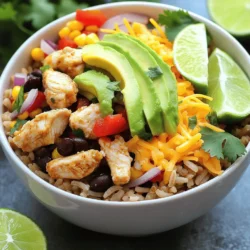 - 2 cups cooked brown rice - 1 pound boneless, skinless chicken breasts, diced - 1 tablespoon olive oil - 1 tablespoon taco seasoning - 1 can (15 oz) black beans, drained and rinsed - 1 cup corn kernels (fresh or frozen) - 1 red bell pepper, diced - 1 small red onion, diced - 1 avocado, sliced - 1 cup salsa - 1 cup shredded cheddar cheese - Fresh cilantro, for garnish - Salt and pepper to taste - Lime wedges for serving The Chicken and Rice Burrito Bowl comes together beautifully with these simple ingredients. You start with brown rice, which is healthy and filling. Then, you add diced chicken for protein. Olive oil adds a nice touch when you cook the chicken. For extra flavor, taco seasoning makes the chicken shine. Black beans and corn add a great texture and flavor. Fresh veggies like red bell pepper and red onion bring color and nutrients to your bowl. Finally, toppings make this dish fun. Sliced avocado adds creaminess, while salsa and cheddar cheese give it a zesty kick. Fresh cilantro brightens it up, and lime wedges add a burst of freshness. With the Full Recipe, you can create a hearty meal that everyone will love! - Heat 1 tablespoon of olive oil in a skillet over medium heat. - Add 1 pound of diced chicken breasts to the skillet. - Season the chicken with taco seasoning, salt, and pepper. - Cook the chicken for about 6-8 minutes. Stir it occasionally until it turns golden brown. - Once cooked, remove the chicken from the skillet and set it aside. - In the same skillet, add 1 small diced red onion and 1 diced red bell pepper. - Sauté these veggies for about 3-4 minutes. You want the onion to be soft and see-through. - Next, add 1 can of drained black beans and 1 cup of corn. - Cook everything for an additional 2-3 minutes until heated through. - In a large bowl, start by layering 2 cups of cooked brown rice at the bottom. - Next, add the cooked chicken mixture on top of the rice. - Spoon 1 cup of salsa over the chicken. - Add sliced avocado for creaminess. - To finish, sprinkle shredded cheddar cheese and fresh cilantro on top. - Serve with lime wedges on the side for a zesty kick. Check out the Full Recipe for more tips and details! - Make sure your chicken is fully cooked. This means it should reach an internal temp of 165°F. - Taste as you cook. Adjust the seasoning to fit your preference. If you like it spicier, add more taco seasoning. - Use colorful veggies. Red bell peppers, corn, and avocado make the bowl pop. - Layer the ingredients. Start with rice, then the chicken, and top with salsa and cheese. This makes it look nice and inviting. - If you want a low-carb meal, swap brown rice for cauliflower rice. - For extra protein, use quinoa instead of brown rice. It adds a nice nutty flavor too. For the full recipe, check out the Zesty Chicken and Rice Burrito Bowl. {{image_2}} If you want a meat-free meal, swap chicken for grilled tofu or tempeh. Both options give a nice texture. Tofu absorbs flavors well, making it a great choice. Tempeh has a nutty taste that adds depth. Season them with taco spices to match the dish. You can change up the protein in your burrito bowl. Shrimp works great if you want seafood. Just cook shrimp until pink and firm. For a beef option, use diced steak or ground beef. Season them with taco seasoning, just like the chicken. Add a kick to your bowl by including jalapeños. They bring heat and flavor at the same time. If you want to mix it up, try different salsas. Pineapple salsa gives a sweet twist, while tomatillo salsa adds a fresh taste. Each option makes your bowl exciting and unique. For the full recipe, check out the Zesty Chicken and Rice Burrito Bowl. You can store your leftover Chicken and Rice Burrito Bowl in an airtight container. It stays fresh for up to 3 days. Just make sure the lid is tight to keep out air and moisture. If you want to save some for later, freeze individual portions. They will last for up to 2 months. Use freezer-safe containers or bags. Label them with the date so you know when you made them. To reheat, you have two easy options. You can use the microwave or the stovetop. Heat until everything is hot all the way through. Stir occasionally to help it warm evenly. Enjoy your tasty meal again! You can add fresh jalapeños or use spicy salsa. Slice the jalapeños thin. Mix them in with the chicken and veggies. This adds heat and flavor. If you like a kick, choose a salsa with a higher spice level. You can even make your own salsa for extra flair. I love serving it with tortilla chips or a fresh side salad. Tortilla chips add a nice crunch. You can dip them in salsa or guacamole. A side salad gives a refreshing contrast to the warm bowl. Try a simple mix of greens, tomatoes, and lime dressing. Yes, it's perfect for meal prep. You can store it in individual servings. Just keep the toppings separate until you're ready to eat. This way, the avocado stays fresh and green. You can easily grab a bowl for lunch or dinner during the week. Enjoy your tasty meal anytime! For the full recipe, check out the Zesty Chicken and Rice Burrito Bowl. This blog post covered a tasty Chicken and Rice Burrito Bowl. We discussed key ingredients like chicken, brown rice, and colorful veggies. You learned step-by-step instructions for preparing and assembling the bowl. We also shared tips for cooking and presentation, plus fun variations to try. Remember, this dish works well for meal prep, making it quick and easy. Enjoy making this bowl at home. You can customize it to fit your taste.