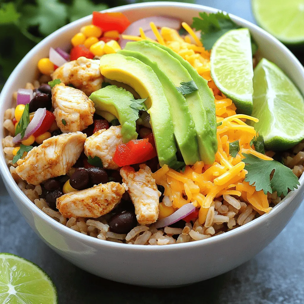 - 2 cups cooked brown rice - 1 pound boneless, skinless chicken breasts, diced - 1 tablespoon olive oil - 1 tablespoon taco seasoning - 1 can (15 oz) black beans, drained and rinsed - 1 cup corn kernels (fresh or frozen) - 1 red bell pepper, diced - 1 small red onion, diced - 1 avocado, sliced - 1 cup salsa - 1 cup shredded cheddar cheese - Fresh cilantro, for garnish - Salt and pepper to taste - Lime wedges for serving The Chicken and Rice Burrito Bowl comes together beautifully with these simple ingredients. You start with brown rice, which is healthy and filling. Then, you add diced chicken for protein. Olive oil adds a nice touch when you cook the chicken. For extra flavor, taco seasoning makes the chicken shine. Black beans and corn add a great texture and flavor. Fresh veggies like red bell pepper and red onion bring color and nutrients to your bowl. Finally, toppings make this dish fun. Sliced avocado adds creaminess, while salsa and cheddar cheese give it a zesty kick. Fresh cilantro brightens it up, and lime wedges add a burst of freshness. With the Full Recipe, you can create a hearty meal that everyone will love! - Heat 1 tablespoon of olive oil in a skillet over medium heat. - Add 1 pound of diced chicken breasts to the skillet. - Season the chicken with taco seasoning, salt, and pepper. - Cook the chicken for about 6-8 minutes. Stir it occasionally until it turns golden brown. - Once cooked, remove the chicken from the skillet and set it aside. - In the same skillet, add 1 small diced red onion and 1 diced red bell pepper. - Sauté these veggies for about 3-4 minutes. You want the onion to be soft and see-through. - Next, add 1 can of drained black beans and 1 cup of corn. - Cook everything for an additional 2-3 minutes until heated through. - In a large bowl, start by layering 2 cups of cooked brown rice at the bottom. - Next, add the cooked chicken mixture on top of the rice. - Spoon 1 cup of salsa over the chicken. - Add sliced avocado for creaminess. - To finish, sprinkle shredded cheddar cheese and fresh cilantro on top. - Serve with lime wedges on the side for a zesty kick. Check out the Full Recipe for more tips and details! - Make sure your chicken is fully cooked. This means it should reach an internal temp of 165°F. - Taste as you cook. Adjust the seasoning to fit your preference. If you like it spicier, add more taco seasoning. - Use colorful veggies. Red bell peppers, corn, and avocado make the bowl pop. - Layer the ingredients. Start with rice, then the chicken, and top with salsa and cheese. This makes it look nice and inviting. - If you want a low-carb meal, swap brown rice for cauliflower rice. - For extra protein, use quinoa instead of brown rice. It adds a nice nutty flavor too. For the full recipe, check out the Zesty Chicken and Rice Burrito Bowl. {{image_2}} If you want a meat-free meal, swap chicken for grilled tofu or tempeh. Both options give a nice texture. Tofu absorbs flavors well, making it a great choice. Tempeh has a nutty taste that adds depth. Season them with taco spices to match the dish. You can change up the protein in your burrito bowl. Shrimp works great if you want seafood. Just cook shrimp until pink and firm. For a beef option, use diced steak or ground beef. Season them with taco seasoning, just like the chicken. Add a kick to your bowl by including jalapeños. They bring heat and flavor at the same time. If you want to mix it up, try different salsas. Pineapple salsa gives a sweet twist, while tomatillo salsa adds a fresh taste. Each option makes your bowl exciting and unique. For the full recipe, check out the Zesty Chicken and Rice Burrito Bowl. You can store your leftover Chicken and Rice Burrito Bowl in an airtight container. It stays fresh for up to 3 days. Just make sure the lid is tight to keep out air and moisture. If you want to save some for later, freeze individual portions. They will last for up to 2 months. Use freezer-safe containers or bags. Label them with the date so you know when you made them. To reheat, you have two easy options. You can use the microwave or the stovetop. Heat until everything is hot all the way through. Stir occasionally to help it warm evenly. Enjoy your tasty meal again! You can add fresh jalapeños or use spicy salsa. Slice the jalapeños thin. Mix them in with the chicken and veggies. This adds heat and flavor. If you like a kick, choose a salsa with a higher spice level. You can even make your own salsa for extra flair. I love serving it with tortilla chips or a fresh side salad. Tortilla chips add a nice crunch. You can dip them in salsa or guacamole. A side salad gives a refreshing contrast to the warm bowl. Try a simple mix of greens, tomatoes, and lime dressing. Yes, it's perfect for meal prep. You can store it in individual servings. Just keep the toppings separate until you're ready to eat. This way, the avocado stays fresh and green. You can easily grab a bowl for lunch or dinner during the week. Enjoy your tasty meal anytime! For the full recipe, check out the Zesty Chicken and Rice Burrito Bowl. This blog post covered a tasty Chicken and Rice Burrito Bowl. We discussed key ingredients like chicken, brown rice, and colorful veggies. You learned step-by-step instructions for preparing and assembling the bowl. We also shared tips for cooking and presentation, plus fun variations to try. Remember, this dish works well for meal prep, making it quick and easy. Enjoy making this bowl at home. You can customize it to fit your taste.