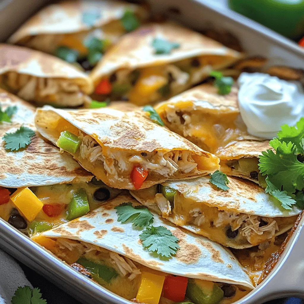 - 2 cups cooked chicken, shredded - 1 cup shredded cheddar cheese - 1 cup shredded mozzarella cheese - 1 cup bell peppers, diced (red, yellow, and green) - 1 small onion, finely chopped - 1 cup black beans, rinsed and drained - 1 teaspoon cumin - 1 teaspoon paprika - ½ teaspoon garlic powder - ½ teaspoon chili powder - 8 large flour tortillas - ½ cup sour cream (optional for serving) - Fresh cilantro, for garnish - Cooking spray or olive oil Gather these ingredients to create a dish full of flavor. The cooked chicken gives the quesadillas a hearty base. The blend of cheddar and mozzarella cheese adds a creamy and gooey texture. The bell peppers and onion bring color and crunch, while black beans add protein and fiber. The spices—cumin, paprika, garlic, and chili powder—add warmth and depth. Lastly, the flour tortillas hold everything together, making each bite a delight. For the full recipe, check out the detailed instructions to create this cheesy goodness. Enjoy your cooking adventure! - Preheat the oven to 375°F (190°C). - Spray the baking dish with cooking spray or olive oil. Start by warming up your oven. This step ensures your quesadillas bake evenly and get that perfect crispy edge. While the oven heats, prepare your baking dish. A quick spray of cooking spray or a light brush of olive oil keeps your quesadillas from sticking. - Combine chicken, cheeses, vegetables, beans, and spices in a mixing bowl. In a large mixing bowl, toss together your cooked chicken, cheddar cheese, mozzarella cheese, diced bell peppers, chopped onion, black beans, cumin, paprika, garlic powder, and chili powder. Mix well until everything is coated in cheesy goodness. This step is key. Each bite should be packed with flavor. - Distribute the mixture over tortillas and fold. - Arrange folded tortillas in the baking dish. Lay out your tortillas flat. Spoon a generous amount of the chicken and cheese mix onto each tortilla, leaving a little space at the edges. Fold each tortilla in half, creating a half-moon shape. Place them seam-side down in your baking dish. This arrangement helps them cook evenly. - Bake with foil for 20 minutes, then uncovered for an additional 10-15 minutes. - Let cool and cut into triangles for serving. Cover the dish with foil before baking. This keeps the moisture in, making the tortillas soft and tasty. After 20 minutes, remove the foil. Let the quesadillas bake for another 10-15 minutes. You want them golden and crispy. Once done, take them out and let them cool a bit. Cut them into triangles for easy serving. These bites are perfect for sharing. Enjoy your flavorful Chicken and Cheese Quesadillas Bake! For the complete recipe, check the Full Recipe section. Mixing cheeses boosts the taste of your quesadillas. I like using cheddar and mozzarella together. Cheddar adds sharpness, while mozzarella brings creaminess. If you want more spice, adjust the chili powder. Start with a little and taste as you go. You can always add more! When placing quesadillas in the dish, space them evenly. This helps them cook through and get crispy. For a crispy top, broil the quesadillas for a few minutes at the end. Just watch them closely so they don’t burn. Serve your quesadillas with sides like guacamole or salsa for extra flavor. You can also garnish with more cheese and fresh herbs, like cilantro. This makes your dish look pretty and adds taste. For a creamy touch, don’t forget the sour cream on the side. For the full recipe, check out the [Full Recipe]. {{image_2}} You can swap proteins in this recipe. Try using beef or turkey instead of chicken. Each option brings a unique flavor. For a vegetarian twist, leave out the chicken. Add more beans or colorful veggies like zucchini or corn. This keeps it hearty and delicious. Boost the taste of your quesadillas with spices. Taco seasoning adds a nice kick. You can also mix up your cheeses. Try pepper jack for heat or gouda for smokiness. Each cheese offers a different experience. This is a fun way to personalize your bake. If you want to skip dairy, there are great alternatives. Look for dairy-free cheese brands made from nuts or soy. Many melt well and taste good. You can also customize your quesadillas without cheese. Just load them with extra veggies or beans for a filling meal. For the complete details on how to make this dish, check out the Full Recipe. To keep your chicken and cheese quesadillas fresh, store them in the fridge. Place them in an airtight container. This method helps prevent air from making them soggy. You can also wrap them tightly in plastic wrap. This keeps them safe from smells in the fridge. For best taste, eat them within 3 to 4 days. You can freeze quesadillas before or after baking. If you freeze them before baking, assemble the quesadillas as usual. Then, place them in a single layer on a baking sheet. Freeze them for about an hour, then wrap them in foil or plastic wrap. If you freeze them after baking, let them cool completely first. Wrap them tightly and store in a freezer-safe bag. To thaw, move them to the fridge overnight before reheating. To reheat quesadillas, the oven is best. Preheat it to 350°F (175°C). Place quesadillas on a baking sheet and cover with foil. Heat for about 10 to 15 minutes. This method helps keep them crispy. If using a microwave, place a paper towel under the quesadilla. This helps absorb moisture. Heat for about 1 to 2 minutes. Be careful not to overheat, as this can make them soggy. Enjoy your meal warm and delicious! Yes, you can prep this dish in advance. You can prepare the filling a day before. Just store it in the fridge. You can assemble the quesadillas and keep them covered until you are ready to bake. This helps save time on busy days. To give your quesadillas a kick, add jalapeños to the filling. You can also use hotter spices like cayenne pepper or chili flakes. You can mix in some hot sauce into the chicken for extra heat. Adjust the amount to match your taste. Pair these quesadillas with sides like guacamole, salsa, or fresh salad. A dollop of sour cream adds creaminess. You can also serve rice or corn for a complete meal. These sides enhance the flavors and make the meal fun. Absolutely! You can freeze leftovers for later. Make sure they cool completely before wrapping them in plastic wrap. Store them in an airtight container or a freezer bag. When you're ready to eat, thaw them in the fridge and reheat in the oven for the best taste. This blog post covered how to make delicious Chicken and Cheese Quesadillas. We went through the key ingredients, step-by-step instructions, and helpful tips to enhance your dish. You learned about ingredient substitutions and how to store leftovers properly. In closing, these quesadillas are easy to make and customizable. Enjoy them with your favorite sides. You’ll create a meal that pleases everyone. Get cooking and have fun!