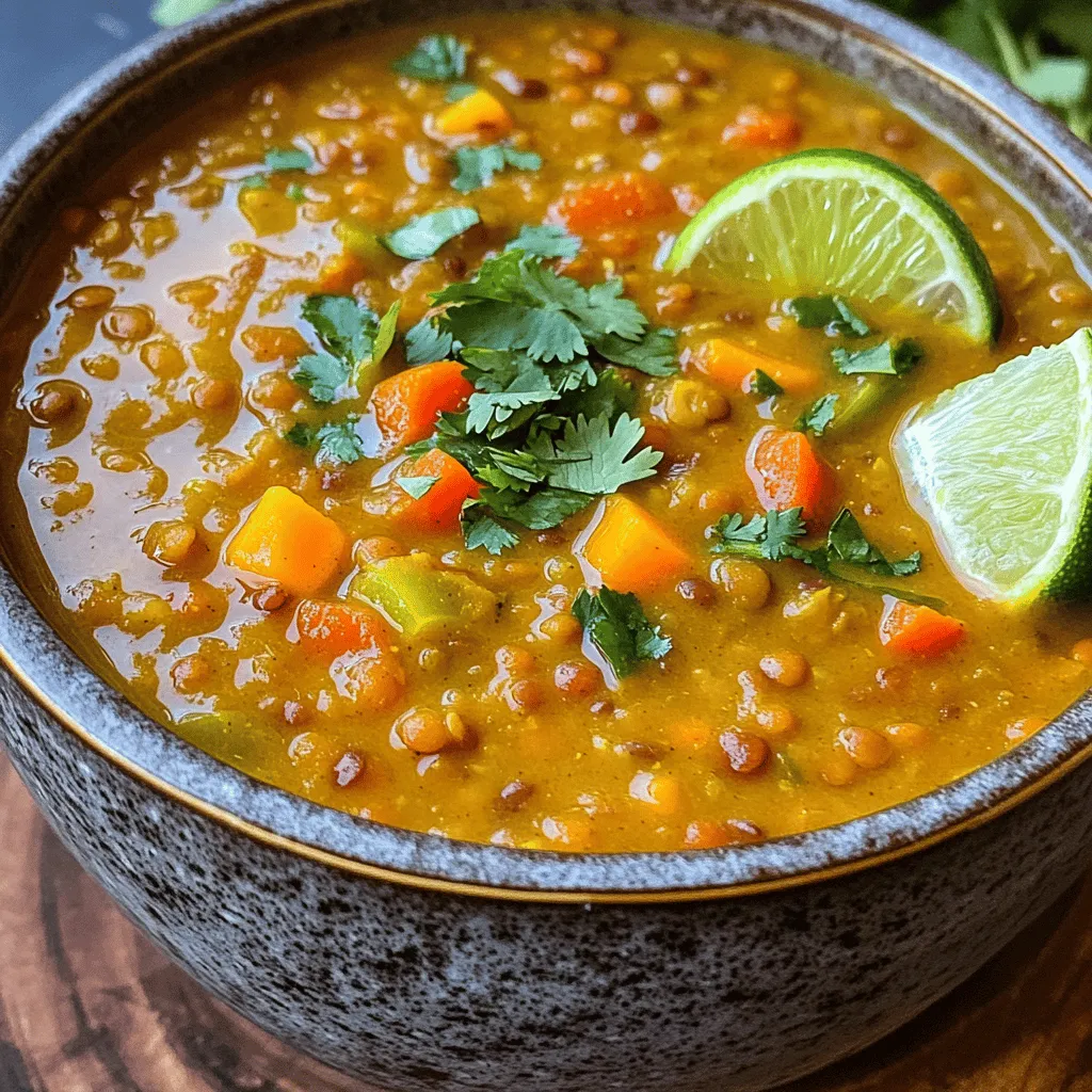 - 1 cup red lentils, rinsed - 1 can (13.5 oz) coconut milk - 1 large onion, diced - 3 cloves garlic, minced - 1-inch piece ginger, grated - 1 tablespoon curry powder - 1 teaspoon turmeric powder - 1 teaspoon cumin seeds - 1 medium carrot, diced - 1 bell pepper, diced (any color) - 4 cups vegetable broth - 2 tablespoons olive oil - Salt and pepper to taste - Juice of 1 lime - Fresh cilantro, chopped (for garnish) Coconut curry lentil soup is rich and creamy. It uses simple ingredients you can find at any store. The main stars are red lentils and coconut milk. They blend well for a smooth texture. Aromatics bring the soup to life. Onion, garlic, and ginger give it depth and flavor. Curry powder, turmeric, and cumin add warmth and spice. Together, they create a delightful aroma as they cook. Vegetables make this soup colorful and nutritious. Carrots and bell peppers add crunch and sweetness. The vegetable broth ties everything together, making it hearty. With olive oil, you sauté the onion first. This step builds a great base for the soup. You can taste the love in every bite. Remember to season with salt and pepper. A squeeze of lime adds brightness. Finally, garnish with fresh cilantro for a pop of color. Find the full recipe above to create this delicious dish. - Heat 2 tablespoons of olive oil in a large pot. - Add 1 diced onion and sauté for about 5 minutes. The onion should turn soft and clear. - Now, add 3 minced garlic cloves and 1 grated inch of ginger. Cook for 1 minute. - Stir in 1 tablespoon curry powder, 1 teaspoon turmeric, and 1 teaspoon cumin seeds. Toast these spices for 30 seconds. - Incorporate 1 diced medium carrot and 1 diced bell pepper into the pot. Cook for about 3-4 minutes. - Add 1 cup of rinsed red lentils and stir to mix well. - Pour in 4 cups of vegetable broth. Bring the soup to a boil. - Once boiling, reduce the heat. Let it simmer uncovered for about 20 minutes, until the lentils are soft. - Stir in 1 can of coconut milk and let it simmer for another 5 minutes. - Adjust the soup's thickness by adding more broth if needed. - Season with salt, pepper, and the juice of 1 lime to taste. For the full recipe, check [Full Recipe]. Enjoy your creamy, flavorful coconut curry lentil soup! To make the best coconut curry lentil soup, focus on the texture. If you want a thicker soup, use less broth. A good rule is to start with four cups and adjust from there. If you prefer a thinner soup, add more broth gradually. For lentils, cooking time varies. Red lentils cook fast, usually in about 20 minutes. If you use green or brown lentils, they will take longer. Flavor is key to a great soup. You can add more spices or herbs. Try using coriander or a pinch of cayenne pepper for heat. Fresh herbs like basil or mint also work well. Adding a splash of lime juice brightens the soup and adds a nice balance. For sweetness, consider a touch of honey or brown sugar. This contrast will make the flavors pop. How you serve the soup can elevate the dish. Use deep bowls to show off the rich color of the soup. A lime wedge on the side adds freshness. For a pop of color, sprinkle chopped cilantro on top. You can also add a drizzle of coconut milk for a creamy finish. These small touches will impress your guests and make the soup look gourmet. {{image_2}} You can switch out red lentils for green or brown ones. These types will change the soup's texture, making it thicker. Both green and brown lentils hold their shape better than red lentils. This gives you a heartier feel. You can also add proteins like chickpeas or tofu. These options keep the soup vegan while boosting nutrition. Want more heat? Add chili peppers or a splash of hot sauce. This can make the soup spicy and bold. You can also try different curry pastes. Each paste brings its unique flavor, from sweet to spicy. Don't be afraid to mix and match for your taste. If you like a thicker soup, try pureeing some lentils. This gives a creamy base without adding cream. You can also toss in some greens like spinach or kale. These not only add nutrition but also a pop of color. Adding greens enhances the soup's health benefits and keeps it fresh. Explore these variations to find your perfect bowl of Coconut Curry Lentil Soup. For the complete recipe, check out the Full Recipe section. To store your leftover coconut curry lentil soup, let it cool first. Pour it into an airtight container. Seal it well to keep flavors fresh. You can store it in the fridge for up to four days. If you want to keep it longer, freezing is a better option. For long-term storage, pour the cooled soup into freezer-safe containers. Leave some space at the top for expansion. You can freeze it for up to three months. When you are ready to eat, take it out and thaw it in the fridge overnight. For a quick option, use the microwave. Just be sure to stir it every few minutes while reheating to ensure even warming. Batch cooking makes this soup a great choice for meal prep. You can make a big pot and divide it into portions for the week. Pair the soup with rice or bread for a full meal. It also goes well with a simple salad. This way, you can enjoy the soup in different ways all week long! Yes, you can! To make this soup in a slow cooker, follow these steps: - Sauté the onion, garlic, and ginger in a pan with olive oil. - Add this mix to the slow cooker. - Add the rinsed lentils, diced vegetables, and spices. - Pour in the vegetable broth and coconut milk. - Cook on low for 6-8 hours or high for 3-4 hours. This will let the flavors blend beautifully. Yes, this soup is gluten-free! All the ingredients are free from gluten. Just check the labels on your vegetable broth to be sure. This soup pairs well with: - Crusty bread for dipping - Rice or quinoa for added texture - A fresh salad for a light side These sides make a great meal together. To add more heat to your soup, try these ideas: - Add chopped chili peppers when cooking. - Stir in a teaspoon of red pepper flakes. - Use a spicier curry powder or paste. Start with a little, then taste as you go! You can use dried lentils, but adjust the cooking time. Add about 1 cup of dried lentils, and increase the broth to 5 cups. Cook the soup longer, about 30-35 minutes, until lentils are tender. Leftovers will last in the fridge for 3-5 days. Store in an airtight container. You can also freeze the soup for up to 3 months. Just thaw it overnight in the fridge before reheating. Enjoy your Coconut Curry Lentil Soup! For the full recipe, check out the earlier section. This blog post showed you how to make a tasty coconut curry lentil soup. We covered the key ingredients, steps to cook, and ways to add your twist. With simple tips, you can improve flavor and texture. You’ll also know how to store leftovers for later. Enjoy experimenting with variations and making this dish your own. Cooking can be fun and rewarding. Now, gather your ingredients and start making this hearty soup!