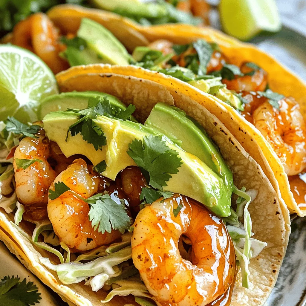 - 1 pound shrimp, peeled and deveined - 2 tablespoons honey - 1 tablespoon sriracha sauce - 1 teaspoon smoked paprika - 1 teaspoon garlic powder - 1 teaspoon lime zest - Salt and pepper to taste - 8 small corn tortillas - 1 cup shredded cabbage - 1 avocado, sliced - Fresh cilantro, for garnish - Lime wedges, for serving - Non-stick skillet - Medium bowl - Tongs or spatula Gathering the right ingredients is key to making Sweet and Spicy Shrimp Tacos. Start with fresh shrimp; it’s the star of the dish. You want one pound of shrimp that is peeled and deveined. The marinade brings the sweet and spicy flavors alive. The honey adds sweetness, while sriracha gives it a nice kick. For the spice, use smoked paprika and garlic powder. The lime zest adds a fresh touch. You can adjust the salt and pepper to your taste. The tacos need small corn tortillas. They hold the shrimp and toppings well. Shredded cabbage adds crunch, while avocado provides creaminess. Fresh cilantro gives a burst of flavor. Don’t forget lime wedges to squeeze over the top! You will also need a non-stick skillet for cooking and a medium bowl for mixing. Tongs or a spatula will help you flip the shrimp easily. For the full recipe, check the section above. It has all the steps laid out for you! - Combine honey, sriracha, smoked paprika, garlic powder, lime zest, salt, and pepper in a medium bowl. - Toss in the shrimp to coat evenly with the marinade. - Let the shrimp marinate for at least 15 minutes. This step builds great flavor. - Heat a non-stick skillet over medium-high heat until hot. - Cook the shrimp for 2-3 minutes on each side. You want them pink and cooked through. - Keep an eye on them to avoid overcooking. - Warm the corn tortillas in a separate skillet on low heat. This takes about 30 seconds on each side. - Start with a handful of shredded cabbage on each tortilla. - Top with several pieces of shrimp, a few slices of avocado, and fresh cilantro. - Serve with lime wedges for squeezing over the tacos. For the full recipe, check the earlier section. Enjoy your tasty shrimp tacos! To make the best shrimp, focus on the marinade. Adjust the sweetness and heat to suit your taste. If you want a milder taco, use less sriracha. For more heat, add a bit more. Longer marination helps deepen the flavor. I suggest at least 15 minutes, but 30 minutes is even better. When cooking shrimp, high heat is your friend. This gives the shrimp a nice caramelization. It also enhances the flavors. Avoid overcrowding the skillet. If you add too many shrimp at once, they will steam instead of sear. Cook in batches if needed for the best results. These shrimp tacos shine when paired with sides. Consider serving them with rice or beans for a hearty meal. For added flavor, top your tacos with fresh ingredients. I recommend sliced avocado, shredded cabbage, and a sprinkle of cilantro. Lime wedges are a must too! They add a burst of freshness. For the full recipe, check out the Sweet and Spicy Shrimp Tacos section. {{image_2}} You can easily make these tacos fit your diet. Want them gluten-free? Try using lettuce wraps instead of corn tortillas. This keeps the crunch and adds freshness. For a vegan twist, grill some colorful vegetables. Bell peppers, zucchini, and mushrooms work great. They add flavor and a nice texture to the dish. Adjust the heat of your shrimp tacos by changing the sriracha. If you want more spice, add a bit more to the marinade. For extra kick, mix in some fresh jalapeños. Slice them thin and add them to the tacos. Your taste buds will thank you for the extra heat! Don’t be afraid to play with flavors. Swap in different spices like Cajun seasoning or chili powder. This can change the whole taste of the dish. Adding mango salsa on top gives a sweet touch. The mix of spicy and sweet will make your tacos pop. For more flavor ideas, check the Full Recipe for variations! After enjoying your tacos, cool any leftover shrimp. Place them in an airtight container. This keeps them fresh. You can refrigerate shrimp for up to 2 days. Just make sure they are completely cooled before sealing. When it’s time to eat leftovers, reheat gently. Use a skillet over low heat. This prevents the shrimp from getting tough. Try not to microwave them, as that can ruin the texture. You want to keep that tasty bite! If you want to save shrimp for later, freeze them before cooking. Marinate shrimp and place them in a freezer bag. They will stay good for up to 3 months. However, do not freeze cooked tacos. The tortillas won’t hold up well. Enjoy them fresh! For the full recipe, check out the main article. You can use chicken or tofu in place of shrimp. Both options will absorb the marinade well. Chicken gives a hearty bite, while tofu offers a soft texture. Adjust cooking times for each substitute. Cook chicken until it reaches 165°F. For tofu, sauté until golden brown. Yes, you can prepare the ingredients ahead. Chop veggies and marinate shrimp in advance. Keep everything in the fridge until you are ready to serve. Assemble the tacos just before eating for the best taste. This keeps tortillas fresh and crispy. Great sides include rice, chips, or elote. Rice complements the flavors of the tacos. Chips add a nice crunch. Elote, or Mexican street corn, brings a sweet and savory taste that fits well. Each side enhances the taco experience, making your meal even better. You now have a simple guide for making sweet and spicy shrimp tacos. Remember to marinate the shrimp well for the best flavor. Use high heat for cooking, and feel free to adjust the spice levels to match your taste. These tacos are versatile; you can make many variations to suit your diet or cravings. Enjoy crafting these tasty bites, whether for a quick meal or a fun gathering. Your friends and family will surely love this dish!