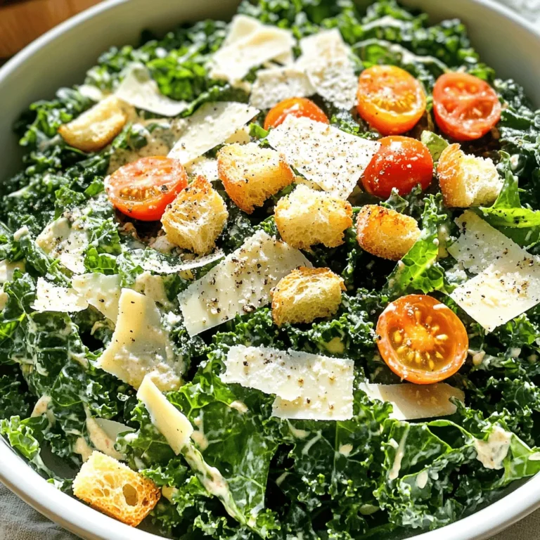 - Kale: Use curly or Lacinato kale. Curly kale has a nice crunch, while Lacinato kale is tender and sweet. Both are packed with nutrients and flavor. - Croutons: You can choose store-bought croutons for ease, or make your own. Homemade croutons offer a fresh taste and let you control the seasoning. Simply toast bread cubes with olive oil and herbs until golden. - Parmesan cheese: Grated Parmesan adds a rich flavor. If you need an alternative, try nutritional yeast for a vegan option or pecorino for a sharper taste. - Tahini: This sesame paste adds creaminess and healthy fats. If you don’t have tahini, try using almond butter or sunflower seed butter. Both provide a similar texture and flavor. - Garlic: Fresh garlic gives a strong taste. If you’re short on time, use garlic powder. Remember, a little goes a long way! - Sweeteners: Maple syrup balances the dressing's flavors. You can also use honey or agave syrup for a different touch. - Cherry tomatoes: These sweet bites add color and vitamins. They are rich in antioxidants and can boost the overall flavor of your salad. - Other salad toppings: Consider adding sliced avocado for creaminess or sunflower seeds for crunch. These extra touches enhance texture and taste, making your salad more satisfying. For the complete recipe, check the [Full Recipe]. To make the dressing, start with a large bowl. Combine tahini, lemon juice, minced garlic, Dijon mustard, maple syrup, salt, and pepper. Whisk these ingredients together until smooth. The key is to get a creamy texture. If your dressing is too thick, add a tablespoon of water. Keep mixing until you reach the right consistency. Next, you need to prep the kale. First, remove the tough stems. This step is crucial for a better taste. Tear the kale into bite-sized pieces. After that, massage the dressing into the kale. This takes about 2-3 minutes. Massaging helps soften the leaves and lets the flavors soak in. Now it’s time to assemble your salad. Start with the kale in a large bowl. Then, add the croutons. Toss them gently so they don’t break apart. Next, sprinkle the grated Parmesan cheese on top. Toss again to mix everything well. If you want to add a pop of color, toss in the halved cherry tomatoes. For the best look, serve the salad in a large bowl or on individual plates. Top with extra Parmesan and a sprinkle of pepper. This makes for a beautiful dish that is also tasty. Enjoy your vibrant Kale Caesar Salad as a side or a light meal. For the complete recipe, visit the [Full Recipe]. Choosing the right kale is key. I love using Lacinato kale for its rich flavor. It has a tender texture and dark green color. You can also use curly kale, which is more common. Both types are nutritious and delicious. To enhance flavor, massage the kale leaves with dressing. This softens the kale and helps it absorb the flavors. Use your hands to really work in the dressing. This step takes just a few minutes but makes a big difference. You can also add a little lemon zest for extra brightness. To keep your salad fresh, store the dressing and kale separately. Place the salad in an airtight container. This way, the kale won’t get soggy. You can store it in the fridge for up to two days. If you have croutons, keep them in a different container. They stay crunchy that way. When you’re ready to eat, combine everything again. Kale Caesar Salad pairs well with grilled meats. Try it with chicken or shrimp for a hearty meal. You can also serve it as a side dish with pasta or fish. This salad is great for casual dinners or festive gatherings. It looks vibrant and tastes amazing, making it perfect for any occasion. Try the Full Recipe for a quick and tasty meal! {{image_2}} You can make your Kale Caesar Salad more exciting by adding proteins. Grilled chicken adds a nice texture. Shrimp brings a fresh taste. If you want a plant-based option, chickpeas work well and boost protein too. For those looking to keep it vegan, think about cheese and crouton swaps. Nutritional yeast can give a cheesy flavor. You can also make croutons using whole-grain bread or a gluten-free option. In spring, you can add peas or asparagus for a bright touch. These veggies add color and crunch. They also bring a sweet note that pairs well with the dressing. When fall comes, think about roasted squash or apples. These ingredients add warmth and flavor. The natural sweetness of the squash or apples complements the salad nicely. While the tahini dressing is great, you can explore other options. Try a lemon vinaigrette for a zesty kick. A creamy avocado dressing can add richness. If you are short on time, there are many store-bought dressings you can use. Look for ones that are low in sugar and made with simple ingredients. This way, you keep the meal healthy without losing flavor. For the full recipe, check out the details above. Store your Kale Caesar Salad in an airtight container. Glass or plastic containers work well. This keeps the salad fresh and crisp. Aim to eat it within 2-3 days for the best taste. If you wait longer, the kale may get soggy and lose its crunch. Freezing Kale Caesar Salad is not the best idea. The kale can become mushy when thawed. If you must freeze, separate the dressing and croutons. Freeze the kale and any other veggies. When ready to eat, thaw in the fridge overnight. Add fresh dressing and croutons for a better taste. To refresh old salad, try adding new dressing. A splash of lemon juice can help too. Toss in fresh croutons for crunch. If the salad smells bad or looks slimy, it’s time to toss it out. Always trust your senses when deciding if food is still good. For the full recipe, check back to the beginning. Kale is a superfood packed with nutrients. It has vitamins A, C, and K. Kale also has calcium and iron. These nutrients support your bones and skin. Eating kale can boost your immune system too. It’s rich in fiber, which helps with digestion. This green leafy veggie also has antioxidants. Antioxidants protect your body from damage. Adding kale to salads gives you a tasty way to eat healthy. Yes, you can make this salad ahead. For best results, prepare the dressing first. Store it in the fridge for up to a week. Chop the kale and keep it separate. This way, it stays fresh. Combine the kale with the dressing just before serving. This keeps the salad crisp. You can also add croutons later for extra crunch. Meal prepping makes dinner easier! If you don’t have tahini, you can use peanut butter or sunflower seed butter. Both options add creaminess. Yogurt is a great choice too, especially for a lighter dressing. You can also blend avocado for a creamy texture while keeping it healthy. These substitutes suit different diets. They help everyone enjoy the rich flavor of the dressing. To keep kale fresh, wash it properly and dry it well. Use a salad spinner for best results. Store the kale in a container with a paper towel. The towel absorbs extra moisture. This keeps the leaves crisp. Massage the kale with dressing only when you’re ready to eat. This technique helps avoid wilting. Enjoy your Kale Caesar Salad fresh and vibrant! For the delicious full recipe, check out the complete instructions above! Kale Caesar Salad is simple to make and gives lots of flavor. We covered the main ingredients, like different types of kale, croutons, and tahini. I shared step-by-step tips for dressing, prepping, and assembling the salad. Lastly, creative twists and storage advice allow for great meals later. In the end, you can enjoy this salad often by tweaking it to your taste. Eat healthy and have fun with your new recipes!