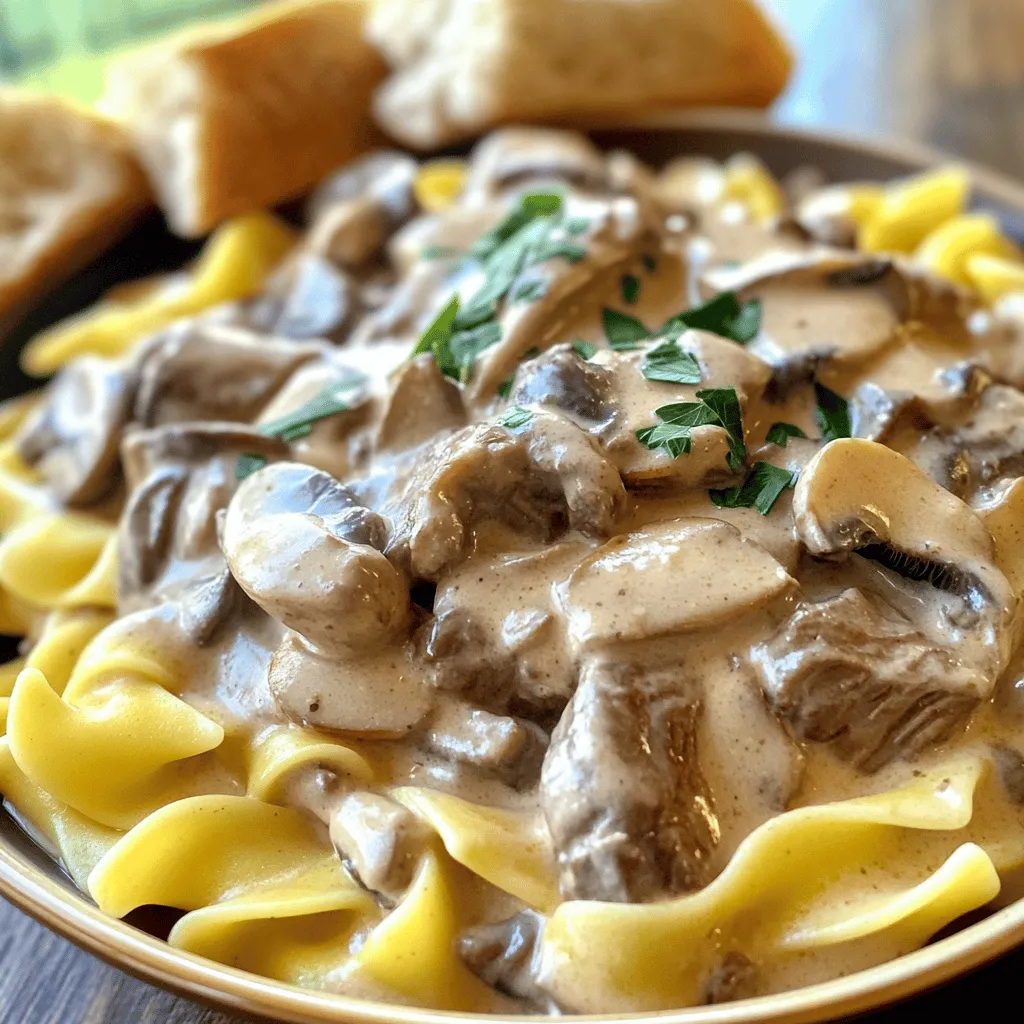 For a delicious beef stroganoff, gather these simple ingredients: - 1.5 lbs beef sirloin, thinly sliced - 1 medium onion, finely chopped - 3 cloves garlic, minced - 8 oz mushrooms, sliced (button or cremini) - 2 cups beef broth - 1 cup sour cream - 2 tablespoons Dijon mustard - 3 tablespoons all-purpose flour - 3 tablespoons olive oil - 1 tablespoon Worcestershire sauce - Salt and pepper to taste - Fresh parsley, chopped (for garnish) - 8 oz egg noodles (or your choice of pasta) In this recipe, fresh ingredients make a big difference. Fresh mushrooms bring a rich flavor and texture. Dried mushrooms can work, but they won't give the same depth. Use fresh garlic for a strong aroma. Fresh parsley adds a nice pop of color and taste at the end. When shopping, I recommend using quality brands. For beef, look for grass-fed sirloin; it enhances the dish. For broth, choose a low-sodium beef broth for better control of salt. For mushrooms, brands like Organic Valley offer great options. For sour cream, choose a full-fat version for a creamier sauce. These choices will help you make a better beef stroganoff. For the full recipe, please refer to the recipe section. Start by boiling a large pot of salted water. Once the water boils, add 8 ounces of egg noodles. Cook them according to the package directions until they are al dente. This usually takes about 7-10 minutes. Drain the noodles and set them aside. Next, take 1.5 pounds of thinly sliced beef sirloin. Season it with salt and pepper. Heat 2 tablespoons of olive oil in a large skillet over medium-high heat. Add the beef in batches. Brown it for about 2-3 minutes. Make sure not to cook it fully; it should still be pink. Remove the beef from the skillet and keep it on a plate. In the same skillet, add the remaining olive oil. Put in one finely chopped onion and sauté it for about 3 minutes until it is soft. Then, add 3 minced garlic cloves and cook for another minute. Mix in 8 ounces of sliced mushrooms. Cook these for 5-7 minutes until they brown and release moisture. Sprinkle 3 tablespoons of flour over the mushroom mix and stir well. Slowly add 2 cups of beef broth, stirring constantly. Let it simmer for 5 minutes to thicken. Lower the heat and return the browned beef to the skillet. Add 1 tablespoon of Worcestershire sauce and 2 tablespoons of Dijon mustard. Cook for another 5 minutes to let the beef absorb the flavors. Remove the skillet from heat and stir in 1 cup of sour cream. Adjust the seasoning with salt and pepper. Toss the cooked egg noodles in the beef stroganoff sauce until they are well coated. Serve in bowls and garnish with freshly chopped parsley. Enjoy your hearty and comforting dish! For the Full Recipe, check the details above. To get the best flavor in your beef stroganoff, use fresh ingredients. Fresh mushrooms and onions add great taste. Searing the beef well gives a nice crust. This locks in the juices and adds depth. Use high-quality beef broth for a rich base. Lastly, stir in sour cream off the heat. This keeps it creamy without curdling. One common mistake is overcooking the beef. Cook it just enough to brown. It will finish cooking later in the sauce. Another mistake is not letting the sauce thicken. Make sure to simmer it for a few minutes. Don’t skip the flour; it helps the sauce cling to the noodles. Lastly, adding sour cream too early can ruin the texture. For a beautiful presentation, serve the stroganoff in wide bowls. This allows the noodles to spread out. Garnish with fresh parsley for a pop of color. You can also add a sprinkle of black pepper. Serve with slices of crusty bread on the side. This makes dipping into the sauce fun and tasty. Check out the Full Recipe for more serving ideas! {{image_2}} You can change some ingredients in beef stroganoff. For a lighter dish, use chicken or turkey. If you want a vegetarian option, swap beef for lentils or mushrooms. You can also use different mushrooms, like shiitake or portobello, for unique flavors. Instead of sour cream, try Greek yogurt for a tangy twist. To make beef stroganoff gluten-free, use gluten-free flour and noodles. Cornstarch works well as a thickener too. For a dairy-free version, replace sour cream with coconut cream or a dairy-free yogurt. Check your broth for gluten and dairy, as some brands may include these ingredients. You can cook beef stroganoff in different ways. For a slow cooker, brown the beef first, then add all ingredients except the sour cream. Cook on low for 6-8 hours. Add sour cream at the end. If you're using an Instant Pot, brown the beef, then add the rest of the ingredients. Cook on high pressure for 10 minutes. Natural release for 10 minutes, then quick release. For the full recipe, check out the detailed steps and measurements. After you enjoy your beef stroganoff, let it cool. Place it in an airtight container. Store it in your fridge for up to three days. Always label the container with the date. This way, you know when to eat it next. If you want to save some for later, beef stroganoff freezes well. Use a freezer-safe container or zip-top bag. Leave some space at the top. The dish can stay frozen for up to three months. When you're ready, thaw it in the fridge overnight. Reheat beef stroganoff slowly on the stove. Add a splash of beef broth or water. Stir often to keep it smooth. You can also use the microwave. Heat in short bursts and stir in between. Enjoy your hearty meal again! You can find the full recipe above. Beef Stroganoff comes from Russia. People first made it in the 19th century. The dish was named after a noble family, the Stroganovs. It became popular in many countries because of its rich flavor and creamy sauce. Over time, cooks adapted the recipe, adding their own twists. Yes, you can make Beef Stroganoff ahead of time. It keeps well in the fridge for a day or two. Just reheat it on low heat before serving. If you want the best taste, add the sour cream just before you serve. It helps keep the sauce fresh and creamy. Beef Stroganoff is usually served with egg noodles. The noodles soak up the rich sauce, making every bite tasty. Some people prefer rice, but noodles are traditional. You can choose what you like best. For a full recipe, check out the creamy mushroom beef stroganoff. Beef Stroganoff is simple and tasty. We covered ingredient choices, cooking steps, and tips. You learned how to boost flavor and avoid common errors. We explored variations for different diets. Storing and reheating can keep meals fresh. Cooking can be fun and rewarding. Enjoy your time making this dish. Experiment and find what works best for you. Trust your taste and have a great meal!