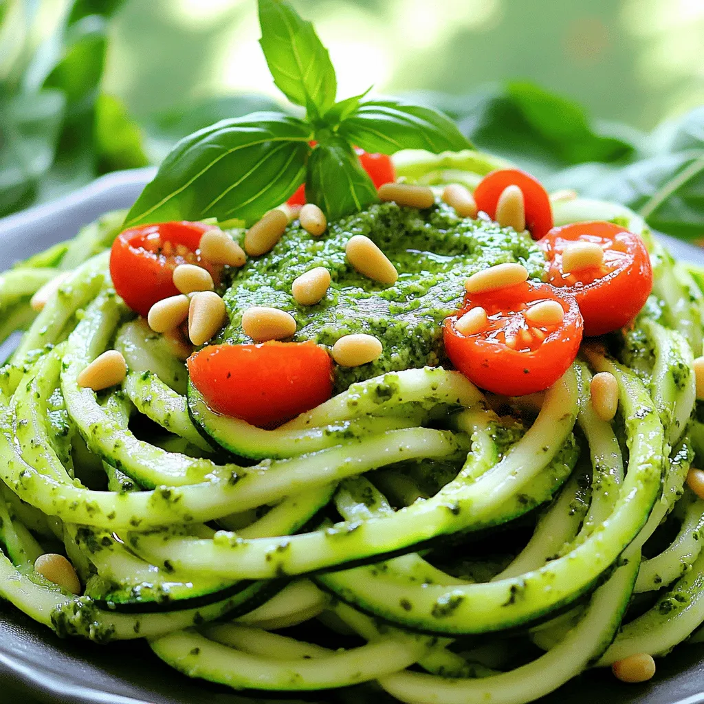 - 3 medium zucchinis - 1 cup fresh basil leaves - 1/4 cup toasted pine nuts - 1/4 cup grated Parmesan cheese or nutritional yeast - 2 cloves garlic - 1/4 cup extra virgin olive oil - Salt and pepper to taste - Optional garnishes: cherry tomatoes, red pepper flakes Zucchini noodles are a fun and healthy twist on pasta. They are light and fresh. To make them, I use three medium zucchinis. I spiralize them into noodle shapes. You can find spiralizers online or in stores. Pesto is the star of this dish. It brings a burst of flavor. For the pesto, I use one cup of fresh basil leaves. This gives it a bright, herbal taste. I also add a quarter cup of toasted pine nuts. They add a nice crunch. Next, I include two cloves of garlic for a bold kick. For creaminess, I use a quarter cup of grated Parmesan cheese. If you want a vegan option, use nutritional yeast instead. I finish the pesto with a quarter cup of extra virgin olive oil. This makes it smooth and rich. Don’t forget salt and pepper! They enhance all the flavors. For a pop of color, I add halved cherry tomatoes on top. If you like some heat, sprinkle on red pepper flakes. This recipe is simple yet delicious. You can find the full recipe for Zesty Zucchini Noodles with Pesto at the end of this section. To make the zucchini noodles, start by spiralizing the zucchinis. You can use a spiralizer or a julienne peeler. This will turn the zucchinis into long, noodle-like shapes. After spiralizing, set the noodles aside in a bowl. This keeps them neat and ready for cooking. Next, we will make the pesto. Take your food processor and add the fresh basil leaves, toasted pine nuts, grated Parmesan cheese, and garlic cloves. Pulse the mixture until it is coarsely chopped. This gives your pesto a nice texture. Then, with the food processor running, slowly drizzle in the extra virgin olive oil. Keep blending until the mixture is smooth. If needed, scrape down the sides to mix well. Finally, add salt and pepper to taste. If you like spice, toss in some red pepper flakes. Now it's time to cook the zucchini noodles. Heat a large skillet over medium heat. Add the zucchini noodles and sauté them for about 2 to 3 minutes. You want them slightly tender but still firm. Be careful not to overcook; we want to keep their nice texture. After cooking, remove the skillet from the heat. Add half of the pesto to the zucchini noodles and toss gently to combine. If you want more flavor, you can add more pesto to taste. Serve the dish right away in bowls. Top with halved cherry tomatoes for extra color and freshness. Enjoy this vibrant, fresh meal that’s easy to make! For the full recipe, refer to the section above. To get the best texture, focus on cooking time. Sauté the zucchini noodles for just 2-3 minutes. This keeps them al dente, which means they stay firm and chewy. Overcooking can make them mushy, so watch closely. Excess moisture can ruin your dish. After spiralizing, lay the noodles on a paper towel. Let them sit for a few minutes. This helps draw out water, giving you better noodles. To boost flavor, think about adding spices. A pinch of garlic powder or black pepper adds a nice kick. You can also try fresh herbs like parsley or oregano for extra taste. Customizing your pesto is easy. Swap out pine nuts for walnuts or almonds. You can also toss in a squeeze of lemon juice for brightness. This makes your dish even more refreshing. When plating, get creative! Shape the noodles into a nest on the plate. Drizzle with extra pesto and sprinkle pine nuts on top. This makes your dish look gourmet. Pair your zucchini noodles with proteins like grilled chicken or shrimp. They also work well with sides like a fresh salad or roasted veggies. This way, you can create a balanced meal that's both delicious and healthy. {{image_2}} If you want a vegan option, try using nutritional yeast instead of cheese. Nutritional yeast gives a cheesy flavor without dairy. You can also add ingredients like avocado or hemp seeds for creaminess. These options keep the dish rich and satisfying. Switch up your pesto by using different nuts. Walnuts or almonds can add unique flavors. You might also try adding a squeeze of lemon juice. This brightens the dish and adds a fresh taste. Don't be afraid to experiment with herbs too, like parsley or mint. To make your meal heartier, consider adding protein. Chicken, shrimp, or tofu all work well. Cook the protein alongside the zucchini noodles for extra flavor. This way, you create a complete meal that is filling and tasty. For more detailed instructions on making this dish, check out the Full Recipe. To keep your zucchini noodles fresh, store them in the fridge. Place the noodles in an airtight container. They should last for about 2 to 3 days. Make sure to keep the pesto separate. This helps prevent the noodles from getting soggy. If you want to save them for longer, freezing is an option. You can freeze the pesto in ice cube trays. Once frozen, pop the cubes into a bag. This way, you can use them later for another meal. When it’s time to reheat, choose the stovetop. This method keeps the noodles firm. Heat a pan over medium heat. Add a splash of olive oil, then add the noodles. Stir gently until warm. If you're short on time, you can use the microwave. Place the noodles in a microwave-safe bowl. Heat for 30 seconds, then stir. Check if they are warm enough. Remember, both methods can work well, but stovetop is best for texture. Yes, you can prep zoodles in advance. To do this, spiralize the zucchinis and store them in an airtight container. Keep them in the fridge for up to two days. This saves time and makes cooking faster. Just remember to pat them dry with a towel. This helps remove excess moisture. Zucchini noodles cook quickly. You want them tender but still firm. Cook the noodles for 2-3 minutes. Look for a slight change in color. They should turn bright and glossy. If they feel soft and mushy, you overcooked them. If you don’t have a spiralizer, use a julienne peeler or a box grater. Both tools can create thin strands of zucchini. You can also use a knife to slice them into thin strips. They won’t be perfect noodles, but they will still taste great. Zucchini noodles are low in calories. A serving has about 20 calories. Pesto adds healthy fats from olive oil and nuts. Each serving of this dish has protein, fiber, and vitamins. Zucchini is rich in vitamin C and antioxidants. Eating this dish can help you feel full, while also being light and fresh. For the full recipe, check out the link above. Zucchini noodles with pesto offer a fresh and tasty dish. We explored key ingredients, like zucchini, basil, and pine nuts. You learned how to prepare the noodles and make a creamy pesto. Tips on texture and flavor helped enhance your dish. We also covered different options, including vegan versions and protein add-ins. Lastly, we discussed how to store and reheat leftovers. Enjoy making this healthy meal, and don't hesitate to get creative in the kitchen!