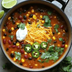 To make this easy taco soup, you need some key ingredients. Here is a list: - 1 pound ground turkey or beef - 1 can (15 oz) black beans, rinsed and drained - 1 can (15 oz) kidney beans, rinsed and drained - 1 can (15 oz) corn, drained - 1 can (14.5 oz) diced tomatoes with green chilies - 1 packet taco seasoning - 1 medium onion, chopped - 2 cloves garlic, minced - 4 cups chicken or vegetable broth - 1 tablespoon olive oil - Salt and pepper to taste These ingredients create a hearty base for your soup. The ground meat gives it protein. The beans add fiber and texture. The diced tomatoes with green chilies bring a nice kick. Toppings can take your taco soup to the next level. Here are some great options: - Shredded cheese - Sour cream - Sliced jalapeños - Fresh cilantro - Lime wedges Adding these toppings makes each bowl fun and tasty. You can mix and match based on your taste. A squeeze of lime can brighten up the flavors. You can customize the soup to fit your needs. Here are some substitutes: - Use ground chicken or plant-based meat for a lighter option. - Swap black beans for pinto beans or lentils for variety. - Use vegetable broth for a vegan version. These swaps keep the soup delicious while catering to different diets. You can enjoy all the flavors without missing out. For the full recipe, check below. To start, gather all your ingredients. You will need: - 1 pound ground turkey or beef - 1 can (15 oz) black beans, rinsed and drained - 1 can (15 oz) kidney beans, rinsed and drained - 1 can (15 oz) corn, drained - 1 can (14.5 oz) diced tomatoes with green chilies - 1 packet taco seasoning - 1 medium onion, chopped - 2 cloves garlic, minced - 4 cups chicken or vegetable broth - 1 tablespoon olive oil - Salt and pepper to taste - Optional toppings: shredded cheese, sour cream, sliced jalapeños, fresh cilantro, lime wedges Chop the onion and mince the garlic. Rinse and drain the beans and corn. This prep will make cooking easier. First, heat the olive oil in a large pot over medium heat. Add the chopped onion and minced garlic. Sauté until the onion looks clear, about 3 to 4 minutes. Then, add the ground turkey or beef. Cook until the meat turns brown. If you see extra fat, drain it out. Next, stir in the taco seasoning. Make sure the meat is covered well. Let it cook for 2 more minutes to blend the flavors. Now, pour in the chicken or vegetable broth. Add the black beans, kidney beans, corn, and diced tomatoes with green chilies. Bring everything to a boil. After it boils, reduce the heat to low. Let it simmer for 20 to 25 minutes. Stir it occasionally to keep it from sticking. Taste it and add salt and pepper if you want more flavor. Once your taco soup is ready, serve it hot. Set up a toppings bar with options like shredded cheese, sour cream, sliced jalapeños, fresh cilantro, and lime wedges. Let everyone build their own bowl. This way, each person can make it just how they like. Enjoy your meal! For more details, check the Full Recipe. To make your taco soup burst with flavor, start with fresh ingredients. Use ripe tomatoes and fresh herbs like cilantro. Sauté the onion and garlic until soft; this builds a strong base. Cook the meat well with the taco seasoning. This step helps release oils that enhance taste. Don’t rush the simmering process; let the flavors blend for at least 20 minutes. To cut prep time, use canned beans and corn. They save you from soaking and cooking dried beans. Chop the onion and garlic while your meat cooks. This multitasking helps speed things up. You can also use pre-chopped veggies from the store. This option saves even more time. Lastly, keep your ingredients organized and ready to go. For a creamy texture, blend a portion of the soup before serving. You can also add a splash of cream or sour cream for richness. If you prefer a thicker soup, let it simmer longer to reduce the liquid. Adjust the number of beans based on your desired texture. More beans make it heartier, while fewer keep it lighter. For the full recipe, check out the [Full Recipe]. {{image_2}} You can make a tasty vegetarian taco soup. Start with the same base. Replace the meat with extra beans or lentils. Black beans and kidney beans add texture and protein. You can also use diced zucchini or bell pepper for more veggies. Instead of chicken broth, use vegetable broth to keep it plant-based. Add your favorite spices to boost the flavor. If you like heat, make a spicy taco soup. Use spicy taco seasoning instead of the regular kind. You can add diced jalapeños or a few dashes of hot sauce. For more depth, toss in some chipotle peppers. These give a smoky flavor and extra spice. Adjust the heat to your liking, so everyone enjoys it. To make taco soup kid-friendly, keep it mild. Use the regular taco seasoning and skip the spicy peppers. You can add sweet corn and diced carrots for sweetness. Serve it with fun toppings like cheese and tortilla chips. Kids love to add their own toppings. This makes them feel involved and excited about their meal. For the full recipe, check out the ingredients and instructions provided above! To keep taco soup fresh, store it in an airtight container. Let it cool before sealing. Place it in the fridge within two hours of cooking. This helps prevent bacteria growth. Taco soup stays good for about three to four days. When reheating, use a pot on the stove for best results. Heat over medium-low heat, stirring often. This helps keep the soup creamy and flavorful. You can also use a microwave. Heat in short bursts, stirring in between. Make sure it's hot all the way through. If you want to save taco soup for later, freezing is a great option. Pour cooled soup into a freezer-safe container. Leave some space at the top for expansion. Seal it tightly and label with the date. Taco soup can last up to three months in the freezer. When ready to eat, thaw it in the fridge overnight before reheating. For the full recipe, check out the cooking steps above. Easy Taco Soup lasts about 3 to 4 days in the fridge. Make sure to store it in a sealed container. This keeps it fresh and safe to eat. When you reheat it, check for any signs of spoilage. If it smells off or looks strange, it's best to toss it. Yes, you can make Easy Taco Soup in a slow cooker! Start by browning the meat in a pan. Then, add all ingredients to your slow cooker. Set it on low for 6 to 8 hours or high for 3 to 4 hours. This method makes the flavors blend well. You can enjoy a warm bowl of soup with little effort. To boost the protein in Taco Soup, try adding cooked chicken or turkey. You can also use beans like pinto or black beans. If you want, add some cooked quinoa or lentils. These options keep the meal healthy and filling. Feel free to get creative with your protein choices! In this blog post, we explored how to make easy taco soup. We covered key ingredients, steps for cooking, and tips to boost flavor. You learned about variations for different diets and how to store leftovers. This recipe makes cooking simple and fun. Enjoy using your creativity with toppings and spices. Taco soup is not just a meal; it’s an experience. Try it, and you’ll appreciate how it satisfies your taste buds. Happy cooking!