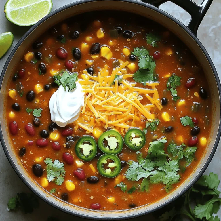 To make this easy taco soup, you need some key ingredients. Here is a list: - 1 pound ground turkey or beef - 1 can (15 oz) black beans, rinsed and drained - 1 can (15 oz) kidney beans, rinsed and drained - 1 can (15 oz) corn, drained - 1 can (14.5 oz) diced tomatoes with green chilies - 1 packet taco seasoning - 1 medium onion, chopped - 2 cloves garlic, minced - 4 cups chicken or vegetable broth - 1 tablespoon olive oil - Salt and pepper to taste These ingredients create a hearty base for your soup. The ground meat gives it protein. The beans add fiber and texture. The diced tomatoes with green chilies bring a nice kick. Toppings can take your taco soup to the next level. Here are some great options: - Shredded cheese - Sour cream - Sliced jalapeños - Fresh cilantro - Lime wedges Adding these toppings makes each bowl fun and tasty. You can mix and match based on your taste. A squeeze of lime can brighten up the flavors. You can customize the soup to fit your needs. Here are some substitutes: - Use ground chicken or plant-based meat for a lighter option. - Swap black beans for pinto beans or lentils for variety. - Use vegetable broth for a vegan version. These swaps keep the soup delicious while catering to different diets. You can enjoy all the flavors without missing out. For the full recipe, check below. To start, gather all your ingredients. You will need: - 1 pound ground turkey or beef - 1 can (15 oz) black beans, rinsed and drained - 1 can (15 oz) kidney beans, rinsed and drained - 1 can (15 oz) corn, drained - 1 can (14.5 oz) diced tomatoes with green chilies - 1 packet taco seasoning - 1 medium onion, chopped - 2 cloves garlic, minced - 4 cups chicken or vegetable broth - 1 tablespoon olive oil - Salt and pepper to taste - Optional toppings: shredded cheese, sour cream, sliced jalapeños, fresh cilantro, lime wedges Chop the onion and mince the garlic. Rinse and drain the beans and corn. This prep will make cooking easier. First, heat the olive oil in a large pot over medium heat. Add the chopped onion and minced garlic. Sauté until the onion looks clear, about 3 to 4 minutes. Then, add the ground turkey or beef. Cook until the meat turns brown. If you see extra fat, drain it out. Next, stir in the taco seasoning. Make sure the meat is covered well. Let it cook for 2 more minutes to blend the flavors. Now, pour in the chicken or vegetable broth. Add the black beans, kidney beans, corn, and diced tomatoes with green chilies. Bring everything to a boil. After it boils, reduce the heat to low. Let it simmer for 20 to 25 minutes. Stir it occasionally to keep it from sticking. Taste it and add salt and pepper if you want more flavor. Once your taco soup is ready, serve it hot. Set up a toppings bar with options like shredded cheese, sour cream, sliced jalapeños, fresh cilantro, and lime wedges. Let everyone build their own bowl. This way, each person can make it just how they like. Enjoy your meal! For more details, check the Full Recipe. To make your taco soup burst with flavor, start with fresh ingredients. Use ripe tomatoes and fresh herbs like cilantro. Sauté the onion and garlic until soft; this builds a strong base. Cook the meat well with the taco seasoning. This step helps release oils that enhance taste. Don’t rush the simmering process; let the flavors blend for at least 20 minutes. To cut prep time, use canned beans and corn. They save you from soaking and cooking dried beans. Chop the onion and garlic while your meat cooks. This multitasking helps speed things up. You can also use pre-chopped veggies from the store. This option saves even more time. Lastly, keep your ingredients organized and ready to go. For a creamy texture, blend a portion of the soup before serving. You can also add a splash of cream or sour cream for richness. If you prefer a thicker soup, let it simmer longer to reduce the liquid. Adjust the number of beans based on your desired texture. More beans make it heartier, while fewer keep it lighter. For the full recipe, check out the [Full Recipe]. {{image_2}} You can make a tasty vegetarian taco soup. Start with the same base. Replace the meat with extra beans or lentils. Black beans and kidney beans add texture and protein. You can also use diced zucchini or bell pepper for more veggies. Instead of chicken broth, use vegetable broth to keep it plant-based. Add your favorite spices to boost the flavor. If you like heat, make a spicy taco soup. Use spicy taco seasoning instead of the regular kind. You can add diced jalapeños or a few dashes of hot sauce. For more depth, toss in some chipotle peppers. These give a smoky flavor and extra spice. Adjust the heat to your liking, so everyone enjoys it. To make taco soup kid-friendly, keep it mild. Use the regular taco seasoning and skip the spicy peppers. You can add sweet corn and diced carrots for sweetness. Serve it with fun toppings like cheese and tortilla chips. Kids love to add their own toppings. This makes them feel involved and excited about their meal. For the full recipe, check out the ingredients and instructions provided above! To keep taco soup fresh, store it in an airtight container. Let it cool before sealing. Place it in the fridge within two hours of cooking. This helps prevent bacteria growth. Taco soup stays good for about three to four days. When reheating, use a pot on the stove for best results. Heat over medium-low heat, stirring often. This helps keep the soup creamy and flavorful. You can also use a microwave. Heat in short bursts, stirring in between. Make sure it's hot all the way through. If you want to save taco soup for later, freezing is a great option. Pour cooled soup into a freezer-safe container. Leave some space at the top for expansion. Seal it tightly and label with the date. Taco soup can last up to three months in the freezer. When ready to eat, thaw it in the fridge overnight before reheating. For the full recipe, check out the cooking steps above. Easy Taco Soup lasts about 3 to 4 days in the fridge. Make sure to store it in a sealed container. This keeps it fresh and safe to eat. When you reheat it, check for any signs of spoilage. If it smells off or looks strange, it's best to toss it. Yes, you can make Easy Taco Soup in a slow cooker! Start by browning the meat in a pan. Then, add all ingredients to your slow cooker. Set it on low for 6 to 8 hours or high for 3 to 4 hours. This method makes the flavors blend well. You can enjoy a warm bowl of soup with little effort. To boost the protein in Taco Soup, try adding cooked chicken or turkey. You can also use beans like pinto or black beans. If you want, add some cooked quinoa or lentils. These options keep the meal healthy and filling. Feel free to get creative with your protein choices! In this blog post, we explored how to make easy taco soup. We covered key ingredients, steps for cooking, and tips to boost flavor. You learned about variations for different diets and how to store leftovers. This recipe makes cooking simple and fun. Enjoy using your creativity with toppings and spices. Taco soup is not just a meal; it’s an experience. Try it, and you’ll appreciate how it satisfies your taste buds. Happy cooking!