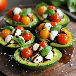 - 2 ripe avocados (about 1 pound total) - 1 cup cherry tomatoes, halved - 1 cup fresh mozzarella balls (bocconcini), quartered - 1/4 cup fresh basil leaves, chopped - 2 tablespoons balsamic glaze - 1 tablespoon olive oil - Salt and pepper to taste - Optional: Crushed red pepper flakes for added spice Ripe avocados are the star here. Look for ones that yield slightly when you press them. They should feel soft but not mushy. The cherry tomatoes add sweetness and color. Halved, they create a bright contrast to the green avocado. Fresh mozzarella balls, or bocconcini, are soft and creamy. They melt in your mouth and pair perfectly with tomatoes. You can use ciliegine, which are smaller, or larger balls cut into pieces. Fresh basil leaves are vital for flavor. They add a lovely aroma and bright notes. Always choose vibrant green leaves for the best taste. - Crushed red pepper flakes (for a spicy kick) - Balsamic reduction instead of glaze (for a thicker drizzle) - Other fillings like olives or artichokes (for added depth) For those who like a bit of heat, crushed red pepper flakes work great. They bring a nice contrast to the creamy avocado. If you want a different twist, try balsamic reduction. It is thicker and sweeter than glaze. You can also mix in olives or artichokes for a unique flavor. For the full recipe, check out the complete recipe section. 1. Cutting and prepping the avocados Start by cutting each avocado in half. Remove the pit carefully. Use a spoon to scoop out a bit of the flesh from the center. This step makes space for the tasty filling. 2. Preparing the filling mixture In a mixing bowl, combine 1 cup of halved cherry tomatoes, 1 cup of quartered mozzarella balls, and 1/4 cup of chopped fresh basil leaves. These ingredients bring vibrant flavors to your dish. Drizzle 1 tablespoon of olive oil and 2 tablespoons of balsamic glaze over this mix. Season with salt, pepper, and, if you like, a pinch of crushed red pepper flakes for some heat. Toss everything gently to blend the flavors well. 1. Steps to stuff the avocado halves Take the Caprese mixture and spoon it generously into the avocado halves. Fill them right to the brim, so each bite is packed with flavor. 2. Tips for presentation Arrange the stuffed avocados on a serving platter. For a lovely finish, drizzle more balsamic glaze on top. Sprinkle any remaining basil leaves around for a pop of color. 1. Serving on a platter Serve the stuffed avocados right away. They taste best when fresh. The bright colors on the platter make for a stunning presentation. 2. Additional garnishes and drizzles Consider adding extra toppings. Chopped herbs or a squeeze of lemon can brighten the dish even more. Enjoy the delightful, fresh flavors of this Caprese stuffed avocado. For the Full Recipe, check the detailed instructions above. To make the best Caprese stuffed avocado, you need ripe avocados. Look for avocados that feel slightly soft but not mushy. Gently squeeze them in your palm. If they yield just a little, they are ready. Avoid avocados with dark spots or large dents. These signs mean the avocado may be overripened. Also, steer clear of avocados that feel hard. They are not ripe yet and won’t taste as good. Balancing flavors is key to a great Caprese dish. The salt from mozzarella and the sweetness of tomatoes should mix well. Add a pinch of salt to enhance the flavors. The balsamic glaze gives a nice sweet touch, too. Don't forget fresh herbs! Basil adds a lovely aroma and flavor. Chopped basil should mix well with the tomatoes and cheese. You can also try adding a bit of oregano for extra flavor. If you have leftover stuffed avocados, store them carefully. Put the stuffed avocados in an airtight container. This keeps them fresh longer. To prevent browning, squeeze some lemon juice on the exposed avocado flesh. This helps slow down oxidation. You can also cover them tightly with plastic wrap. Enjoy your Caprese stuffed avocados later without worry! For the Full Recipe, check the recipe section! {{image_2}} You can make this dish fit your needs. For vegan options, use plant-based mozzarella. Some brands make great substitutes that still taste delicious. If you're not a fan of basil, try using parsley or oregano. Both herbs add fresh flavors that work well in this recipe. Caprese stuffed avocados are so versatile. You can transform them into a salad. Just chop the avocados and mix them with the filling. Serve it on a bed of greens for a lovely meal. Another fun idea is to serve it as a dip with tortilla chips. Just scoop the filling into a bowl and enjoy! Want to mix it up? Add proteins like grilled chicken for extra heartiness. This twist makes it a filling meal. You can also experiment with different vinaigrettes instead of balsamic. Try a lemon vinaigrette for a zesty kick. Each option gives a new flair to your Caprese stuffed avocado. For the [Full Recipe], check out the recipe section. Caprese stuffed avocados are not just tasty; they are also good for you. Each stuffed avocado half has about 300 calories. The healthy fats from the avocado help keep you full. Here’s a quick look at the nutrients: - Calories: 300 - Total Fat: 25g - Saturated Fat: 6g - Protein: 10g - Carbohydrates: 15g - Fiber: 10g The main ingredients provide great benefits. Avocados are rich in healthy fats and vitamins. Tomatoes add vitamin C and antioxidants. Fresh mozzarella gives you protein and calcium. Basil adds flavor with its own health perks. Avocados shine in many diets. They are low in carbs and high in healthy fats. This makes them perfect for low-carb or keto diets. They help lower bad cholesterol and support heart health. Keep in mind, while avocados are healthy, they are also calorie-dense. If you watch your weight, enjoy them in moderation. For the best experience, aim for one avocado half per serving. This gives you the nutrients without too many calories. Larger portions may taste great but can add extra calories. When enjoying Caprese stuffed avocados, remember to balance your meal. Pair them with a side salad or whole grains to create a complete dish. To keep avocados fresh, use lemon juice. The acid slows browning. You can also cover them tightly with plastic wrap. This limits air exposure. Store the avocados in the fridge if you can. Keeping them cool slows the process even more. Yes, you can prep the filling ahead. Mix the tomatoes, mozzarella, and basil. Store it in the fridge for up to a day. Cut the avocados just before serving. This way, they stay fresh and green. If you need a change, try feta or goat cheese. These add a different taste and texture. You can also use vegan cheese for a dairy-free option. Other choices include ricotta or even a nut-based cheese. You can find the Full Recipe for Caprese Stuffed Avocado in the earlier section of this article. It has all the details you need! In this blog post, we explored how to make tasty Caprese stuffed avocados. We covered key ingredients like ripe avocados, fresh basil, and various tomatoes. I shared step-by-step instructions for preparation and assembly. We discussed helpful tips for choosing ingredients and storing leftovers. Lastly, we looked at fun variations and nutritional benefits. Enjoy this dish for its fresh flavors and healthy vibes. You have the tools to create a delicious meal that impresses. Time to get cooking!