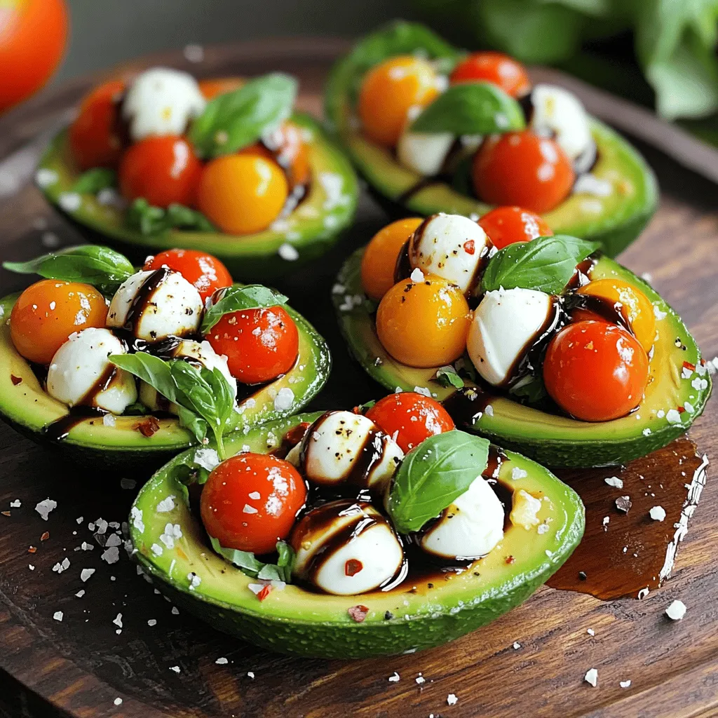 - 2 ripe avocados (about 1 pound total) - 1 cup cherry tomatoes, halved - 1 cup fresh mozzarella balls (bocconcini), quartered - 1/4 cup fresh basil leaves, chopped - 2 tablespoons balsamic glaze - 1 tablespoon olive oil - Salt and pepper to taste - Optional: Crushed red pepper flakes for added spice Ripe avocados are the star here. Look for ones that yield slightly when you press them. They should feel soft but not mushy. The cherry tomatoes add sweetness and color. Halved, they create a bright contrast to the green avocado. Fresh mozzarella balls, or bocconcini, are soft and creamy. They melt in your mouth and pair perfectly with tomatoes. You can use ciliegine, which are smaller, or larger balls cut into pieces. Fresh basil leaves are vital for flavor. They add a lovely aroma and bright notes. Always choose vibrant green leaves for the best taste. - Crushed red pepper flakes (for a spicy kick) - Balsamic reduction instead of glaze (for a thicker drizzle) - Other fillings like olives or artichokes (for added depth) For those who like a bit of heat, crushed red pepper flakes work great. They bring a nice contrast to the creamy avocado. If you want a different twist, try balsamic reduction. It is thicker and sweeter than glaze. You can also mix in olives or artichokes for a unique flavor. For the full recipe, check out the complete recipe section. 1. Cutting and prepping the avocados Start by cutting each avocado in half. Remove the pit carefully. Use a spoon to scoop out a bit of the flesh from the center. This step makes space for the tasty filling. 2. Preparing the filling mixture In a mixing bowl, combine 1 cup of halved cherry tomatoes, 1 cup of quartered mozzarella balls, and 1/4 cup of chopped fresh basil leaves. These ingredients bring vibrant flavors to your dish. Drizzle 1 tablespoon of olive oil and 2 tablespoons of balsamic glaze over this mix. Season with salt, pepper, and, if you like, a pinch of crushed red pepper flakes for some heat. Toss everything gently to blend the flavors well. 1. Steps to stuff the avocado halves Take the Caprese mixture and spoon it generously into the avocado halves. Fill them right to the brim, so each bite is packed with flavor. 2. Tips for presentation Arrange the stuffed avocados on a serving platter. For a lovely finish, drizzle more balsamic glaze on top. Sprinkle any remaining basil leaves around for a pop of color. 1. Serving on a platter Serve the stuffed avocados right away. They taste best when fresh. The bright colors on the platter make for a stunning presentation. 2. Additional garnishes and drizzles Consider adding extra toppings. Chopped herbs or a squeeze of lemon can brighten the dish even more. Enjoy the delightful, fresh flavors of this Caprese stuffed avocado. For the Full Recipe, check the detailed instructions above. To make the best Caprese stuffed avocado, you need ripe avocados. Look for avocados that feel slightly soft but not mushy. Gently squeeze them in your palm. If they yield just a little, they are ready. Avoid avocados with dark spots or large dents. These signs mean the avocado may be overripened. Also, steer clear of avocados that feel hard. They are not ripe yet and won’t taste as good. Balancing flavors is key to a great Caprese dish. The salt from mozzarella and the sweetness of tomatoes should mix well. Add a pinch of salt to enhance the flavors. The balsamic glaze gives a nice sweet touch, too. Don't forget fresh herbs! Basil adds a lovely aroma and flavor. Chopped basil should mix well with the tomatoes and cheese. You can also try adding a bit of oregano for extra flavor. If you have leftover stuffed avocados, store them carefully. Put the stuffed avocados in an airtight container. This keeps them fresh longer. To prevent browning, squeeze some lemon juice on the exposed avocado flesh. This helps slow down oxidation. You can also cover them tightly with plastic wrap. Enjoy your Caprese stuffed avocados later without worry! For the Full Recipe, check the recipe section! {{image_2}} You can make this dish fit your needs. For vegan options, use plant-based mozzarella. Some brands make great substitutes that still taste delicious. If you're not a fan of basil, try using parsley or oregano. Both herbs add fresh flavors that work well in this recipe. Caprese stuffed avocados are so versatile. You can transform them into a salad. Just chop the avocados and mix them with the filling. Serve it on a bed of greens for a lovely meal. Another fun idea is to serve it as a dip with tortilla chips. Just scoop the filling into a bowl and enjoy! Want to mix it up? Add proteins like grilled chicken for extra heartiness. This twist makes it a filling meal. You can also experiment with different vinaigrettes instead of balsamic. Try a lemon vinaigrette for a zesty kick. Each option gives a new flair to your Caprese stuffed avocado. For the [Full Recipe], check out the recipe section. Caprese stuffed avocados are not just tasty; they are also good for you. Each stuffed avocado half has about 300 calories. The healthy fats from the avocado help keep you full. Here’s a quick look at the nutrients: - Calories: 300 - Total Fat: 25g - Saturated Fat: 6g - Protein: 10g - Carbohydrates: 15g - Fiber: 10g The main ingredients provide great benefits. Avocados are rich in healthy fats and vitamins. Tomatoes add vitamin C and antioxidants. Fresh mozzarella gives you protein and calcium. Basil adds flavor with its own health perks. Avocados shine in many diets. They are low in carbs and high in healthy fats. This makes them perfect for low-carb or keto diets. They help lower bad cholesterol and support heart health. Keep in mind, while avocados are healthy, they are also calorie-dense. If you watch your weight, enjoy them in moderation. For the best experience, aim for one avocado half per serving. This gives you the nutrients without too many calories. Larger portions may taste great but can add extra calories. When enjoying Caprese stuffed avocados, remember to balance your meal. Pair them with a side salad or whole grains to create a complete dish. To keep avocados fresh, use lemon juice. The acid slows browning. You can also cover them tightly with plastic wrap. This limits air exposure. Store the avocados in the fridge if you can. Keeping them cool slows the process even more. Yes, you can prep the filling ahead. Mix the tomatoes, mozzarella, and basil. Store it in the fridge for up to a day. Cut the avocados just before serving. This way, they stay fresh and green. If you need a change, try feta or goat cheese. These add a different taste and texture. You can also use vegan cheese for a dairy-free option. Other choices include ricotta or even a nut-based cheese. You can find the Full Recipe for Caprese Stuffed Avocado in the earlier section of this article. It has all the details you need! In this blog post, we explored how to make tasty Caprese stuffed avocados. We covered key ingredients like ripe avocados, fresh basil, and various tomatoes. I shared step-by-step instructions for preparation and assembly. We discussed helpful tips for choosing ingredients and storing leftovers. Lastly, we looked at fun variations and nutritional benefits. Enjoy this dish for its fresh flavors and healthy vibes. You have the tools to create a delicious meal that impresses. Time to get cooking!