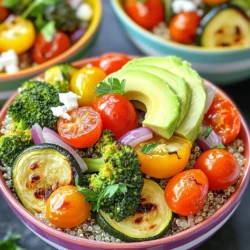 - 1 cup quinoa, rinsed - 2 cups vegetable broth - 1 zucchini, diced - 1 bell pepper (any color), diced - 1 cup cherry tomatoes, halved - 1 cup broccoli florets - 1 red onion, diced - 2 tablespoons olive oil - 1 teaspoon garlic powder - 1 teaspoon smoked paprika - Salt and pepper to taste The main ingredients form the heart of your Roasted Veggie Quinoa Bowl. Quinoa acts as the perfect base. It’s high in protein and gives you energy. I love using vegetable broth for cooking quinoa. This adds depth to the flavor. Next come the veggies. You can pick any colorful mix. I enjoy zucchini, bell peppers, cherry tomatoes, and broccoli. These veggies not only taste great but also look vibrant. The red onion adds a nice touch with its sweetness. Drizzling olive oil helps to roast the veggies well. The garlic powder and smoked paprika bring in a warm, cozy flavor. Don’t forget the salt and pepper! They balance the taste and enhance the dish. - Avocado, sliced - Fresh parsley, chopped - Feta cheese, crumbled Toppings can make your quinoa bowl even better. Sliced avocado adds creaminess and healthy fats. Fresh parsley gives a pop of color and freshness. If you want a salty bite, sprinkle some crumbled feta cheese on top. These toppings make the dish look and taste gourmet. For the full recipe, I recommend checking out the detailed instructions to guide you through the process. Enjoy creating your Roasted Veggie Quinoa Bowl! To cook the quinoa, start by combining 1 cup of rinsed quinoa and 2 cups of vegetable broth in a medium saucepan. Bring this mix to a boil over high heat. Once it boils, reduce the heat to low. Cover the pot and let it simmer for about 15 minutes. Check the quinoa when the time is up. It should look fluffy and all the liquid should be gone. If it is not ready, let it simmer a few more minutes. After cooking, remove it from heat and set it aside. While the quinoa cooks, it’s time to prepare the vegetables. Gather your zucchini, bell pepper, cherry tomatoes, broccoli florets, and red onion. Dice them into small pieces. In a large mixing bowl, add all the diced veggies. Drizzle 2 tablespoons of olive oil over the vegetables. Next, season with 1 teaspoon of garlic powder, 1 teaspoon of smoked paprika, salt, and pepper. Toss everything until the veggies are nicely coated. This step adds great flavor. Now, it’s time to roast the seasoned veggies. Preheat your oven to 425°F (220°C). Spread the coated vegetables on a large baking sheet in a single layer. Make sure they have space to roast evenly. Roast them in the oven for 20 to 25 minutes. Stir the veggies halfway through to help them cook evenly. They are ready when tender and slightly caramelized. This caramelization brings out the natural sweetness in the vegetables. For the full recipe, check out the section above. You can easily swap out veggies in this bowl. Use what's fresh and in season. Try carrots, sweet potatoes, or even spinach. This helps keep flavors bright and fun. You can also adjust spices to suit your taste. Want more heat? Add chili powder or cayenne pepper. Prefer less spice? Try just salt and pepper. The goal is to make it your own. Make your bowl look great! Use colorful bowls to show off the food. Arrange the sliced avocado in a fan shape on top. This adds a nice touch. You can also drizzle balsamic reduction over the dish for extra flavor. If you want more protein, add grilled chicken or chickpeas. Another great idea is to pair it with a side salad. A simple green salad works well and adds crunch. Enjoy getting creative with your meal! {{image_2}} You can swap quinoa with other grains. Brown rice works well and adds a nutty taste. Couscous cooks quickly and gives a light texture. Farro adds a chewy bite. Each grain offers a unique flavor and texture to your bowl. If you want a vegan bowl, check all your ingredients. Use vegetable broth to keep it plant-based. For cheese lovers, try using nutritional yeast instead of feta. It gives a cheesy flavor without dairy. You can also skip cheese altogether for a lighter dish. Want to spice things up? Add herbs like basil or cilantro for freshness. Use spices like cumin or curry powder for warmth. Try drizzling a tahini sauce or a spicy sriracha on top. These simple changes can take your roasted veggie quinoa bowl to new heights. For the full recipe, check the main section. To keep your roasted veggie quinoa bowl fresh, use airtight containers. This helps to lock in flavors and moisture. Allow the dish to cool before sealing it. Store it in the fridge for up to three days. Always label your containers with dates. This way, you know when to enjoy them. You can freeze portions for meal prep. Divide the quinoa and veggies into single servings. Use freezer-safe containers or bags. Press out any air before sealing. The bowl can stay in the freezer for up to three months. To thaw, place it in the fridge overnight. Reheat in the microwave or on the stove. Add a splash of water to prevent drying out. Enjoy your meal anytime with this easy storage method! Quinoa usually takes about 15 minutes to cook. To make it perfect, follow these steps: - Rinse 1 cup of quinoa under cold water. - Combine the rinsed quinoa with 2 cups of vegetable broth in a medium pot. - Bring it to a boil, then reduce the heat and cover. - Simmer until all liquid is absorbed and the quinoa is fluffy. This method gives a nice, light texture. Yes, you can use frozen vegetables! They save time and are often just as nutritious. Here are some tips: - Thaw the veggies before roasting for even cooking. - Add a few extra minutes to roasting time if they are still partly frozen. - Frozen veggies may release more water, so keep an eye on them in the oven. These adjustments help maintain the dish's flavor and texture. If your quinoa turns out mushy, don't worry. Here’s how to fix it: - Start by draining any excess water. - Spread the quinoa on a baking sheet to cool. - This helps it firm up a bit. For next time, remember to measure the liquid correctly. Using too much broth can lead to mushy quinoa. This blog post shows you how to make a tasty quinoa dish. You learned about key ingredients, easy steps for cooking, and helpful tips. Customize with your favorite veggies and toppings. Consider storage methods for leftovers, and explore fun variations like different grains or international flavors. Cooking quinoa is simple, and it can fit many diets. Enjoy experimenting with this healthy and flexible recipe. You’ll soon have a meal that everyone will love. Get creative, and happy cooking!