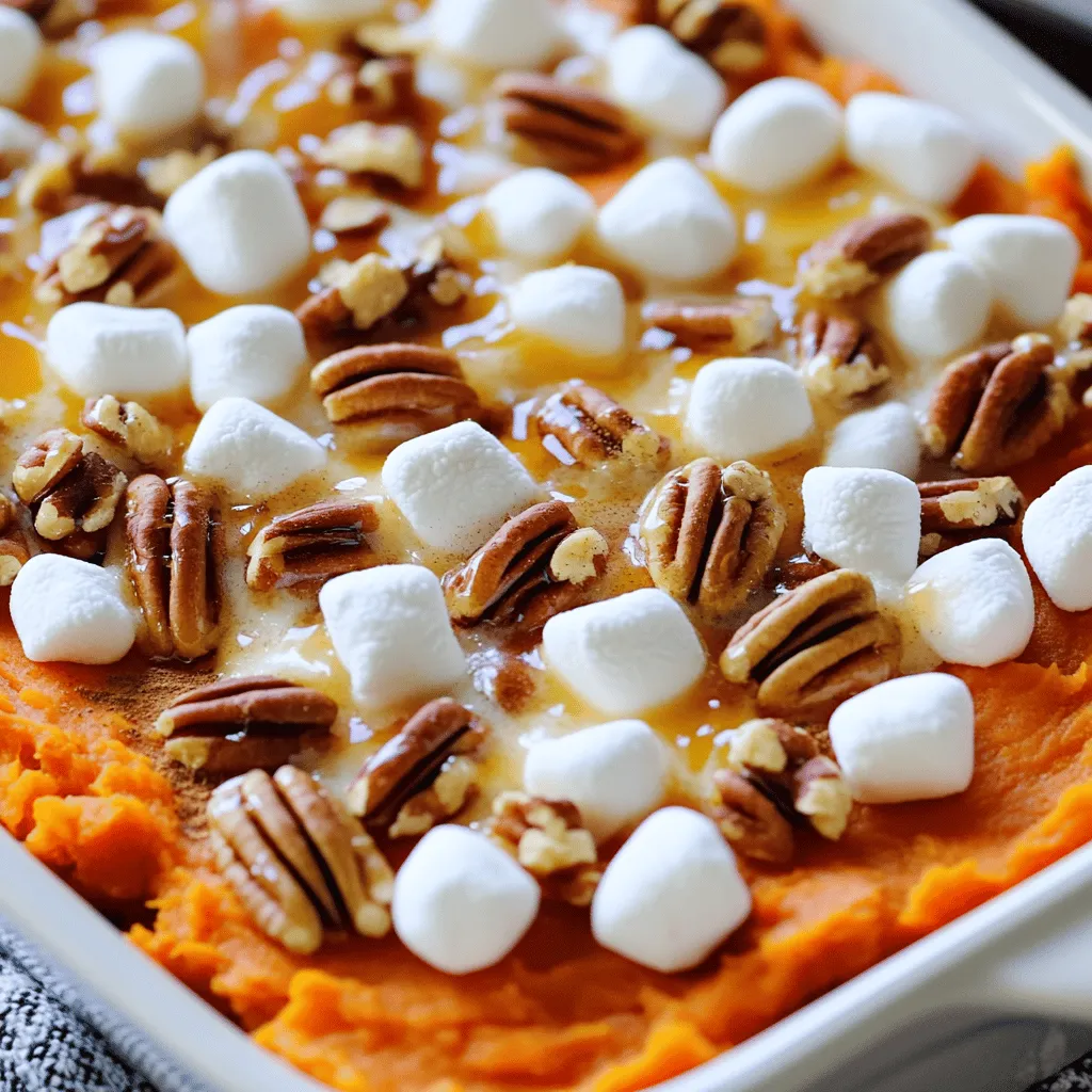 - 4 large sweet potatoes, peeled and cubed - 1/2 cup brown sugar - 1/4 cup maple syrup - 1/2 cup milk - 1/4 cup unsalted butter, melted - 2 large eggs - 1 teaspoon vanilla extract - 1 teaspoon ground cinnamon - 1/2 teaspoon ground nutmeg - 1/4 teaspoon salt Sweet potatoes are the star of this dish. They give it a creamy texture and a natural sweetness. You can use brown sugar for a rich flavor or maple syrup for a lighter sweetness. Both options work well. Next, we add dairy and eggs for creaminess and binding. The milk makes it smooth and the eggs help it set. - 1 cup mini marshmallows - 1/2 cup pecans, chopped Mini marshmallows make the top of the casserole sweet and fun. They puff up and turn golden brown in the oven. Chopped pecans add crunch and a nutty flavor. You can sprinkle them on top before baking for a nice contrast in texture. - Spices and flavor enhancers - Alternative sweeteners You can add spices like cinnamon and nutmeg for warmth. They bring out the sweet potato flavor. If you want to cut sugar, try using stevia or coconut sugar as sweeteners. These options keep the dish healthy without losing taste. For the Full Recipe, refer back to the beginning of this section. Enjoy making your sweet potato casserole! Start by prepping your sweet potatoes. Take four large sweet potatoes, peel them, and cut them into small cubes. This size helps them cook faster. Next, boil the sweet potato cubes in a large pot of salted water. Cook them until they are tender, which takes about 15 to 20 minutes. Once cooked, drain the water and mash the sweet potatoes in a large mixing bowl. The mash should be smooth and creamy. Now it's time to mix the ingredients. Add brown sugar, maple syrup, milk, melted butter, eggs, vanilla extract, ground cinnamon, ground nutmeg, and salt into the mashed sweet potatoes. Use a big spoon or a whisk to combine everything. Mix until the texture is even and smooth. This ensures every bite has that great flavor. Prepare your casserole dish by greasing it lightly with butter or oil. Pour the sweet potato mixture into the dish and spread it evenly. Now, top the mixture with mini marshmallows and chopped pecans. Make sure they cover the top well. Preheat your oven to 350°F (175°C) and bake the casserole. It needs about 30 to 35 minutes. You will know it’s done when the marshmallows turn golden brown and puffed up. To get the best texture, mash the sweet potatoes until smooth. You want no lumps. If you like it creamier, add a bit more milk. This makes it fluffy and rich. For flavor, use fresh spices like cinnamon and nutmeg. They add warmth and depth. A splash of vanilla extract brightens it up. Taste as you mix to find the balance you like. You can prepare this dish the day before. Just follow the recipe, but skip baking. Cover it tightly and store it in the fridge. When you are ready, bake it straight from the fridge. It may need a few extra minutes in the oven. If you have leftovers, store them in an airtight container. They stay fresh for about three days. For a lovely finish, sprinkle cinnamon on top before serving. Add a few whole pecans as a garnish. This looks nice and adds a crunch. Serve it warm right out of the dish. It’s perfect for family dinners or holiday gatherings. If you want to get fancy, use a decorative casserole dish. It makes your food look even more inviting. For the full recipe, check out the Sweet Potato Casserole Delight . {{image_2}} You can easily make this dish vegan. Use plant milk instead of regular milk. Swap eggs for flaxseed meal. Mix one tablespoon of flaxseed meal with three tablespoons of water. Let it sit until it thickens. For butter, use coconut oil or vegan butter. This keeps the flavor rich and creamy. To maintain flavor, add more spices. Try extra cinnamon or nutmeg. You can also mix in maple syrup. It will give your casserole a sweet kick. Don't forget to check your marshmallows. Some brands are not vegan, so choose wisely! If you need a gluten-free casserole, you're in luck! Most ingredients in this recipe are already gluten-free. Just make sure your toppings are safe. Use gluten-free marshmallows and check pecans for cross-contamination. For a different flavor profile, add a bit of orange zest. It brightens the dish. You can also mix in crushed gluten-free cookies for a crunchy topping. This adds texture and taste to your casserole. You can switch things up with savory flavors. Try adding garlic powder or cheese. This gives the dish a unique twist. If you want to keep it sweet, consider adding dried fruits. Raisins or cranberries work well. Don't be afraid to experiment with unexpected ingredients. Try adding a hint of chili powder for a spicy kick. A little bit can go a long way in making the dish stand out. Whatever you choose, enjoy the process of making this casserole your own! To store your sweet potato casserole, let it cool completely first. Use an airtight container to keep it fresh in the fridge. It can stay good for up to four days. If you want to save it for longer, freeze the casserole. Cut it into portions and wrap each piece tightly in plastic wrap. Then, place the wrapped pieces in a freezer bag. It can last up to three months in the freezer. To reheat your casserole while keeping the texture nice, use the oven. Preheat it to 350°F (175°C). Place your casserole in an oven-safe dish and cover it with foil. Heat for about 20 minutes, or until warm. If you're in a hurry, you can use the microwave. Place a portion on a microwave-safe plate and cover it with a damp paper towel. Heat it in short bursts, checking often to avoid overheating. Sweet potato casserole stays fresh in the fridge for about four days. In the freezer, it can last three months. Look for signs it has gone bad: a sour smell, mold, or a change in color. If you notice any of these, it's best to throw it away. Enjoy your casserole while it’s fresh for the best taste! Yes, you can make Sweet Potato Casserole ahead of time. This is a great way to save time. Prepare the casserole as directed, but stop before baking. Cover it well and store it in the fridge for up to two days. When ready to bake, take it out and let it sit at room temperature for 30 minutes. Then, bake it as usual. This method keeps the flavors fresh and delicious. Yes, you can use canned sweet potatoes. They can save time and effort. Canned sweet potatoes are already cooked, so you skip the boiling step. However, they may contain added sugar or preservatives which can change the taste. Rinse them well before use. The texture may also be softer, so adjust your baking time as needed. Making Sweet Potato Casserole gluten-free is easy. Start with gluten-free flour if you want a thicker mix. You can also skip any flour and stick with sweet potatoes and toppings. Use gluten-free marshmallows and nuts to ensure everything stays gluten-free. Always check labels to confirm that all ingredients are safe for your diet. This article covered the essential parts of making a great sweet potato casserole. We explored the main ingredients like sweet potatoes and sugar options, as well as tasty toppings and add-ins. You learned how to prepare, mix, and bake your casserole to perfection. We also shared tips, variations, and storage advice to help you succeed. Remember, the key is to enjoy the process and share delicious meals. Happy cooking!