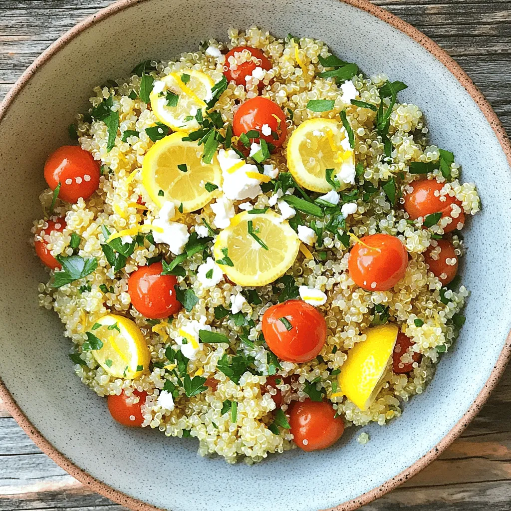 - 1 cup quinoa, rinsed - 2 cups vegetable broth (or water) - 1 tablespoon olive oil - 1 lemon, zested and juiced - 1/2 cup cherry tomatoes, halved - 1/4 cup fresh parsley, finely chopped - 2 tablespoons fresh basil, finely chopped - 1 clove garlic, minced - Salt and pepper to taste - Optional: Crumbled feta cheese for garnish Quinoa is a superfood. It is full of protein and fiber. This tiny grain helps keep you feeling full. It is also gluten-free, making it great for many diets. A cup of cooked quinoa has about 8 grams of protein. This makes it a good meat substitute. Lemon adds a bright flavor. It has vitamin C, which is good for your immune system. Fresh herbs like parsley and basil boost flavor and health. They contain antioxidants that help fight disease. Using these fresh ingredients makes this dish healthy and vibrant. You can find the full recipe at the end of this section. Enjoy the health benefits while savoring every bite! First, rinse the quinoa under cold water. This step removes its bitter outer coating. Use a fine mesh strainer for best results. Rinse until the water runs clear, which usually takes about a minute. Next, add the rinsed quinoa to a medium saucepan. Pour in two cups of vegetable broth or water. Bring it to a boil over medium-high heat. Once boiling, reduce the heat to low. Cover the pot and let it simmer for about 15 minutes. You know it’s done when the quinoa absorbs all the liquid and turns fluffy. Now, let’s mix in some flavor. In a large bowl, add the cooked quinoa. Drizzle one tablespoon of olive oil over it. Toss gently to coat the quinoa evenly. Then, add the zest and juice of one lemon. This will give your dish a bright flavor. Mix well to ensure the lemon blends in with the quinoa. Next, stir in half a cup of halved cherry tomatoes and one minced garlic clove. These ingredients add freshness and depth. Finally, add a quarter cup of finely chopped parsley and two tablespoons of chopped basil. Don’t forget to season with salt and pepper to taste. You can serve this dish warm or at room temperature. It’s very versatile! If you want a creamier touch, top it with crumbled feta cheese. This adds a nice richness to the dish. Enjoy your Zesty Lemon Herb Quinoa as a side or a light main course. For the full recipe, check out the complete guide. To get fluffy quinoa, avoid these common mistakes: - Skipping the rinse: Always rinse quinoa before cooking. This removes the bitter coating called saponin. - Using too much water: Stick to the 2:1 water to quinoa ratio. Too much liquid makes it mushy. To achieve fluffy quinoa, follow these steps: 1. Rinse quinoa under cold water until it runs clear. 2. Use a medium saucepan and bring water or broth to a boil. 3. Once boiling, reduce heat to low, cover, and simmer for 15 minutes. For a delightful twist, try these herbs and add-ins: - Fresh parsley: Brightens the dish. - Basil: Adds a sweet note. - Cherry tomatoes: Freshness and sweetness. - Feta cheese: Creamy texture and salty kick. Lemon balances the dish’s acidity. To enhance this: - Add lemon zest before mixing in lemon juice. - Adjust the amount based on your taste. More lemon gives a stronger flavor. To save time, make Zesty Lemon Herb Quinoa ahead: - Cook a big batch and store it in the fridge. - Portion it out for easy meals during the week. For storing leftovers, keep these tips in mind: - Place quinoa in an airtight container. - It stays fresh for about 3-5 days in the fridge. With these tips, you can enjoy perfect quinoa every time! For the complete recipe, refer to the Full Recipe section. {{image_2}} You can make Zesty Lemon Herb Quinoa vegan by skipping the crumbled feta cheese. This dish is already plant-based, so it fits right into vegan meals. If you want to add more protein, try chickpeas or black beans. Both options work well and boost the dish. Using seasonal vegetables can enhance the flavors of your quinoa. In spring, add peas or asparagus for a fresh taste. During summer, try bell peppers or zucchini. In fall, roasted butternut squash works nicely. You can also adjust herbs based on what's fresh. If you have fresh dill or mint, feel free to swap them in for parsley or basil. To spice things up, you can make a spicy lemon herb quinoa. Add a pinch of red pepper flakes or diced jalapeños for heat. For a Mediterranean twist, mix in olives, artichoke hearts, or sun-dried tomatoes. These changes add depth and richness to your dish. For the full recipe, check the section above. To store leftover quinoa, let it cool first. Place it in an airtight container. This keeps it fresh. You can store it in the fridge for about 3 to 5 days. Always check for any off smells before using. For freezing quinoa, use a freezer-safe bag. Remove as much air as possible. This helps prevent freezer burn. You can freeze it for up to 2 months. When you’re ready to eat, thaw it overnight in the fridge. To reheat, add a splash of water and warm it on the stove. To refresh stored quinoa, add a little olive oil or lemon juice. This brightens the flavors. If needed, adjust the seasoning with salt and pepper. After storage, the quinoa may lose some moisture, so adding a splash of broth can help. Enjoy your Zesty Lemon Herb Quinoa even after storage! For the full recipe, check back to the main section. To make quinoa fluffy, rinse it well before cooking. Rinsing removes bitter saponins. Use a ratio of 1 cup quinoa to 2 cups liquid. Bring it to a boil, then reduce heat. Cover and simmer for about 15 minutes. Let it sit for 5 minutes before fluffing with a fork. This step helps the grains separate. Yes, you can prepare Zesty Lemon Herb Quinoa in advance. Make it a day ahead and store it in the fridge. Just let it cool before putting it in a container. When ready to eat, you can serve it cold or warm it up. The best herbs for this recipe are parsley and basil. Fresh herbs add bright flavor. You can also try mint or cilantro for a different twist. Use a mix of herbs to suit your taste. Cooked quinoa lasts about 3 to 5 days in the fridge. Store it in an airtight container. If it develops an odd smell or taste, it’s best to discard it. Always check before eating leftovers. Yes, quinoa is gluten-free. It’s a great choice for those with gluten intolerance or celiac disease. This grain is also high in protein and fiber. It makes for a healthy and filling dish. This article covered how to make Zesty Lemon Herb Quinoa. You learned about key ingredients and their benefits. We shared step-by-step cooking tips and variations. You now have ideas for meal prep and storage. Quinoa is not just tasty; it’s also healthy and versatile. Use these tips to enjoy this dish time and again. Simple adjustments can make it fit any meal or occasion. Enjoy creating your delicious quinoa dish!