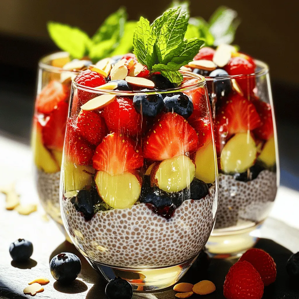 To make Summer Berry Chia Pudding, gather these simple ingredients: - 1 cup almond milk (or any plant-based milk) - 1/4 cup chia seeds - 2 tablespoons maple syrup (or honey) - 1 teaspoon vanilla extract - 1 cup mixed berries (strawberries, blueberries, raspberries) - Fresh mint leaves for garnish - 2 tablespoons sliced almonds (optional) Each ingredient plays a role in taste and texture. The almond milk gives creaminess, while chia seeds thicken the pudding. Maple syrup or honey adds natural sweetness. The fresh berries bring bright flavors and color. Chia seeds are packed with fiber, protein, and omega-3 fatty acids. They help you feel full and support heart health. Berries provide vitamins, antioxidants, and minerals. They help boost your immune system. Almond milk is low in calories and dairy-free, making it a great choice for many diets. This pudding is not only tasty but also good for you. You can customize this recipe based on what you have. Use any plant-based milk like oat or soy milk. For sweetness, try agave syrup or coconut sugar. If you want a different flavor, use flavored extracts like almond or coconut. You can swap mixed berries for other fruits like peaches or mangoes. Get creative and make this pudding your own! You can find the full recipe above for more detailed steps. To start, grab a mixing bowl. Add 1 cup of almond milk and 1/4 cup of chia seeds. Next, mix in 2 tablespoons of maple syrup and 1 teaspoon of vanilla extract. Use a whisk to blend everything well. This step is key for flavor. Let the mixture sit for about 10 minutes. After that, whisk it again to stop clumping. Now, cover the bowl and put it in the fridge. Let it chill for at least 2 hours, or overnight for best results. The chia seeds will soak up the milk. They will swell and create a pudding-like texture. When you take it out, stir it well. If it is too thick, add a bit more almond milk and mix again. Now comes the fun part! Choose your favorite serving bowls or clear glasses. Start by adding a layer of chia pudding at the bottom. Next, add a layer of mixed berries. You can use strawberries, blueberries, and raspberries. Repeat the layers until you reach the top. Finish with fresh mint leaves for a pop of color. If you want, sprinkle some sliced almonds on top for crunch. Serve chilled and enjoy this fresh delight! You can find the full recipe and more tips in the [Full Recipe]. To get a smooth and creamy texture, use good quality chia seeds. When you mix the chia seeds with almond milk, let it sit. I suggest waiting about ten minutes before whisking again. This step helps break up clumps. After mixing, cover and chill it for at least two hours. If you prefer a thicker pudding, add a bit more chia seeds. To make your pudding extra tasty, use fresh vanilla extract. You can also try adding a pinch of salt. Salt helps balance the sweetness and brings out flavors. If you want more sweetness, drizzle in extra maple syrup or honey. You can also blend in some ripe bananas for a natural sweetness boost. For a stunning look, serve your pudding in clear glasses. This way, everyone can see the lovely layers of pudding and berries. You can alternate layers for a beautiful effect. Top each glass with a single berry and a mint leaf. This adds a pop of color and freshness. For added crunch, sprinkle some sliced almonds on top. This makes each bite even more delightful. For full preparation details, check out the Full Recipe. {{image_2}} You can mix your berries for fun. Try strawberries, blueberries, and raspberries. Each fruit adds its unique taste and color. If you want a twist, use mango or peaches. They give a sweet and tropical flavor. You can also add bananas for creaminess. Experiment with what you love most! Spices can boost the taste of your pudding. Try adding a pinch of cinnamon for warmth. Nutmeg can add a lovely, earthy note. You can also stir in some cardamom for a hint of spice. These little touches make your pudding exciting and fresh. This recipe is simple to make vegan. Use maple syrup or agave nectar instead of honey. For a sugar-free option, use a sugar-free sweetener like stevia. This way, you can enjoy the pudding without added sugar. Both options keep it healthy and delicious. For the full recipe, refer to the [Full Recipe]. To keep your Summer Berry Chia Pudding fresh, store it in an airtight container. This helps keep out air and moisture that can spoil your pudding. Make sure your fridge is set to a cool temperature, around 40°F (4°C). Avoid placing the pudding near the fridge door. The door's warmth can affect the pudding's freshness. When stored properly, your chia pudding can last up to five days in the fridge. After a few days, check for any changes in texture or smell. If the pudding starts to smell off or looks watery, it's best to toss it. Remember, fresh is always best for taste and texture. You can freeze leftover chia pudding for a longer shelf life. Pour it into freezer-safe containers, leaving some space for expansion. Chia pudding can last up to three months in the freezer. When you're ready to eat it, move it to the fridge to thaw overnight. You may need to stir it well before serving to restore its creamy texture. Enjoy your Summer Berry Chia Pudding anytime with these storage tips, and check out the Full Recipe for a delightful treat! Chia seeds are small, black seeds from the Salvia hispanica plant. They are rich in fiber, protein, and omega-3 fatty acids. These seeds can absorb water and expand, making them great for puddings. Eating chia seeds can help keep you full for longer. They also support heart health and improve digestion. Yes, you can use any plant-based milk. Almond milk, coconut milk, or oat milk all work well. Each type of milk will add its own flavor. You can even use dairy milk if you prefer. Just keep in mind that the taste and texture may change slightly. You can store Summer Berry Chia Pudding in the fridge for up to five days. Make sure to keep it in an airtight container. The pudding will stay fresh and thick. Just give it a good stir before serving again. Absolutely! In fact, making it in advance is a great idea. Chia pudding tastes even better after it sits for a while. You can prepare it the night before and let it chill overnight. This way, you have an easy and healthy breakfast ready to go. Mixed berries work best for this pudding. Strawberries, blueberries, and raspberries add color and flavor. You can also try blackberries or even sliced peaches. The variety gives your pudding a fresh taste. Plus, berries are packed with vitamins and antioxidants. Summer Berry Chia Pudding is simple and fun to make. We explored key ingredients, nutrition, and alternatives. I shared step-by-step instructions for a perfect pudding. You learned tips for texture, flavor, and presentation. Variations let you try different fruits and spices. Proper storage keeps it fresh longer. Enjoy your pudding created with care! Share your experiences and variations with others, and savor every bite. This dish is a healthy treat packed with goodness.