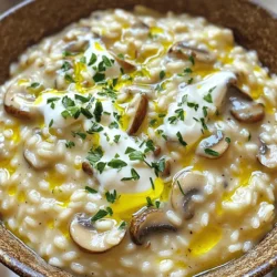 - 1 cup Arborio rice - 4 cups vegetable broth (heated) - 2 tablespoons olive oil - 1 medium onion, finely chopped - 3 cloves garlic, minced - 2 cups mixed mushrooms (such as cremini and shiitake), sliced To make creamy mushroom risotto, these essential ingredients are key. Arborio rice gives risotto its creamy texture. It absorbs flavors well and becomes tender. Vegetable broth adds depth and richness. Use a good quality broth for the best taste. Olive oil is needed for sautéing the base. It adds flavor and helps cook the onions and garlic. Onions and garlic create a fragrant base. They bring sweetness and aroma to the dish. Mixed mushrooms add umami flavor and texture. I love using cremini and shiitake for their earthiness. - 1 teaspoon fresh thyme, chopped - 1 tablespoon nutritional yeast (optional, for added creaminess) - ½ cup heavy cream or coconut cream For added flavor, you can use fresh thyme. It pairs well with mushrooms and adds a herbal note. Nutritional yeast is a great choice for a cheesy flavor without dairy. It also boosts the creaminess of the dish. Heavy cream or coconut cream makes the risotto even richer. Coconut cream is perfect for a vegan option while still keeping it creamy. - Salt and pepper - Fresh parsley, chopped (for garnish) Seasoning is crucial. Salt and pepper enhance all the flavors. Use them to taste, but remember, less is more at first. Fresh parsley adds a pop of color and freshness when you serve the risotto. It brightens up the dish and makes it more appealing. For a full recipe, check the details above. Enjoy crafting your creamy mushroom risotto! First, you need to heat the vegetable broth. Pour the broth into a saucepan. Use low heat to warm it gently. Keep it at a simmer while you cook. This step helps the rice absorb the flavors. In a large skillet, add olive oil over medium heat. Once hot, add the chopped onion. Cook until the onion is soft and clear, about 3-4 minutes. Next, add minced garlic and stir for a minute. Be careful not to let it burn. Now, it’s time to add the mushrooms. Mix in the sliced mushrooms and cook them for 5-7 minutes. They should soften and turn slightly brown. Toss in fresh thyme and stir for one more minute. Add the Arborio rice to your skillet. Stir it well for about 2 minutes. You want the rice to feel coated and just a little clear on the edges. Now comes the fun part! Begin adding the warm broth, one ladle at a time. Stir often as you add more broth. Only add another ladle when most of the liquid is soaked up. Keep doing this until the rice turns creamy and is al dente, which takes about 18-20 minutes. Once the rice is ready, remove the skillet from heat. Stir in the heavy cream or coconut cream. Add the nutritional yeast for an extra touch of creaminess. Season with salt and pepper to your liking. Serve your creamy mushroom risotto right away. Sprinkle fresh parsley on top for a lovely finish. For the complete recipe, check out the Full Recipe. To get that rich, creamy texture in your risotto, you must stir often. This helps release the starch from the Arborio rice, creating a silky sauce. Some people think they can leave it alone, but that’s a mistake. Aim for a cook time of around 18 to 20 minutes. This gives the rice time to absorb the broth and soften nicely. When it’s done, the risotto should be creamy but still have a slight bite. Using the right herbs can boost your risotto's taste. I recommend fresh thyme and parsley for a bright flavor. You can also mix in some rosemary or sage for a deeper taste. If you want to add protein, try cooked chicken, shrimp, or even chickpeas. They blend well and make the dish more filling. Just be sure to add them toward the end of cooking to warm them through. One big mistake is using cold broth. Always keep your broth warm while cooking; this helps the rice absorb it better. Cold broth can shock the rice and slow down cooking. Another mistake is overcooking the rice. If you let it go too long, it turns mushy. Taste it as it cooks to find that perfect "al dente" point. With these tips, you’ll create a creamy mushroom risotto that impresses everyone. For the complete recipe, check out the Full Recipe link. {{image_2}} You can easily make this risotto vegetarian or vegan. To do this, swap out the heavy cream for coconut cream or cashew cream. You can also add nutritional yeast for a cheesy taste without dairy. For extra nutrition, toss in more vegetables. Spinach, peas, or asparagus work great. They add color and flavor. Mushrooms bring unique flavors to risotto. You can use many types, like cremini, shiitake, or portobello. Each one adds its own taste and texture. For instance, shiitake mushrooms have a rich, earthy flavor. Mixing mushrooms gives a fun texture. Try combining a soft mushroom with a firmer one. This way, you enjoy different bites in each spoonful. Risotto is popular in many regions of Italy. Each area has its own twist. In some places, they add saffron for a beautiful color. Others may use local cheeses, like Parmigiano-Reggiano or Gorgonzola, for added richness. You can also switch out the cheese. Try goat cheese or a vegan cheese to match your taste. For the full recipe, check out the Creamy Mushroom Risotto section. This dish is easy to customize, so feel free to get creative! To store leftover risotto, let it cool first. Place it in a container with a lid. I recommend glass or plastic containers that seal well. This helps keep it fresh and safe. You can enjoy it for up to three days in the fridge. You can freeze risotto if you have a lot left over. First, cool it completely. Next, put it in freezer-safe bags or containers. Remove as much air as you can. To thaw, move it to the fridge overnight. When ready to eat, reheat it on the stove. Add a splash of broth to keep it creamy. In the fridge, risotto stays fresh for about three days. Look for changes in color or smell as signs of spoilage. If it smells sour or looks off, it’s best to throw it out. Enjoy your creamy mushroom risotto with confidence, and check the Full Recipe for more tips! The best rice for risotto is Arborio rice. It has a high starch content, which gives risotto its creamy texture. The grains are short and round, allowing them to absorb broth while still being firm. If you can't find Arborio rice, there are alternatives. Carnaroli rice is another great choice, known for its creamy finish. Vialone Nano is also good, offering a slightly different texture. Yes, you can make risotto in advance. To do this, cook the risotto until it's just firm. Remove it from heat and let it cool. Store it in an airtight container in the fridge. When reheating, add a splash of broth or water. This helps bring back the creamy texture. Heat it slowly on the stove, stirring often to avoid sticking. To make risotto less creamy, adjust the cream and broth ratios. Use less cream or replace it with more broth. This change keeps the dish flavorful without the rich texture. You can also try using less Arborio rice. This will reduce the starch and creaminess. For a lighter texture, consider using a mix of Arborio with long-grain rice. For the full experience, check out the Full Recipe for Creamy Mushroom Risotto. This blog post covered essential ingredients, step-by-step instructions, and helpful tips for making risotto. Choosing Arborio rice and properly preparing your broth are key steps. Remember to stir for a creamy texture and avoid common mistakes like using cold broth. Experiment with variations and storage tips to keep your risotto fresh. With practice, you'll master this dish and impress everyone. Enjoy creating your perfect risotto, mixing flavors and textures to make it your own. Happy cooking!