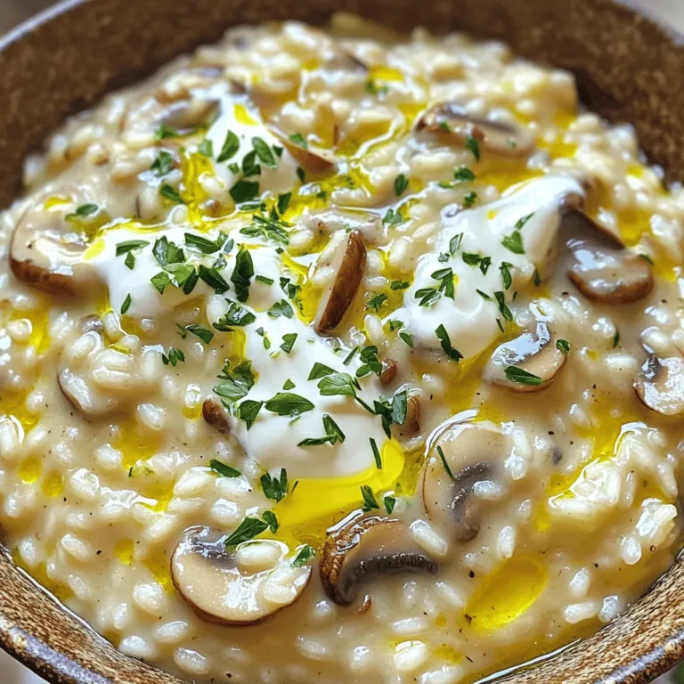 - 1 cup Arborio rice - 4 cups vegetable broth (heated) - 2 tablespoons olive oil - 1 medium onion, finely chopped - 3 cloves garlic, minced - 2 cups mixed mushrooms (such as cremini and shiitake), sliced To make creamy mushroom risotto, these essential ingredients are key. Arborio rice gives risotto its creamy texture. It absorbs flavors well and becomes tender. Vegetable broth adds depth and richness. Use a good quality broth for the best taste. Olive oil is needed for sautéing the base. It adds flavor and helps cook the onions and garlic. Onions and garlic create a fragrant base. They bring sweetness and aroma to the dish. Mixed mushrooms add umami flavor and texture. I love using cremini and shiitake for their earthiness. - 1 teaspoon fresh thyme, chopped - 1 tablespoon nutritional yeast (optional, for added creaminess) - ½ cup heavy cream or coconut cream For added flavor, you can use fresh thyme. It pairs well with mushrooms and adds a herbal note. Nutritional yeast is a great choice for a cheesy flavor without dairy. It also boosts the creaminess of the dish. Heavy cream or coconut cream makes the risotto even richer. Coconut cream is perfect for a vegan option while still keeping it creamy. - Salt and pepper - Fresh parsley, chopped (for garnish) Seasoning is crucial. Salt and pepper enhance all the flavors. Use them to taste, but remember, less is more at first. Fresh parsley adds a pop of color and freshness when you serve the risotto. It brightens up the dish and makes it more appealing. For a full recipe, check the details above. Enjoy crafting your creamy mushroom risotto! First, you need to heat the vegetable broth. Pour the broth into a saucepan. Use low heat to warm it gently. Keep it at a simmer while you cook. This step helps the rice absorb the flavors. In a large skillet, add olive oil over medium heat. Once hot, add the chopped onion. Cook until the onion is soft and clear, about 3-4 minutes. Next, add minced garlic and stir for a minute. Be careful not to let it burn. Now, it’s time to add the mushrooms. Mix in the sliced mushrooms and cook them for 5-7 minutes. They should soften and turn slightly brown. Toss in fresh thyme and stir for one more minute. Add the Arborio rice to your skillet. Stir it well for about 2 minutes. You want the rice to feel coated and just a little clear on the edges. Now comes the fun part! Begin adding the warm broth, one ladle at a time. Stir often as you add more broth. Only add another ladle when most of the liquid is soaked up. Keep doing this until the rice turns creamy and is al dente, which takes about 18-20 minutes. Once the rice is ready, remove the skillet from heat. Stir in the heavy cream or coconut cream. Add the nutritional yeast for an extra touch of creaminess. Season with salt and pepper to your liking. Serve your creamy mushroom risotto right away. Sprinkle fresh parsley on top for a lovely finish. For the complete recipe, check out the Full Recipe. To get that rich, creamy texture in your risotto, you must stir often. This helps release the starch from the Arborio rice, creating a silky sauce. Some people think they can leave it alone, but that’s a mistake. Aim for a cook time of around 18 to 20 minutes. This gives the rice time to absorb the broth and soften nicely. When it’s done, the risotto should be creamy but still have a slight bite. Using the right herbs can boost your risotto's taste. I recommend fresh thyme and parsley for a bright flavor. You can also mix in some rosemary or sage for a deeper taste. If you want to add protein, try cooked chicken, shrimp, or even chickpeas. They blend well and make the dish more filling. Just be sure to add them toward the end of cooking to warm them through. One big mistake is using cold broth. Always keep your broth warm while cooking; this helps the rice absorb it better. Cold broth can shock the rice and slow down cooking. Another mistake is overcooking the rice. If you let it go too long, it turns mushy. Taste it as it cooks to find that perfect "al dente" point. With these tips, you’ll create a creamy mushroom risotto that impresses everyone. For the complete recipe, check out the Full Recipe link. {{image_2}} You can easily make this risotto vegetarian or vegan. To do this, swap out the heavy cream for coconut cream or cashew cream. You can also add nutritional yeast for a cheesy taste without dairy. For extra nutrition, toss in more vegetables. Spinach, peas, or asparagus work great. They add color and flavor. Mushrooms bring unique flavors to risotto. You can use many types, like cremini, shiitake, or portobello. Each one adds its own taste and texture. For instance, shiitake mushrooms have a rich, earthy flavor. Mixing mushrooms gives a fun texture. Try combining a soft mushroom with a firmer one. This way, you enjoy different bites in each spoonful. Risotto is popular in many regions of Italy. Each area has its own twist. In some places, they add saffron for a beautiful color. Others may use local cheeses, like Parmigiano-Reggiano or Gorgonzola, for added richness. You can also switch out the cheese. Try goat cheese or a vegan cheese to match your taste. For the full recipe, check out the Creamy Mushroom Risotto section. This dish is easy to customize, so feel free to get creative! To store leftover risotto, let it cool first. Place it in a container with a lid. I recommend glass or plastic containers that seal well. This helps keep it fresh and safe. You can enjoy it for up to three days in the fridge. You can freeze risotto if you have a lot left over. First, cool it completely. Next, put it in freezer-safe bags or containers. Remove as much air as you can. To thaw, move it to the fridge overnight. When ready to eat, reheat it on the stove. Add a splash of broth to keep it creamy. In the fridge, risotto stays fresh for about three days. Look for changes in color or smell as signs of spoilage. If it smells sour or looks off, it’s best to throw it out. Enjoy your creamy mushroom risotto with confidence, and check the Full Recipe for more tips! The best rice for risotto is Arborio rice. It has a high starch content, which gives risotto its creamy texture. The grains are short and round, allowing them to absorb broth while still being firm. If you can't find Arborio rice, there are alternatives. Carnaroli rice is another great choice, known for its creamy finish. Vialone Nano is also good, offering a slightly different texture. Yes, you can make risotto in advance. To do this, cook the risotto until it's just firm. Remove it from heat and let it cool. Store it in an airtight container in the fridge. When reheating, add a splash of broth or water. This helps bring back the creamy texture. Heat it slowly on the stove, stirring often to avoid sticking. To make risotto less creamy, adjust the cream and broth ratios. Use less cream or replace it with more broth. This change keeps the dish flavorful without the rich texture. You can also try using less Arborio rice. This will reduce the starch and creaminess. For a lighter texture, consider using a mix of Arborio with long-grain rice. For the full experience, check out the Full Recipe for Creamy Mushroom Risotto. This blog post covered essential ingredients, step-by-step instructions, and helpful tips for making risotto. Choosing Arborio rice and properly preparing your broth are key steps. Remember to stir for a creamy texture and avoid common mistakes like using cold broth. Experiment with variations and storage tips to keep your risotto fresh. With practice, you'll master this dish and impress everyone. Enjoy creating your perfect risotto, mixing flavors and textures to make it your own. Happy cooking!