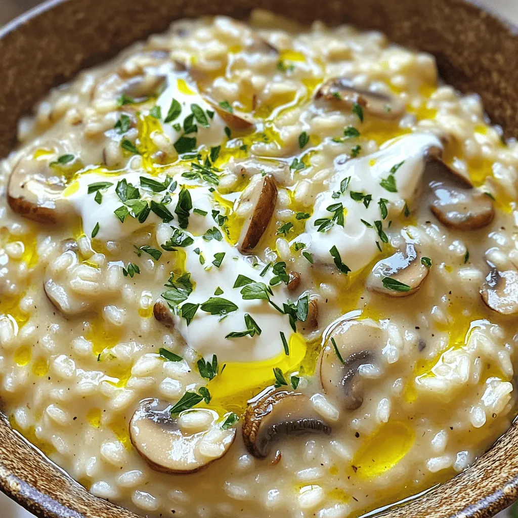 - 1 cup Arborio rice - 4 cups vegetable broth (heated) - 2 tablespoons olive oil - 1 medium onion, finely chopped - 3 cloves garlic, minced - 2 cups mixed mushrooms (such as cremini and shiitake), sliced To make creamy mushroom risotto, these essential ingredients are key. Arborio rice gives risotto its creamy texture. It absorbs flavors well and becomes tender. Vegetable broth adds depth and richness. Use a good quality broth for the best taste. Olive oil is needed for sautéing the base. It adds flavor and helps cook the onions and garlic. Onions and garlic create a fragrant base. They bring sweetness and aroma to the dish. Mixed mushrooms add umami flavor and texture. I love using cremini and shiitake for their earthiness. - 1 teaspoon fresh thyme, chopped - 1 tablespoon nutritional yeast (optional, for added creaminess) - ½ cup heavy cream or coconut cream For added flavor, you can use fresh thyme. It pairs well with mushrooms and adds a herbal note. Nutritional yeast is a great choice for a cheesy flavor without dairy. It also boosts the creaminess of the dish. Heavy cream or coconut cream makes the risotto even richer. Coconut cream is perfect for a vegan option while still keeping it creamy. - Salt and pepper - Fresh parsley, chopped (for garnish) Seasoning is crucial. Salt and pepper enhance all the flavors. Use them to taste, but remember, less is more at first. Fresh parsley adds a pop of color and freshness when you serve the risotto. It brightens up the dish and makes it more appealing. For a full recipe, check the details above. Enjoy crafting your creamy mushroom risotto! First, you need to heat the vegetable broth. Pour the broth into a saucepan. Use low heat to warm it gently. Keep it at a simmer while you cook. This step helps the rice absorb the flavors. In a large skillet, add olive oil over medium heat. Once hot, add the chopped onion. Cook until the onion is soft and clear, about 3-4 minutes. Next, add minced garlic and stir for a minute. Be careful not to let it burn. Now, it’s time to add the mushrooms. Mix in the sliced mushrooms and cook them for 5-7 minutes. They should soften and turn slightly brown. Toss in fresh thyme and stir for one more minute. Add the Arborio rice to your skillet. Stir it well for about 2 minutes. You want the rice to feel coated and just a little clear on the edges. Now comes the fun part! Begin adding the warm broth, one ladle at a time. Stir often as you add more broth. Only add another ladle when most of the liquid is soaked up. Keep doing this until the rice turns creamy and is al dente, which takes about 18-20 minutes. Once the rice is ready, remove the skillet from heat. Stir in the heavy cream or coconut cream. Add the nutritional yeast for an extra touch of creaminess. Season with salt and pepper to your liking. Serve your creamy mushroom risotto right away. Sprinkle fresh parsley on top for a lovely finish. For the complete recipe, check out the Full Recipe. To get that rich, creamy texture in your risotto, you must stir often. This helps release the starch from the Arborio rice, creating a silky sauce. Some people think they can leave it alone, but that’s a mistake. Aim for a cook time of around 18 to 20 minutes. This gives the rice time to absorb the broth and soften nicely. When it’s done, the risotto should be creamy but still have a slight bite. Using the right herbs can boost your risotto's taste. I recommend fresh thyme and parsley for a bright flavor. You can also mix in some rosemary or sage for a deeper taste. If you want to add protein, try cooked chicken, shrimp, or even chickpeas. They blend well and make the dish more filling. Just be sure to add them toward the end of cooking to warm them through. One big mistake is using cold broth. Always keep your broth warm while cooking; this helps the rice absorb it better. Cold broth can shock the rice and slow down cooking. Another mistake is overcooking the rice. If you let it go too long, it turns mushy. Taste it as it cooks to find that perfect "al dente" point. With these tips, you’ll create a creamy mushroom risotto that impresses everyone. For the complete recipe, check out the Full Recipe link. {{image_2}} You can easily make this risotto vegetarian or vegan. To do this, swap out the heavy cream for coconut cream or cashew cream. You can also add nutritional yeast for a cheesy taste without dairy. For extra nutrition, toss in more vegetables. Spinach, peas, or asparagus work great. They add color and flavor. Mushrooms bring unique flavors to risotto. You can use many types, like cremini, shiitake, or portobello. Each one adds its own taste and texture. For instance, shiitake mushrooms have a rich, earthy flavor. Mixing mushrooms gives a fun texture. Try combining a soft mushroom with a firmer one. This way, you enjoy different bites in each spoonful. Risotto is popular in many regions of Italy. Each area has its own twist. In some places, they add saffron for a beautiful color. Others may use local cheeses, like Parmigiano-Reggiano or Gorgonzola, for added richness. You can also switch out the cheese. Try goat cheese or a vegan cheese to match your taste. For the full recipe, check out the Creamy Mushroom Risotto section. This dish is easy to customize, so feel free to get creative! To store leftover risotto, let it cool first. Place it in a container with a lid. I recommend glass or plastic containers that seal well. This helps keep it fresh and safe. You can enjoy it for up to three days in the fridge. You can freeze risotto if you have a lot left over. First, cool it completely. Next, put it in freezer-safe bags or containers. Remove as much air as you can. To thaw, move it to the fridge overnight. When ready to eat, reheat it on the stove. Add a splash of broth to keep it creamy. In the fridge, risotto stays fresh for about three days. Look for changes in color or smell as signs of spoilage. If it smells sour or looks off, it’s best to throw it out. Enjoy your creamy mushroom risotto with confidence, and check the Full Recipe for more tips! The best rice for risotto is Arborio rice. It has a high starch content, which gives risotto its creamy texture. The grains are short and round, allowing them to absorb broth while still being firm. If you can't find Arborio rice, there are alternatives. Carnaroli rice is another great choice, known for its creamy finish. Vialone Nano is also good, offering a slightly different texture. Yes, you can make risotto in advance. To do this, cook the risotto until it's just firm. Remove it from heat and let it cool. Store it in an airtight container in the fridge. When reheating, add a splash of broth or water. This helps bring back the creamy texture. Heat it slowly on the stove, stirring often to avoid sticking. To make risotto less creamy, adjust the cream and broth ratios. Use less cream or replace it with more broth. This change keeps the dish flavorful without the rich texture. You can also try using less Arborio rice. This will reduce the starch and creaminess. For a lighter texture, consider using a mix of Arborio with long-grain rice. For the full experience, check out the Full Recipe for Creamy Mushroom Risotto. This blog post covered essential ingredients, step-by-step instructions, and helpful tips for making risotto. Choosing Arborio rice and properly preparing your broth are key steps. Remember to stir for a creamy texture and avoid common mistakes like using cold broth. Experiment with variations and storage tips to keep your risotto fresh. With practice, you'll master this dish and impress everyone. Enjoy creating your perfect risotto, mixing flavors and textures to make it your own. Happy cooking!