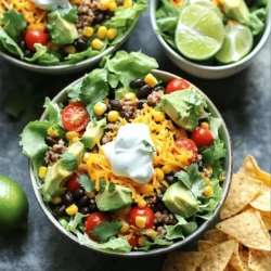 - 1 pound ground turkey or beef - 1 red bell pepper, diced - 1 cup cherry tomatoes, halved - 1 avocado, diced - 2 cups romaine lettuce, chopped - 1 cup corn (canned or frozen) - 1 can black beans, rinsed and drained Fresh ingredients are key to a tasty taco salad. I like to use ground turkey for a leaner option, but beef works well too. Dicing the red bell pepper and cherry tomatoes adds color and crunch. Avocado brings creaminess, while romaine lettuce gives a nice base. Black beans and corn add protein and sweetness. - 1/2 cup shredded cheddar cheese - 1/2 cup sour cream or Greek yogurt - Tortilla chips for serving Toppings make your salad fun! Shredded cheese adds richness, and sour cream or Greek yogurt gives a tangy kick. I enjoy serving with crispy tortilla chips. They add a nice crunch and texture. You can also use them as a scoop for the salad. - 1 packet taco seasoning (or homemade blend) - 1/4 cup freshly chopped cilantro - Juice of 1 lime - Salt and pepper to taste For flavor, I use a taco seasoning packet. You can also make your own blend with spices. Fresh cilantro and lime juice brighten up the salad. Don’t forget to season with salt and pepper! These simple steps make a big difference in flavor. For the full recipe, check out the details above. - Brown the Ground Turkey or Beef In a large skillet, heat your pan over medium heat. Add 1 pound of ground turkey or beef. Cook it until it’s browned, stirring often to break it apart. This should take about 5 to 7 minutes. If there is too much fat, drain it off. - Add Taco Seasoning and Simmer Next, add a packet of taco seasoning to the meat. You can also use a homemade blend if you prefer. Pour in about 1/4 cup of water and stir well. Let this simmer for about 5 minutes. This helps the flavors mix and taste great. - Combine Corn, Black Beans, and Vegetables In a separate bowl, mix together 1 cup of corn and 1 can of black beans that you rinsed and drained. Then, add 1 diced red bell pepper and 1 cup of halved cherry tomatoes. Toss in 1 diced avocado and 1/4 cup of chopped cilantro for freshness. - Season and Toss the Mixture Drizzle the salad mixture with the juice of 1 lime. Then, season with salt and pepper to taste. Gently toss everything together. You want it mixed but not mushy. - Layering with Romaine Lettuce Start by chopping 2 cups of romaine lettuce. Place this at the bottom of each bowl. This will be your base and adds crunch. - Adding Meat, Salad Mixture, and Toppings Next, layer the seasoned meat on top of the lettuce. Then, spoon the corn and bean mixture on top. Finish by sprinkling 1/2 cup of shredded cheddar cheese over everything. For extra flavor, add a dollop of sour cream or Greek yogurt. Serve with tortilla chips on the side or crumbled on top for some crunch. You can also add extra cilantro and lime wedges if you like. For the complete recipe, check out the Full Recipe. You can easily make this salad fit your needs. If you want a gluten-free dish, skip the tortilla chips or use corn chips. For a vegetarian option, swap the meat for black beans or lentils. You can also use quinoa for added protein. Adding more veggies can boost flavor and nutrition. Try diced cucumbers, shredded carrots, or sliced radishes. These add color and crunch. You can also mix in some cooked corn for sweetness. Crunchy tortilla chips make a great topping. To keep them crisp, add them just before serving. You could also bake the chips for a healthier option. Just brush them lightly with olive oil and bake until golden. For dressings, you can explore different flavors. A creamy avocado dressing adds richness. Salsa verde gives a fresh kick. Experiment with what you like best! Make your salad look stunning by serving it in clear bowls. This lets the colorful layers shine through. You can also use mason jars for a fun twist. Layer the ingredients for a beautiful visual. Garnish with lime wedges and extra cilantro on top. This not only adds flavor but also makes the dish pop. Your friends will be impressed by the look and taste! {{image_2}} You can change the protein to suit your taste. Ground chicken works great instead of beef. For a plant-based option, use tofu or legumes. Black beans or lentils add protein and fiber. These swaps keep the meal healthy and tasty. Dressing can change the whole flavor of your salad. A creamy avocado dressing adds richness. You can also try salsa verde for a fresh kick. Both options complement the zesty flavors in the salad. You can serve this dish in many ways. Use taco shells for a fun, handheld meal. Burrito bowls offer a hearty option and hold all the flavors well. Lettuce wraps are a low-carb choice that keeps it light. Each style gives a unique twist to the same delicious ingredients. To keep Zesty Taco Salad Bowls fresh, store leftovers in an airtight container. Make sure to separate the meat from the salad mix and toppings. The meat can last in the fridge for about 3 to 4 days. The salad mix will stay fresh for 2 to 3 days. Always cool the food before putting it in the fridge. You can freeze the meat mixture for longer storage. Place it in a freezer-safe bag or container. Make sure to remove excess air to prevent freezer burn. It will stay good for about 2 to 3 months. Avoid freezing the salad mix and toppings, as they do not freeze well. When ready to eat, thaw the meat in the fridge overnight. Reheat it in a pan over medium heat until hot. You can also use the microwave, but check it often to avoid overcooking. Prepare fresh salad and toppings just before serving. This keeps the flavors bright and the textures crisp. For more details, check the Full Recipe. To make Zesty Taco Salad Bowls vegetarian, simply swap out the meat. Use one can of black beans or kidney beans. You can also try lentils or crumbled tofu. These options add protein and heartiness. These salad bowls pair well with many side dishes. Try serving them with: - Cornbread or tortilla chips - Guacamole or salsa - Mexican rice or quinoa - A fresh fruit salad - A light Mexican-style soup These sides will enhance your meal and add more flavor. You can prepare these tasty bowls in about 30 minutes. The prep takes about 15 minutes, and the cooking time is around 15 minutes. This makes it a quick and easy meal option. Enjoy this fun dish with friends or family. Check out the Full Recipe for more details on making this delightful meal. This blog post shared how to make tasty taco salad bowls. We looked at fresh ingredients like ground turkey and colorful veggies. I walked you through cooking and mixing your salad. You got tips on customizing and serving your dish. Remember, make it your own with different proteins and dressings. Enjoy your creations and share them with friends. Taco salads are fun and healthy meals for everyone!
