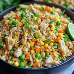 To make easy chicken fried rice, you will need: - 2 cups cooked jasmine rice (preferably day-old) - 1 cup cooked chicken, diced - 1 cup mixed vegetables (peas, carrots, corn) - 2 eggs, beaten - 3 tablespoons soy sauce (or tamari for gluten-free) - 1 tablespoon sesame oil - 2 tablespoons vegetable oil - 3 green onions, sliced - 2 cloves garlic, minced - Salt and pepper to taste These ingredients create a vibrant and tasty dish. Using day-old rice helps keep the fried rice fluffy and prevents it from getting mushy. If you don't have some ingredients, here are great swaps: - Use brown rice instead of jasmine rice for a nutty flavor. - Swap chicken for shrimp or tofu for a different taste. - Feel free to use frozen mixed veggies. They work just as well. - If you want less sodium, try low-sodium soy sauce. - For a vegan option, skip the eggs and use tofu instead. These substitutes can help you use what you have on hand. The best rice for fried rice is jasmine rice. Its light texture and aroma make it perfect. Here are some other good options: - Basmati rice offers a nice flavor and fluffy texture. - Long-grain rice stays separate when cooked, ideal for fried rice. - Short-grain rice can be used but may be a bit sticky. Using the right rice makes your fried rice more enjoyable. For the complete recipe, see [Full Recipe]. Before you start cooking, gather your ingredients. This makes the process smooth and easy. For chicken fried rice, you need: - 2 cups cooked jasmine rice (preferably day-old) - 1 cup cooked chicken, diced - 1 cup mixed vegetables (peas, carrots, corn) - 2 eggs, beaten - 3 tablespoons soy sauce - 1 tablespoon sesame oil - 2 tablespoons vegetable oil - 3 green onions, sliced - 2 cloves garlic, minced - Salt and pepper to taste Make sure your rice is cold. This helps it fry better. Dice your chicken into small pieces. Chop the vegetables if they are not pre-cut. This prep time is key. Now, let's cook! Heat the vegetable oil in a large skillet or wok over medium-high heat. Add the minced garlic and stir for about 30 seconds until it smells good. Next, push the garlic to one side of the skillet. Pour in the beaten eggs. Scramble them until they are fully cooked, then mix them with the garlic. This step adds protein and flavor to your dish. Add the diced chicken and mixed vegetables to the skillet. Stir-fry for about 2-3 minutes. You want the veggies to be slightly tender but still colorful. Now, it's time for the rice. Add the day-old rice to the skillet. Break up any clumps with a spatula. Stir well to combine everything. Drizzle the soy sauce and sesame oil over the rice. Stir-fry again for another 3-4 minutes. This helps all the flavors mix together. Finally, season your fried rice with salt and pepper to taste. Fold in the sliced green onions for a fresh crunch. Once everything is well mixed and heated through, your chicken fried rice is ready! Serve it hot in a large bowl. Garnish with extra green onions or sesame seeds for a nice touch. You can even add a lime wedge for a burst of flavor. For the full recipe, check out the details above. Enjoy your cooking! To make perfect fried rice, use day-old rice. Fresh rice is too moist. Day-old rice is drier and easier to fry. If you must use fresh rice, cool it in the fridge for a bit. This helps reduce moisture. Also, spread the rice out on a tray. Let it cool completely before using. Use high heat for frying. This helps the rice get crispy. A wok is great for this. The shape allows for even cooking. Always add ingredients in order. Start with garlic, then eggs, and finally rice. Stir quickly, so nothing sticks. Mixing well ensures every grain is coated in flavor. Don’t overcrowd the pan. This leads to steaming, not frying. Cook in batches if needed. Also, avoid using too much soy sauce. It can make the rice soggy. Remember to taste as you go. This way, you can adjust seasoning. Lastly, don’t skip the green onions. They add freshness and crunch. For the full recipe, check out the detailed instructions above. {{image_2}} You can swap out chicken for other proteins. Shrimp adds a nice touch. Just cook the shrimp until pink. Tofu is a great vegetarian option. Use firm tofu for the best texture. Cut it into small cubes. Sauté it until golden brown. This adds a great flavor to the dish. Feel free to mix up the veggies. Broccoli, bell peppers, and snap peas work well. You can use fresh or frozen vegetables. If using frozen, no need to thaw. Just toss them in during cooking. This keeps your meal colorful and healthy. More veggies mean more nutrients! To boost flavor, try adding spices. A pinch of ginger gives warmth. For heat, sprinkle in some red pepper flakes. You can also add sauces. Hoisin sauce or oyster sauce adds depth. Experiment with what you like. Each addition can change the dish in fun ways. Make it your own! Store your chicken fried rice in an airtight container. Allow it to cool first. Keep the rice in the fridge for up to three days. Make sure it is sealed well to prevent drying out. When you're ready to eat, reheat your rice on the stove or in the microwave. If using the stove, add a splash of water to keep it moist. Stir often until it's hot. In the microwave, cover with a damp paper towel. Heat in short bursts, stirring in between. You can freeze chicken fried rice for up to three months. Use a freezer-safe container or bag. Make sure to squeeze out any air before sealing. Thaw it overnight in the fridge before reheating. This keeps the texture nice and tasty. For the best results, reheat on the stove. This gives you that fresh-made taste. Don't forget to check out the Full Recipe for more tips! Yes, you can use fresh rice. However, day-old rice works best. Fresh rice has more moisture. This moisture can make the fried rice mushy. To fix this, spread fresh rice on a tray and cool it. Chill it in the fridge for about 30 minutes. This helps it dry out a bit. The best soy sauce for fried rice is light soy sauce. It adds saltiness without overpowering the dish. You can also use tamari if you need a gluten-free option. Both types will enhance the flavors in your fried rice. Experiment with different brands to find your favorite taste. To make this recipe vegetarian, skip the chicken. Instead, use tofu or extra vegetables. Cook tofu until golden for added flavor. You can add more mixed vegetables like bell peppers or broccoli. Adjust the soy sauce to enhance the taste. Check the Full Recipe for additional tips! This blog post covers all you need to make great fried rice. We discussed essential ingredients, how to cook them, and tips for perfect results. You learned about ingredient swaps and the best rice to use. I shared common mistakes and how to avoid them. Plus, we explored different flavors and ways to store leftovers. Fried rice is simple to make and fun to customize. Try new flavors next time you cook. Enjoy your meal!