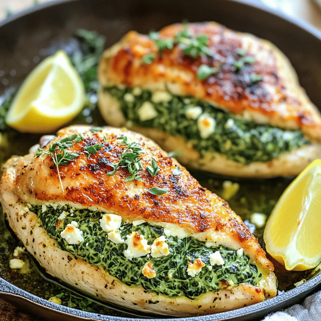 - 4 boneless, skinless chicken breasts - 2 cups fresh spinach, chopped - 1 cup feta cheese, crumbled - 1/2 cup cream cheese, softened - 2 cloves garlic, minced - 1 teaspoon dried oregano - 1/2 teaspoon black pepper - 1 tablespoon olive oil - 1/4 teaspoon red pepper flakes (optional for heat) - Fresh lemon wedges for serving This dish shines with its simple yet bright flavors. The chicken is the star, holding a delightful filling of spinach and feta. The cream cheese adds smoothness, while garlic brings depth. Dried oregano gives a nice herb note, and black pepper adds a hint of warmth. When I prepare this recipe, I like to use fresh ingredients for the best taste. The spinach and feta blend beautifully, creating a rich filling. I always recommend using high-quality feta cheese for a more flavorful outcome. For a bit of heat, I sometimes add red pepper flakes. They complement the flavors without overpowering them. Lemon wedges are perfect for serving. A squeeze of fresh lemon elevates the dish. This recipe is easy to follow. You can find the full recipe with all steps in detail. Enjoy cooking this tasty meal! Preheating the Oven Start by preheating your oven to 375°F (190°C). This temperature helps cook the chicken evenly while keeping it juicy. Mixing the Filling In a mixing bowl, combine the following ingredients: - 2 cups fresh spinach, chopped - 1 cup feta cheese, crumbled - 1/2 cup cream cheese, softened - 2 cloves garlic, minced - 1 teaspoon dried oregano - 1/2 teaspoon black pepper - 1/4 teaspoon salt - 1/4 teaspoon red pepper flakes (optional for heat) Mix these until smooth and all ingredients blend well. This filling packs great flavor. Preparing Chicken Breasts Take 4 boneless, skinless chicken breasts. Pat them dry with paper towels. Carefully slice each breast horizontally to create a pocket. Be cautious not to cut all the way through. Stuffing Method Spoon the spinach and feta mixture into each chicken breast. Use toothpicks to secure the edges if needed. This keeps the filling inside while cooking. Searing Process In an oven-safe skillet, heat 1 tablespoon of olive oil over medium heat. Add the stuffed chicken breasts and sear for about 4-5 minutes on each side until golden brown. This step adds a nice crust. Baking Instructions Once seared, transfer the skillet to your preheated oven. Bake for 20-25 minutes. The chicken is done when it’s cooked through and juices run clear. Let it rest a few minutes before removing toothpicks. Serve with fresh lemon wedges for a little zest. Don't forget to check the Full Recipe for more details! - Ensuring Even Cooking: To cook your chicken evenly, pound the breasts to uniform thickness. This way, they cook through at the same time. Use a meat mallet or rolling pin for this task. - Color and Texture Tips: Searing the chicken before baking adds a lovely golden color. This step also enhances flavor. Aim for about 4-5 minutes on each side until you see a nice crust. - Experimenting with Herbs: Feel free to mix in fresh herbs. Basil, parsley, or thyme can elevate the flavor. Just chop them finely and add to the filling mix. - Adding a Spicy Kick: If you like heat, consider adding more red pepper flakes. You can also mix in chopped jalapeños or a dash of hot sauce for an extra layer of flavor. - Presentation Tips: For a stunning plate, slice the stuffed chicken on a diagonal. This shows off the vibrant green filling. Arrange it nicely with lemon wedges and a sprinkle of fresh herbs. - Pairing Suggestions: Serve your stuffed chicken with a side of roasted vegetables or a simple salad. A light white wine pairs well, too. This adds a refreshing touch to your meal. For the full recipe, check out the complete guide! {{image_2}} Alternative Cheeses You can switch feta cheese for goat cheese or ricotta. These options bring different flavors. Goat cheese adds a tang, while ricotta gives a creamy texture. Use what you like best! Vegetables to Add Feel free to add other veggies to the stuffing. Chopped sun-dried tomatoes or artichokes enhance the taste. You can also mix in some sautéed mushrooms for extra depth. Just remember to chop them finely. Grilling vs. Baking Grilling the stuffed chicken gives it a smoky flavor. Use medium heat and grill for about 6-8 minutes on each side. Baking, however, keeps the chicken juicy and tender. Both methods are delicious! Slow Cooker Option You can also use a slow cooker for this dish. After stuffing the chicken, place it in the slow cooker with a bit of broth. Cook on low for 4-6 hours. This method makes the chicken super tender. Gluten-Free Modifications This recipe is already gluten-free! Just check your cheese labels to ensure they are safe. Use gluten-free bread crumbs if you want a crunchy topping. Dairy-Free Versions For a dairy-free option, try using dairy-free cream cheese and a plant-based cheese. These can mimic the flavors well. Don't forget to check the labels for any hidden dairy. For the full recipe, check out the detailed steps to make this delightful dish! - Duration of Freshness: You can keep the spinach and feta stuffed chicken in the fridge for up to 3 days. This allows you to enjoy leftovers while keeping the meal safe. - Proper Storage Containers: Use airtight containers to store the chicken. This helps maintain its moisture and flavor. If you prefer, wrap each piece in plastic wrap and then place it in a container. - Freezing Tips: If you want to freeze the stuffed chicken, wrap each piece tightly in plastic wrap. Then, place them in a freezer bag. This keeps the chicken fresh for about 2 months. Label the bag with the date to track freshness. - Thawing Recommendations: When you're ready to enjoy the chicken, thaw it in the fridge overnight. This is the safest method. If you need it faster, you can use the microwave's defrost setting, but be careful not to start cooking it. - Best Methods: To reheat, the oven works best. Preheat it to 350°F (175°C). Place the chicken on a baking dish and cover it with foil. Heat for about 15-20 minutes until warmed through. This keeps the chicken juicy. - Ensuring Quality and Flavor: Check the internal temperature; it should reach 165°F (74°C) for safety. You can add a splash of broth or water to the dish before reheating to keep the chicken moist. Enjoy your delicious meal! How to ensure chicken is juicy? To keep your chicken juicy, do not overcook it. Use a meat thermometer to check for doneness. Chicken should reach an internal temperature of 165°F (74°C). Let the chicken rest for a few minutes after cooking. This helps retain moisture. Can I make this recipe ahead of time? Yes, you can prepare the spinach and feta stuffing a day in advance. Stuff the chicken and store it in the fridge. When ready to cook, bake it straight from the fridge. Just add a few extra minutes to the baking time. What if I don't have feta cheese? If you lack feta cheese, try using goat cheese or ricotta. Both options provide a creamy texture and delicious flavor. You can also use mozzarella for a milder taste. Can I use frozen spinach? Yes, frozen spinach works well in this recipe. Thaw it and drain any excess moisture before mixing it into the filling. This keeps the stuffing from getting soggy. How long do I bake the chicken if using larger breasts? If your chicken breasts are larger, increase the baking time to 30-35 minutes. Always check the internal temperature to ensure it is fully cooked. Can I add other ingredients to the stuffing? Absolutely! You can add sun-dried tomatoes, olives, or artichokes for extra flavor. Just chop them finely and mix them into the spinach and feta filling. This blog post covered a tasty stuffed chicken recipe. We discussed key ingredients like chicken breasts and spinach, along with cooking steps. You learned tips to enhance flavor and variations for different diets. In the kitchen, adapt this recipe to your taste. Enjoy cooking and share your creations! Great meals bring joy and satisfaction to our lives.