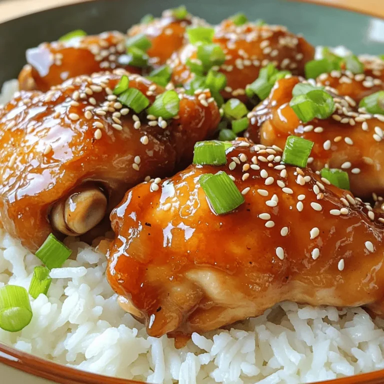 - 1 lb boneless skinless chicken thighs - 1/2 cup soy sauce - 1/4 cup brown sugar - 2 tablespoons honey - 2 tablespoons rice vinegar - 2 cloves garlic, minced - 1 teaspoon ginger, grated - 1 tablespoon cornstarch - 2 tablespoons sesame seeds - 3 green onions, chopped - Cooked rice or quinoa For this easy teriyaki chicken recipe, you’ll need a few key ingredients. The chicken thighs are juicy and tender, making them perfect for this dish. Soy sauce adds depth, while brown sugar and honey give it that sweet touch. Next, rice vinegar adds a bit of tang. Garlic and ginger bring fresh flavor to the table. Cornstarch helps thicken the sauce, making it nice and sticky. When it comes to garnishes, sesame seeds and green onions add great crunch and color. Serve this dish over rice or quinoa for a complete meal. For the full recipe, check out the details in the provided link! First, gather all your marinade ingredients in a mixing bowl. You will need soy sauce, brown sugar, honey, rice vinegar, minced garlic, and grated ginger. Whisk these together until the sugar dissolves completely. Next, add the chicken thighs to the bowl. Make sure each piece is well-coated in the marinade. Cover the bowl and refrigerate it for at least 30 minutes. If you have extra time, let it marinate for up to 2 hours for more flavor. Now, it’s time to cook the chicken. Preheat your skillet over medium-high heat. Take the chicken out of the marinade, but save the marinade for later. Place the chicken thighs in the hot skillet. Cook each side for about 5 to 7 minutes until they turn golden brown. You want the chicken to reach an internal temperature of 165°F (75°C) to ensure it is safe to eat. While the chicken cooks, let's make the sauce. Pour the reserved marinade into a small saucepan over medium heat. In another bowl, mix the cornstarch with water until smooth. When the marinade starts to simmer, stir in your cornstarch mixture. Keep cooking for about 2 to 3 minutes until the sauce thickens nicely. Once the chicken is cooked, slice it into strips. Add the chicken back to the skillet and pour the thickened teriyaki sauce over it. Toss the chicken in the sauce to coat it evenly. Cook for an additional 2 minutes so the flavors mix well. Finally, serve the teriyaki chicken over cooked rice or quinoa. For a finishing touch, sprinkle sesame seeds and chopped green onions on top. Enjoy your delicious meal! Recommended marinating time For the best flavor, marinate your chicken for at least 30 minutes. If you can, aim for 2 hours. This gives the sauce time to soak in. How to avoid dry chicken To keep chicken juicy, do not overcook it. Cook it until it reaches 165°F (75°C). Using thighs helps too, as they are more tender than breasts. Best skillet types for cooking A non-stick skillet works great for this teriyaki chicken. It helps prevent sticking and makes cleanup easy. Cast iron can also work, but it may need a bit more oil. Tips for achieving perfect browning Make sure your skillet is hot before adding chicken. This helps create a nice golden color. Don't overcrowd the pan; cook in batches if needed. How to adjust sweetness or saltiness If your sauce is too sweet, add a splash of soy sauce. If it's too salty, mix in a bit of water or more honey. Taste as you go! Adding heat or other flavors To spice things up, add red pepper flakes or sriracha. For a fruity twist, try mixing in some pineapple juice. These changes can make your dish unique! For the complete recipe, check out the Full Recipe above. {{image_2}} You can switch up the protein in this dish to suit your taste. - Using chicken breast instead of thighs: Chicken breast is leaner. It cooks faster and can still be juicy. Just be careful not to overcook it. - Vegetarian options: Tofu or tempeh are great choices. They soak up flavors well. Press and cube them before marinating for the best results. Want to spice things up? There are fun ways to change the flavor. - Spicy teriyaki chicken: Add red pepper flakes or sriracha to the sauce. This will give your dish a kick. Adjust the amount based on your heat preference. - Adding pineapple for a tropical twist: Pineapple chunks add sweetness and a fresh taste. Combine them with the chicken while cooking for a delightful mix. You can enjoy teriyaki chicken in many ways. - Teriyaki chicken stir-fry: Toss the chicken with mixed veggies. This makes for a colorful and healthy meal. Serve it over rice or noodles. - Teriyaki chicken wraps or sandwiches: Shred the chicken and wrap it in a tortilla or serve it in a sandwich. Add lettuce and sauce for crunch and flavor. Experiment with these variations to make your teriyaki chicken your own! You can find the full recipe above for guidance. To keep your teriyaki chicken fresh, use an airtight container. This helps lock in moisture and flavor. Place the cooled chicken in the container and close it tightly. Store the leftovers in the fridge. They will stay good for up to three days. When reheating, I recommend using the stove for the best results. Heat a non-stick skillet over medium heat. Add a splash of water or chicken broth to keep it moist. This method helps avoid dryness. Stir the chicken gently until heated through. You can also use a microwave. Use a microwave-safe dish and cover it with a damp paper towel. Heat in short intervals to keep it juicy. You can freeze cooked teriyaki chicken or uncooked chicken. If freezing cooked chicken, let it cool completely first. Place it in a freezer-safe bag, removing as much air as possible. For uncooked chicken, marinate it, then freeze. Thaw in the fridge overnight before cooking. This method gives you the best taste and texture when you’re ready to enjoy your Easy Teriyaki Chicken again. For the full recipe, check the previous sections. Yes, you can use chicken breast or even drumsticks. Chicken breast cooks faster, so watch it closely. Drumsticks may take longer and need more time to cook through. Adjust the cooking time based on the cut you choose. To make this dish gluten-free, use gluten-free soy sauce. Tamari is a great choice. It has a similar taste and works well in the marinade. Just replace regular soy sauce with tamari in the recipe. Teriyaki chicken goes well with many sides. Try steamed broccoli, sautéed green beans, or fried rice. You can also serve it over quinoa for a nutty flavor. A simple salad with sesame dressing adds freshness too. Yes, you can make teriyaki sauce easily. Combine 1/2 cup soy sauce, 1/4 cup brown sugar, 2 tablespoons honey, and 2 tablespoons rice vinegar. Add minced garlic and grated ginger for more flavor. Cook it on low heat until it thickens. To make the chicken tender, marinate it longer. Aim for at least 2 hours. You can also pound the chicken slightly before marinating. Cooking it on medium heat prevents it from drying out. Always check that it reaches 165°F. For the full recipe, check out the Teriyaki Chicken Delight section above. In this blog post, I shared a simple recipe for delicious teriyaki chicken. We covered main and additional ingredients, plus how to marinate and cook the chicken. I also offered tips for great cooking and variations to try. Remember, cooking can be fun and tasty. Don’t be afraid to experiment with flavors and ingredients. Enjoy making this meal and sharing it with friends and family!