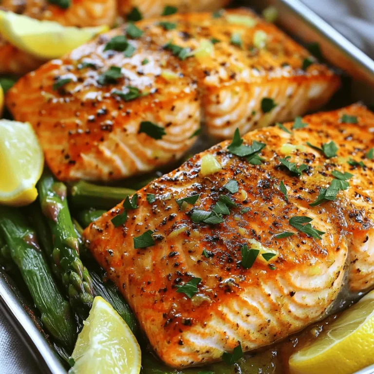 - 4 salmon fillets - 3 tablespoons olive oil - 4 cloves garlic, minced - Juice and zest of 2 lemons - 1 teaspoon dried oregano - 1 teaspoon paprika - Salt and pepper to taste - Fresh parsley, chopped, for garnish When I cook Baked Lemon Garlic Salmon, I love to use fresh ingredients. The salmon fillets provide a rich taste. The olive oil adds a smooth texture, while garlic gives it a nice kick. Lemons bring a bright flavor, making the dish feel fresh and lively. The oregano and paprika add layers of flavor. Salt and pepper enhance everything, making it all pop. Fresh parsley not only looks great but adds a burst of color. - Asparagus or quinoa for serving - Lemon wedges for garnish If you want to add more to your meal, I suggest serving it with asparagus or quinoa. They both complement the salmon well. Lemon wedges make a tasty garnish and add even more zing to every bite. For the full recipe, check out the details on how to create this easy and flavorful dish. - Preheat the oven to 400°F (200°C). - Line a baking sheet with parchment paper. Getting the oven ready is key for a perfect bake. The parchment paper helps with cleanup and keeps the fish from sticking. - Combine olive oil, garlic, lemon juice, lemon zest, oregano, paprika, salt, and pepper. Mixing these ingredients creates a flavorful marinade. The lemon juice brightens the dish while garlic adds depth. - Place salmon fillets skin-side down on the baking sheet. - Brush with the marinade and allow to marinate for 15–20 minutes. Make sure the salmon is skin-side down. This keeps the fish moist as it cooks. Letting it marinate allows the flavors to soak in nicely. - Bake in the oven for 12–15 minutes. - Check for doneness and flakiness. Baking time depends on the thickness of the fillets. Check for flakiness by gently using a fork. Once it flakes easily, it's ready to eat. Enjoy the fresh flavors from your Baked Lemon Garlic Salmon! For the complete recipe, see the Full Recipe section. To ensure your salmon cooks just right, look for flakiness. Flaky salmon means it is cooked through. You can use a fork to check this. The internal temperature should reach 145°F (63°C). This is safe and tasty. Marinating is key for flavor. I recommend marinating for at least 15–20 minutes. This lets the garlic and lemon soak in well. If you have more time, you can marinate for up to an hour. Just remember to keep it in the fridge. Grilling salmon adds a smoky flavor that many love. You can grill it on a gas or charcoal grill. Just make sure to oil the grill grate to prevent sticking. Grill for about 5–6 minutes per side. Pan-searing is another great option. It gives the salmon a crispy outside. Heat oil in a pan over medium-high heat. Place the salmon skin-side down and sear for about 4–5 minutes. Flip and cook for another 3–4 minutes. You can add more herbs and spices for a custom taste. Try dill or thyme for a fresh twist. A sprinkle of red pepper flakes can also add some heat. For a one-pan meal, add vegetables. Broccoli, asparagus, or zucchini work well. Just arrange them around the salmon on the baking sheet. They will roast nicely while the salmon cooks. For the complete recipe, check the Full Recipe section for all steps and details. {{image_2}} You can easily change the taste of baked lemon garlic salmon. For a Thai twist, try adding coconut milk and chili. This mix gives it a sweet and spicy kick. Simply pour coconut milk over the salmon before baking. Add sliced chili for heat and garnish with cilantro for a fresh touch. For a Mediterranean flair, use olives and sun-dried tomatoes. This combo adds a salty and tangy flavor. Just chop the olives and tomatoes, then sprinkle them on top of the salmon before baking. The extra flavors brighten up each bite. If you're looking for low-carb options, serve the salmon with cauliflower rice. It’s a great substitute for regular rice. Simply steam or sauté the cauliflower until soft. This pairing keeps your meal light and healthy. For gluten-free tips, ensure your marinade ingredients are gluten-free. Most olive oils and spices are safe. Serve the salmon with fresh veggies or gluten-free grains like quinoa. This way, everyone can enjoy the dish without worry. Pair your salmon with sides like steamed vegetables or rice. Broccoli, asparagus, or green beans work well. They add color and nutrition to your plate. To enhance the dish, create a lemon garlic sauce for drizzling. Mix leftover marinade with a bit of water and simmer it. This sauce adds moisture and an extra burst of flavor. For the full recipe, check the link provided. Enjoy your culinary journey! To keep your baked salmon fresh, store it in an airtight container. Make sure to cool it down first. You can place it in the fridge for up to three days. If you want to keep it longer, freezing is a good option. When reheating salmon, do it gently. I suggest using the oven or microwave. For the oven, set it to 300°F (150°C) and warm the salmon for about 10 minutes. In the microwave, cover the salmon with a damp paper towel. Heat for 30 seconds at a time until warm. This helps keep it moist and tasty. To freeze baked salmon, wrap each piece tightly in plastic wrap and then foil. This prevents freezer burn. You can freeze it for up to three months. When you’re ready to eat, thaw it in the fridge overnight. This way, it will retain its flavor and texture. For more detailed steps, check the Full Recipe for Baked Lemon Garlic Salmon. Bake salmon at 400°F for 12 to 15 minutes. This time works well for fillets that are about 1 inch thick. For thicker pieces, add a few more minutes. Check the salmon for flakiness. The fish should easily separate with a fork when done. Yes, you can marinate salmon overnight. Longer marination boosts the flavor. It allows the garlic and lemon to seep into the fish. However, be careful not to marinate too long. The acid in the lemon can change the texture of the fish, making it mushy. Serve your salmon with a range of sides. Steamed asparagus or quinoa pairs nicely. A fresh salad adds a crunchy contrast. For a heartier dish, try roasted potatoes. Lemon wedges enhance the citrus flavor of the salmon. Salmon is very healthy. It is rich in omega-3 fatty acids, which support heart health. Salmon also provides high-quality protein and essential nutrients. Eating salmon regularly can boost brain health and lower inflammation. For the complete Baked Lemon Garlic Salmon recipe details, check the [Full Recipe]. This blog post covered a simple and tasty recipe for baked lemon garlic salmon. We discussed the key ingredients and step-by-step instructions for a perfect meal. I shared tips for cooking, variations, and how to store leftovers. Salmon is not only delicious but also packed with nutrients. Remember, you can enjoy this dish in many ways. Whether you choose to grill or try different flavors, the options are endless. Now, it’s time to get cooking and savor every bite!