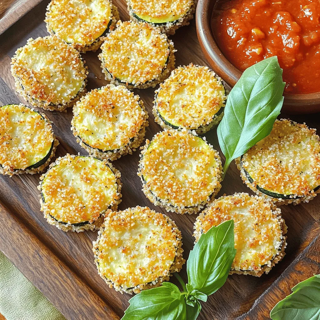 - 2 medium zucchinis - 1 cup breadcrumbs - 1/2 cup grated Parmesan cheese The main ingredients for Zucchini Parmesan Bites are simple and fresh. The zucchinis give a tender and juicy base. Breadcrumbs add crunch, while Parmesan cheese adds a rich flavor. These three items work together beautifully. - 1 teaspoon garlic powder - 1 teaspoon dried oregano - 1/2 teaspoon red pepper flakes Seasoning is key to making these bites pop. Garlic powder gives a savory taste. Oregano adds herby notes, and red pepper flakes bring a little heat. You can adjust the spices to fit your taste. - 2 large eggs - Salt and pepper to taste - Olive oil spray or drizzle - Fresh basil leaves for garnish Eggs help the coating stick. Salt and pepper enhance the flavors. Olive oil adds crispiness when baked. Finally, fresh basil gives a lovely touch for garnish. This makes your dish look and taste amazing. For the full recipe, check out the detailed steps to create these tasty bites! First, you need to preheat your oven to 425°F (220°C). This helps the bites get crispy. While the oven heats, line a baking sheet with parchment paper. This keeps the bites from sticking and makes clean-up easy. Next, grab a shallow bowl. Combine 1 cup of breadcrumbs with 1/2 cup of grated Parmesan cheese. Add 1 teaspoon of garlic powder, 1 teaspoon of dried oregano, and 1/2 teaspoon of red pepper flakes if you want some heat. Mix everything well to spread the flavors evenly. In another bowl, whisk 2 large eggs until they are fully beaten. This will be our egg wash. Now, take each zucchini round. Dip it into the egg wash, letting any extra drip off. After that, dredge it in the breadcrumb mixture. Press lightly so the coating sticks well. Repeat this until all the zucchini rounds are covered. Place them on the prepared baking sheet in a single layer. If you want extra crispiness, spray or drizzle a little olive oil on top. Bake the zucchini bites for about 20-25 minutes. Halfway through, flip them over for even browning. Once they turn golden brown and crispy, remove them from the oven. Let them cool for a couple of minutes before serving. This cooling time helps the flavors settle. Enjoy your Zucchini Parmesan Bites! For the Full Recipe, check the earlier sections. To make your Zucchini Parmesan Bites super crispy, use olive oil. A light spray or drizzle helps the coating brown evenly. This oil creates a nice crunch that you will love. Flipping the bites halfway during baking is key too. It ensures both sides get golden and crispy. You can prep these bites in advance. Slice the zucchinis and coat them with the breadcrumb mix. Store them in the fridge until you are ready to bake. This can save time on busy days. If you need to store them longer, freeze them before baking. Just remember to thaw them before popping them in the oven. These bites shine when served with marinara sauce. The tangy sauce adds a great flavor boost. For a lovely presentation, arrange the bites on a platter. Garnish with fresh basil leaves for color and freshness. This makes your dish look even more inviting. Enjoy these tasty treats at your next gathering! {{image_2}} For cheesy zucchini bites, you can mix in different cheeses. Cheddar, mozzarella, or even feta adds unique flavors. Each cheese brings a different taste and texture. You can also combine fresh herbs like thyme or parsley. This mix gives the bites a fresh and vibrant twist. Want some heat? Increase the red pepper flakes. This adds a nice kick to each bite. You can also use hot sauce in the egg wash. This gives you a spicy zing right from the start. Just be careful not to overdo it if you want to keep some heat for later. If you need a gluten-free option, simply swap breadcrumbs for almond flour. This change keeps the bites crispy without gluten. You can also look for gluten-free breadcrumbs in stores. This way, everyone can enjoy these tasty treats without worry. These variations let you play with flavors and textures. Each choice makes your zucchini bites special and fun! Check out the Full Recipe for more ideas and tips. To store your Zucchini Parmesan Bites, let them cool first. Place leftovers in an airtight container. They will stay fresh for about 3 days in your fridge. When ready to eat, just reheat them in the oven for a few minutes. This keeps them crispy! You can freeze these bites before baking. Just coat the zucchini as usual, then place them on a baking sheet. Freeze them until solid, then transfer to a freezer bag. They can stay in the freezer for up to 2 months. When you want to eat them, take out how many you need. Thaw them in the fridge overnight. Then, bake them as the recipe says. This way, you enjoy crispy bites anytime! You can use frozen zucchini, but the texture will change. Frozen zucchini has a higher water content. This can make your bites soggy instead of crispy. Fresh zucchini provides a better crunch. If you use frozen, let it thaw and squeeze out excess water before coating. These bites pair well with many dips. Marinara sauce is a classic choice. You can also try ranch dressing or a zesty garlic aioli. For a healthy touch, serve them with a side salad or some fresh veggies. To make these bites vegan, swap the eggs for flax eggs. Mix one tablespoon of flaxseed meal with three tablespoons of water. Let it sit until it thickens. For cheese, use nutritional yeast or vegan cheese. Both options will keep the taste great. Yes, you can air fry Zucchini Parmesan Bites! Preheat your air fryer to 400°F (200°C). Place the coated bites in a single layer. Cook for about 12-15 minutes. Flip them halfway for even cooking. This makes them crispier and reduces cooking time. Zucchini Parmesan Bites are low in calories and high in nutrients. Each bite has healthy fiber and vitamins. They are a great snack or side. A serving typically has around 150 calories, depending on the amounts used. Enjoy them guilt-free! You can find the Full Recipe in this article. It includes all the steps and details needed to make these delicious bites. Zucchini Parmesan Bites are easy and fun to make. We covered ingredients, steps, and tips for crispiness. Plus, I shared variations and storage info for leftovers. These bites are tasty and healthy. Enjoy them with sauces or on their own. Whether you bake, air fry, or try new flavors, make this recipe yours. You’ll impress your family and friends with your cooking skills. Now, it’s time to get cooking and enjoy your delicious bites!