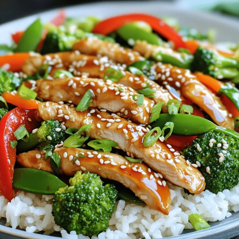 - 1 lb (450g) chicken breast, thinly sliced - 2 tablespoons vegetable oil - 1 cup broccoli florets - 1 red bell pepper, sliced - 1 cup snap peas - 2 cloves garlic, minced - 1 inch ginger, grated - 1/4 cup teriyaki sauce (store-bought or homemade) For this dish, I love using chicken breast. It cooks quickly and stays juicy. The mix of broccoli, red bell pepper, and snap peas adds great color and crunch. These veggies are packed with nutrients too. The teriyaki sauce brings a sweet and savory flavor that ties everything together. - 2 tablespoons sesame seeds - 3 green onions, chopped The final touch is all about garnishes. Sesame seeds add a nice crunch and nutty taste. Green onions give a fresh bite, making the dish pop. These simple additions enhance the look and flavor. - Cooked jasmine rice I recommend serving this stir-fry over fluffy jasmine rice. The rice soaks up the teriyaki sauce perfectly. Plus, it makes for a hearty meal. You can find the full recipe [Full Recipe] to guide you through the steps. - Marinating the chicken Start with 1 pound of thinly sliced chicken breast. In a bowl, mix the chicken with 1 tablespoon of vegetable oil, salt, and pepper. Let it sit for about 15 minutes. This helps the chicken absorb flavor. - Seasoning tips Use a light hand with seasoning. You want the teriyaki sauce to shine. A pinch of salt and pepper is enough. You can add a bit of garlic powder if you like. - Heating the pan Take a large skillet or wok. Heat 1 tablespoon of vegetable oil over medium-high heat. You want it hot enough to sizzle but not smoke. - Stir-frying the chicken Add the marinated chicken to the pan. Stir-fry for 5 to 7 minutes. Cook until the chicken is no longer pink. This keeps the meat juicy and tender. - Incorporating garlic and ginger Next, add 2 cloves of minced garlic and 1 inch of grated ginger. Stir them in for about 30 seconds. This step fills your kitchen with a wonderful aroma. - Cooking the vegetables Toss in 1 cup of broccoli florets, sliced red bell pepper, and 1 cup of snap peas. Stir-fry for 3 to 4 minutes. The veggies should be bright and tender but still crisp. - Adding the teriyaki sauce Pour in 1/4 cup of teriyaki sauce. Toss everything together to coat the chicken and veggies well. Cook for another 2 minutes to warm the sauce through. - Garnishing with sesame seeds and green onions Remove the pan from the heat. Sprinkle 2 tablespoons of sesame seeds and 3 chopped green onions on top. This adds a fresh touch to your dish. Now your Teriyaki Chicken Stir-Fry is ready to serve! Enjoy this colorful and tasty meal over jasmine rice. For the full recipe, check out the detailed instructions above. - To ensure chicken is cooked thoroughly, use a meat thermometer. Aim for 165°F (75°C). - Keep your vegetables crisp by using high heat during cooking. Stir-fry quickly for the best texture. - For a tasty homemade teriyaki sauce, mix soy sauce, honey, ginger, and garlic. - Add spice with red pepper flakes or black pepper to boost the flavor. - Marinate the chicken for 15 minutes before cooking. - Stir-fry the chicken for 5-7 minutes until cooked through and no longer pink. - Cook the vegetables for 3-4 minutes, keeping them tender-crisp. - Heat the sauce with the stir-fry for 2 more minutes to blend flavors. For the full recipe, check out the detailed instructions above. Enjoy your cooking! {{image_2}} You can switch chicken for other proteins. Tofu is a great choice if you want a vegetarian meal. It soaks up the sauce well. Shrimp is another option. It cooks quickly and adds a nice flavor. If you prefer meat, beef or pork work well too. Thinly slice them for quick cooking. Both add a hearty bite to your stir-fry. Feel free to mix in other veggies. Carrots, snow peas, or bell peppers add color and crunch. You can also use seasonal ingredients. In the fall, add squash or mushrooms. In the spring, try asparagus or green beans. This keeps your dish fresh and exciting. You can make this dish fit your diet. For a gluten-free option, choose gluten-free teriyaki sauce. You can easily find this in stores. If you are watching carbs, use cauliflower rice instead of jasmine rice. This adds flavor without the extra carbs. Feel free to adjust based on your needs and tastes. For the full recipe, check the earlier sections! To keep your teriyaki chicken stir-fry fresh, follow these tips: - Refrigeration Guidelines: Store your stir-fry in the fridge within two hours of cooking. Use a covered container. It stays good for up to four days. - Container Recommendations: Choose an airtight container. Glass or plastic containers work well. They keep moisture in and odors out. When it’s time to enjoy leftovers, reheating is key: - Best Methods: Use a skillet or a microwave. For the skillet, add a splash of water to steam the chicken. For the microwave, cover it to keep it moist. - Tips to Maintain Texture: Stir occasionally when reheating. This helps keep the chicken and veggies from getting mushy. Freezing is a great way to save your stir-fry for another day: - How to Freeze Teriyaki Chicken Stir-Fry: Let it cool first. Then, place it in a freezer-safe container. Leave some space for expansion. It can last up to three months. - Thawing and Reheating Tips: Thaw overnight in the fridge. Reheat in a skillet for best results. Avoid the microwave if you want to keep the texture nice. For the full recipe, check out the Teriyaki Chicken Stir-Fry. Can I make teriyaki chicken stir-fry ahead of time? Yes, you can make this dish ahead. Cook the chicken and veggies, then store them. Keep the teriyaki sauce separate until serving. This helps keep the flavors fresh and the veggies crisp. What can I serve with teriyaki chicken stir-fry? Serve it with cooked jasmine rice. You can also add a side salad or spring rolls. These pair well and add variety to your meal. How do I prevent the chicken from getting dry? To keep chicken moist, marinate it before cooking. Use oil and a pinch of salt. Stir-fry it quickly over high heat until it’s just cooked through. What type of pan is best for stir-fry? A large skillet or wok works best. These pans heat evenly and give you space to toss ingredients. A non-stick surface helps too, making it easy to stir without sticking. Can I use store-bought teriyaki sauce? Yes, store-bought teriyaki sauce is a quick option. It saves time and still tastes great. Look for low-sodium options if you want a lighter flavor. What are some healthy alternatives to jasmine rice? Consider brown rice or quinoa for a healthier choice. Both add fiber and nutrients. Cauliflower rice is another great low-carb option, perfect for a lighter meal. Explore the [Full Recipe] for all the steps to make this delicious dish! In summary, this blog post guides you through making a tasty teriyaki chicken stir-fry. We explored the main ingredients, cooking steps, and useful tips to ensure your dish is flavorful. Remember, you can also swap proteins or veggies to suit your diet. Storing and reheating your stir-fry properly keeps it fresh and delicious. Feel confident trying this recipe and making it your own. Enjoy your cooking and the yummy meals ahead!