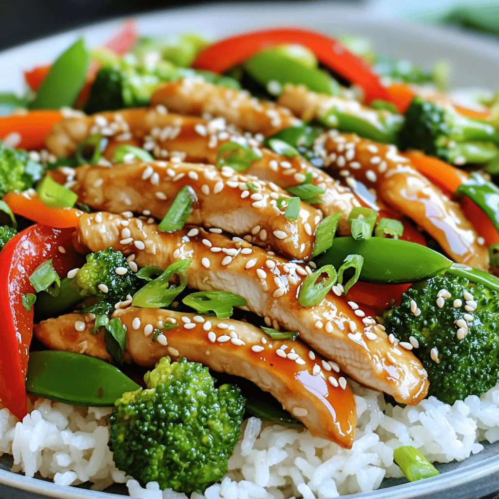 - 1 lb (450g) chicken breast, thinly sliced - 2 tablespoons vegetable oil - 1 cup broccoli florets - 1 red bell pepper, sliced - 1 cup snap peas - 2 cloves garlic, minced - 1 inch ginger, grated - 1/4 cup teriyaki sauce (store-bought or homemade) For this dish, I love using chicken breast. It cooks quickly and stays juicy. The mix of broccoli, red bell pepper, and snap peas adds great color and crunch. These veggies are packed with nutrients too. The teriyaki sauce brings a sweet and savory flavor that ties everything together. - 2 tablespoons sesame seeds - 3 green onions, chopped The final touch is all about garnishes. Sesame seeds add a nice crunch and nutty taste. Green onions give a fresh bite, making the dish pop. These simple additions enhance the look and flavor. - Cooked jasmine rice I recommend serving this stir-fry over fluffy jasmine rice. The rice soaks up the teriyaki sauce perfectly. Plus, it makes for a hearty meal. You can find the full recipe [Full Recipe] to guide you through the steps. - Marinating the chicken Start with 1 pound of thinly sliced chicken breast. In a bowl, mix the chicken with 1 tablespoon of vegetable oil, salt, and pepper. Let it sit for about 15 minutes. This helps the chicken absorb flavor. - Seasoning tips Use a light hand with seasoning. You want the teriyaki sauce to shine. A pinch of salt and pepper is enough. You can add a bit of garlic powder if you like. - Heating the pan Take a large skillet or wok. Heat 1 tablespoon of vegetable oil over medium-high heat. You want it hot enough to sizzle but not smoke. - Stir-frying the chicken Add the marinated chicken to the pan. Stir-fry for 5 to 7 minutes. Cook until the chicken is no longer pink. This keeps the meat juicy and tender. - Incorporating garlic and ginger Next, add 2 cloves of minced garlic and 1 inch of grated ginger. Stir them in for about 30 seconds. This step fills your kitchen with a wonderful aroma. - Cooking the vegetables Toss in 1 cup of broccoli florets, sliced red bell pepper, and 1 cup of snap peas. Stir-fry for 3 to 4 minutes. The veggies should be bright and tender but still crisp. - Adding the teriyaki sauce Pour in 1/4 cup of teriyaki sauce. Toss everything together to coat the chicken and veggies well. Cook for another 2 minutes to warm the sauce through. - Garnishing with sesame seeds and green onions Remove the pan from the heat. Sprinkle 2 tablespoons of sesame seeds and 3 chopped green onions on top. This adds a fresh touch to your dish. Now your Teriyaki Chicken Stir-Fry is ready to serve! Enjoy this colorful and tasty meal over jasmine rice. For the full recipe, check out the detailed instructions above. - To ensure chicken is cooked thoroughly, use a meat thermometer. Aim for 165°F (75°C). - Keep your vegetables crisp by using high heat during cooking. Stir-fry quickly for the best texture. - For a tasty homemade teriyaki sauce, mix soy sauce, honey, ginger, and garlic. - Add spice with red pepper flakes or black pepper to boost the flavor. - Marinate the chicken for 15 minutes before cooking. - Stir-fry the chicken for 5-7 minutes until cooked through and no longer pink. - Cook the vegetables for 3-4 minutes, keeping them tender-crisp. - Heat the sauce with the stir-fry for 2 more minutes to blend flavors. For the full recipe, check out the detailed instructions above. Enjoy your cooking! {{image_2}} You can switch chicken for other proteins. Tofu is a great choice if you want a vegetarian meal. It soaks up the sauce well. Shrimp is another option. It cooks quickly and adds a nice flavor. If you prefer meat, beef or pork work well too. Thinly slice them for quick cooking. Both add a hearty bite to your stir-fry. Feel free to mix in other veggies. Carrots, snow peas, or bell peppers add color and crunch. You can also use seasonal ingredients. In the fall, add squash or mushrooms. In the spring, try asparagus or green beans. This keeps your dish fresh and exciting. You can make this dish fit your diet. For a gluten-free option, choose gluten-free teriyaki sauce. You can easily find this in stores. If you are watching carbs, use cauliflower rice instead of jasmine rice. This adds flavor without the extra carbs. Feel free to adjust based on your needs and tastes. For the full recipe, check the earlier sections! To keep your teriyaki chicken stir-fry fresh, follow these tips: - Refrigeration Guidelines: Store your stir-fry in the fridge within two hours of cooking. Use a covered container. It stays good for up to four days. - Container Recommendations: Choose an airtight container. Glass or plastic containers work well. They keep moisture in and odors out. When it’s time to enjoy leftovers, reheating is key: - Best Methods: Use a skillet or a microwave. For the skillet, add a splash of water to steam the chicken. For the microwave, cover it to keep it moist. - Tips to Maintain Texture: Stir occasionally when reheating. This helps keep the chicken and veggies from getting mushy. Freezing is a great way to save your stir-fry for another day: - How to Freeze Teriyaki Chicken Stir-Fry: Let it cool first. Then, place it in a freezer-safe container. Leave some space for expansion. It can last up to three months. - Thawing and Reheating Tips: Thaw overnight in the fridge. Reheat in a skillet for best results. Avoid the microwave if you want to keep the texture nice. For the full recipe, check out the Teriyaki Chicken Stir-Fry. Can I make teriyaki chicken stir-fry ahead of time? Yes, you can make this dish ahead. Cook the chicken and veggies, then store them. Keep the teriyaki sauce separate until serving. This helps keep the flavors fresh and the veggies crisp. What can I serve with teriyaki chicken stir-fry? Serve it with cooked jasmine rice. You can also add a side salad or spring rolls. These pair well and add variety to your meal. How do I prevent the chicken from getting dry? To keep chicken moist, marinate it before cooking. Use oil and a pinch of salt. Stir-fry it quickly over high heat until it’s just cooked through. What type of pan is best for stir-fry? A large skillet or wok works best. These pans heat evenly and give you space to toss ingredients. A non-stick surface helps too, making it easy to stir without sticking. Can I use store-bought teriyaki sauce? Yes, store-bought teriyaki sauce is a quick option. It saves time and still tastes great. Look for low-sodium options if you want a lighter flavor. What are some healthy alternatives to jasmine rice? Consider brown rice or quinoa for a healthier choice. Both add fiber and nutrients. Cauliflower rice is another great low-carb option, perfect for a lighter meal. Explore the [Full Recipe] for all the steps to make this delicious dish! In summary, this blog post guides you through making a tasty teriyaki chicken stir-fry. We explored the main ingredients, cooking steps, and useful tips to ensure your dish is flavorful. Remember, you can also swap proteins or veggies to suit your diet. Storing and reheating your stir-fry properly keeps it fresh and delicious. Feel confident trying this recipe and making it your own. Enjoy your cooking and the yummy meals ahead!
